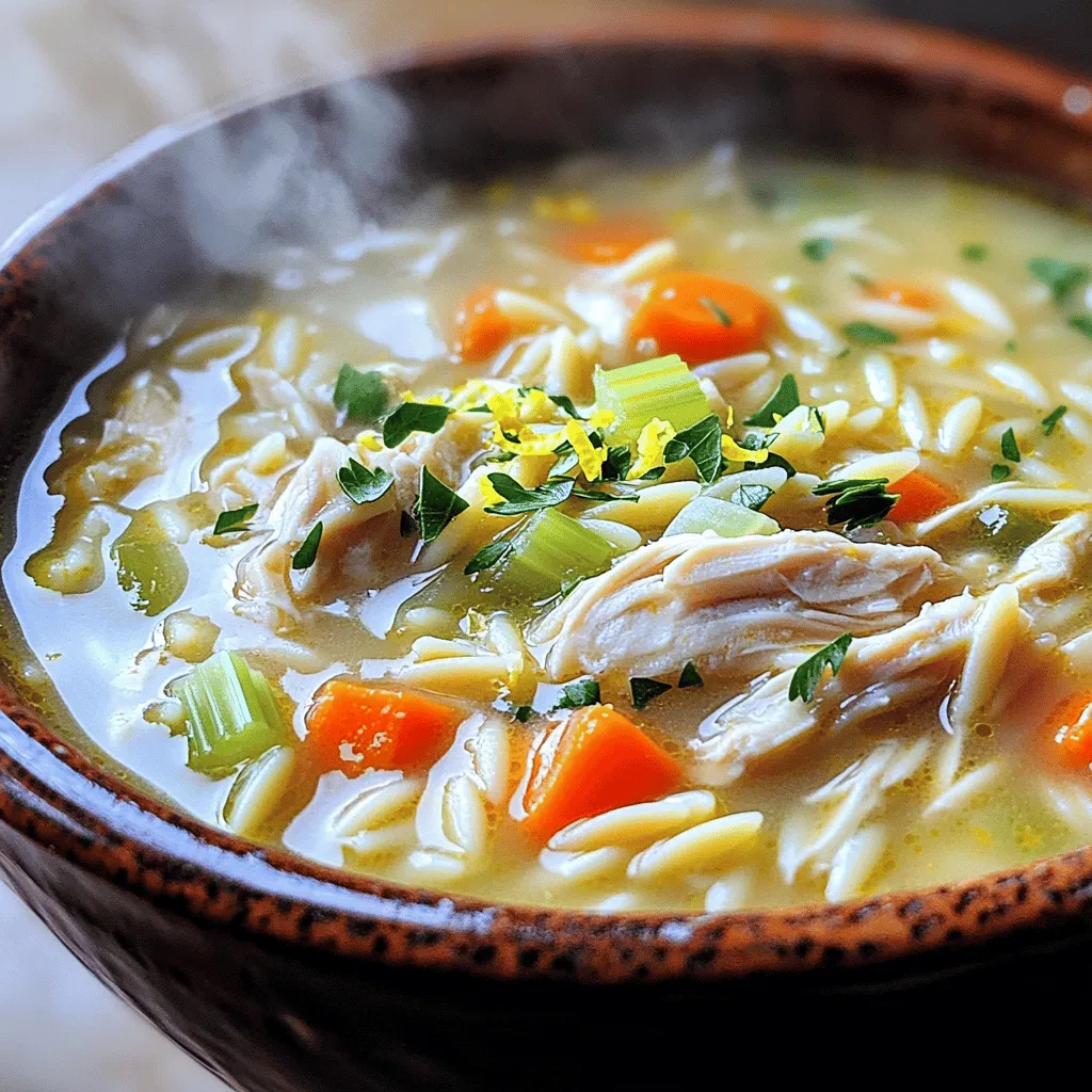 To make a hearty and easy Creamy Lemon Chicken Orzo Soup, gather your ingredients. Each part adds flavor and richness. Here’s what you need: - Chicken and Aromatics - 1 pound boneless, skinless chicken breasts - 1 tablespoon olive oil - 1 medium onion, diced - 2 cloves garlic, minced - 2 medium carrots, diced - 2 celery stalks, diced - Broth and Pasta - 8 cups chicken broth - 1 cup orzo pasta - Creamy and Flavorful Additions - 1 cup heavy cream - Zest and juice of 1 lemon - 1 teaspoon dried thyme - Salt and pepper to taste - Fresh parsley, chopped (for garnish) These ingredients come together to create a warm and satisfying dish. The chicken provides protein, while the orzo adds a comforting texture. The lemon brightens the soup and gives it a fresh taste. This recipe is simple yet packed with flavor. For the complete guide, check the Full Recipe. Preparing the Pot and Initial Ingredients Start by heating olive oil in a large pot over medium heat. Add the diced onion and sauté it for about 3-4 minutes. You want the onion to be soft and clear. Then, toss in the minced garlic, diced carrots, and celery. Cook this mix for about 5 minutes. Stir it often to keep it from sticking. Cooking the Chicken and Vegetables Next, season the chicken breasts with salt and pepper. Add them to the pot and pour in the chicken broth. Bring everything to a boil. Once it boils, lower the heat to a simmer and cover. Let the chicken cook for 15-20 minutes. Check that it is cooked through. Remove the chicken from the pot and let it cool a bit. Combining Ingredients and Finalizing the Soup While the chicken cools, add the orzo pasta to the pot. Cook it according to the package directions, usually about 8-10 minutes. When the orzo is ready, shred the chicken using two forks. Stir in the heavy cream, lemon zest, lemon juice, and dried thyme. Return the shredded chicken to the pot and heat it all together. Adjust the seasoning with more salt and pepper if you like. Serve the soup hot, garnished with fresh parsley. For the full recipe, check the earlier section. Achieving the Right Consistency To get the perfect creamy texture, focus on your broth and cream ratio. Start with eight cups of broth for a rich base. Add one cup of heavy cream for creaminess. Stir it well to blend. If you want it thicker, let it simmer longer after adding the cream. You can also add more orzo to thicken it, but watch the cooking time. Adding Flavor Boosters Enhance the taste with fresh herbs. Try adding thyme, dill, or basil. Fresh herbs give a bright flavor. You can also add a splash of white wine when cooking. This adds depth. For extra zing, squeeze more lemon juice before serving. The zest also adds a nice touch. Making It Kid-Friendly Kids often love creamy soups. To make it even more appealing, cut the carrots and celery into small pieces. This helps them blend in. You can also reduce the lemon juice if kids find it too tart. Serve with crusty bread for dipping. This makes it fun and tasty! For the full recipe, check out the [Full Recipe]. {{image_2}} When making creamy lemon chicken orzo soup, feel free to experiment with the ingredients. Here are some fun swaps that can give your soup a new twist. You can use other proteins instead of chicken. Try turkey, shrimp, or tofu. Each option brings a different taste and texture. If you choose shrimp, cook it for just a few minutes. For tofu, add it in the last few minutes of cooking to warm it through. If you want to change up the veggies, go ahead! Use bell peppers, spinach, or peas for color and flavor. Broccoli or zucchini work great too. Just chop them small so they cook evenly. Adding in fresh herbs like basil or dill can also enhance the soup. Orzo is great, but other small pasta shapes work too. Try ditalini or acini di pepe for fun alternatives. If you prefer a gluten-free option, use rice or gluten-free pasta. Just remember to adjust the cooking time based on what you use. These swaps can make your creamy lemon chicken orzo soup unique. For the full recipe, check out the link. Enjoy crafting your version! Refrigeration Guidelines After you finish your meal, let the soup cool. Then, store it in an airtight container. It will last in the fridge for about 3 to 4 days. Make sure to keep it sealed to keep the flavors fresh. Freezing Tips If you want to save some for later, freezing is a great option. Pour the cooled soup into freezer-safe bags or containers. Leave some space at the top, as the soup will expand when frozen. You can freeze it for up to 3 months. When you are ready to eat it, thaw it in the fridge overnight. Reheating Instructions To reheat your soup, pour it into a pot. Warm it over medium heat until it bubbles. Stir it often to keep it from sticking. If it looks too thick, add a splash of chicken broth or water to get the right texture. For a quick method, you can also use the microwave. Heat it in a microwave-safe bowl, stirring every minute, until hot. Now you can enjoy your creamy lemon chicken orzo soup anytime with these simple storage tips! For the full recipe, check out the main article. To make the soup dairy-free, swap heavy cream with coconut milk or a nut-based milk. Use a creamy almond or cashew milk for a rich flavor. This change keeps the soup smooth and adds a hint of sweetness. You might also want to add a bit of lemon zest for extra flavor. This way, you can enjoy the creamy lemon taste without dairy. Yes, you can use cooked chicken. Just shred or chop the cooked chicken into bite-sized pieces. Add it to the soup near the end of cooking. This keeps it moist and warm without overcooking it. Using cooked chicken saves time and still gives you a great meal. This soup pairs well with a crusty bread or a fresh salad. A simple green salad adds crunch and freshness. You can also serve it with garlic bread for a filling meal. Both options complement the lemony flavor of the soup perfectly. For the full recipe, check out the detailed instructions above. This blog post guides you in crafting a creamy lemon chicken orzo soup. You learned about the key ingredients, step-by-step preparation, and tips to perfect your soup. I shared ways to swap ingredients and store your leftovers effectively. Remember, cooking is fun! Don't be afraid to try new things. Enjoy this warming dish, and make it your own. Happy cooking!