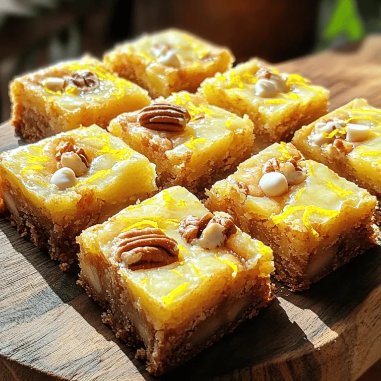 - 1 cup unsalted butter, melted - 1 ½ cups brown sugar, packed - 2 large eggs - 1 tablespoon vanilla extract - Zest of 2 lemons - ½ cup fresh lemon juice - 1 ½ cups all-purpose flour - ½ teaspoon baking powder - ½ teaspoon salt - 1 cup white chocolate chips - ½ cup chopped pecans (optional) You can swap unsalted butter with coconut oil or vegetable oil. This will change the flavor a bit, but it works. If you want to cut sugar, use maple syrup or honey. Keep in mind that you might need less liquid in your mix. For eggs, a banana or applesauce can work well. Use ¼ cup of either for each egg. This will make your blondies moist and tasty. Fresh lemon juice has a bright, lively flavor. It gives your blondies a zesty kick. Bottled lemon juice is convenient but lacks intensity. I recommend using fresh juice and zest for the best taste. When you can, always choose fresh lemons for your baking. They truly make a difference in your dish. To start, preheat your oven to 350°F (175°C). This helps your blondies bake evenly. While the oven heats, grease a 9x13 inch baking dish. You can also line it with parchment paper for easy removal later. Next, mix the wet ingredients. In a large bowl, combine 1 cup of melted unsalted butter with 1 ½ cups of packed brown sugar. Whisk them together until smooth. Then, add 2 large eggs, one at a time, mixing well after each addition. Stir in 1 tablespoon of vanilla extract. Don’t forget to add the zest of 2 lemons and ½ cup of fresh lemon juice. This gives your blondies a bright, zesty flavor! Now, let’s combine the dry ingredients. In a separate bowl, whisk together 1 ½ cups of all-purpose flour, ½ teaspoon of baking powder, and ½ teaspoon of salt. This ensures that your blondies rise well. Gradually fold the dry mixture into the wet mixture. Do this gently until just combined. Be careful not to overmix, or your blondies may become tough. After that, fold in 1 cup of white chocolate chips and, if you like, ½ cup of chopped pecans. This adds a nice crunch! Pour your batter into the prepared baking dish. Spread it out evenly. Now, it’s time to bake! Place the dish in your preheated oven and bake for 25-30 minutes. The edges should turn lightly browned. To check for doneness, insert a toothpick into the center. It should come out with a few moist crumbs, not wet batter. Once baked, remove the dish from the oven. Let it cool in the pan for about 15 minutes. After that, transfer the blondies to a wire rack to cool completely. Once cooled, cut them into squares and enjoy your delicious chewy lemon blondies! For the full recipe, refer back to the ingredients and instructions provided. To get the best chewy texture, watch out for signs of overmixing. Overmixing can make your blondies tough. Mix only until the dry ingredients combine with the wet ingredients. The batter should look thick and slightly lumpy. Cooling time is also key. Let the blondies cool for about 15 minutes in the pan. This helps them set properly. If you cut them too early, they may crumble. You can boost the flavor by adding a splash of vanilla extract. It works well with lemon. You may also add extra lemon zest for a stronger citrus taste. Consider pairing your blondies with toppings. A simple lemon glaze can make them even more delightful. You can also serve them with whipped cream or fresh berries for a fun twist. For baking, a 9x13 inch baking dish works best. This size gives the blondies even thickness. You can also use glass, metal, or ceramic, but adjust the baking time as needed. Essential tools for this recipe include a whisk for mixing and a rubber spatula for folding. A toothpick is great to test for doneness. Always prepare your baking dish by greasing it or using parchment paper. This step makes it easier to remove the blondies later. Try this simple yet rewarding recipe for chewy lemon blondies. You’ll love the bright taste and texture! For the full recipe, check out the section above. {{image_2}} You can switch up the flavor of your chewy lemon blondies. Adding other citrus fruits like lime or orange gives a new twist. Simply replace some lemon juice and zest with your chosen fruit. This adds a unique taste while keeping it bright and tangy. You can also play with spices. A pinch of cinnamon or ginger can warm up the flavor. Try adding cardamom for an exotic touch. These small changes can make a big difference in taste. Want a gluten-free option? You can use almond flour or a gluten-free flour blend instead of all-purpose flour. This keeps the blondies chewy and delicious without the gluten. If you follow a vegan diet, you can replace eggs with flax eggs. Mix one tablespoon of ground flaxseed with three tablespoons of water. Let it sit for a few minutes to thicken. Use this mix in place of each egg for a perfect vegan blondie. Mix-ins can take your blondies to the next level. You can use dark chocolate chips or milk chocolate chips instead of white chocolate. Each type adds its own special flavor. Dried fruits like cranberries or apricots also make great additions. They add a chewy texture and a bit of sweetness. Nuts like walnuts or almonds can bring in a nice crunch. Choose what you love to make your blondies even more fun. For the full recipe, check out the earlier section. To keep your chewy lemon blondies fresh, use an airtight container. Glass or plastic containers work well. You can also use foil or plastic wrap if you don't have one. Blondies can stay at room temperature for up to three days. If you want to keep them longer, store them in the fridge. They will last for about a week in the fridge. Just remember, cold blondies might lose some of their soft texture. You can freeze chewy lemon blondies for later enjoyment. First, let them cool completely. Then, cut them into squares. Wrap each square tightly in plastic wrap. After that, place them in a freezer-safe bag or container. They will stay fresh for up to three months in the freezer. To enjoy, take out the blondies and let them thaw in the fridge overnight. For a quick thaw, you can leave them at room temperature for a few hours. In the fridge, chewy lemon blondies last about seven days. In the freezer, they can last up to three months. Keep an eye out for signs of spoilage. If you see mold, or if they smell off, it’s best to toss them. Fresh blondies should have a soft and chewy texture. If they become dry or hard, they may not taste as good. Enjoy your blondies while they’re still fresh for the best flavor! Chewy lemon blondies are a sweet treat that blend rich, buttery flavors with bright lemon zest. They are soft and chewy, much like a brownie but with a sunny lemon twist. The blondies feature white chocolate chips that add a sweet touch. The lemon juice brings a refreshing zing, making each bite delightful. Yes, you can make these blondies ahead of time. You can bake them a day or two before serving. Just let them cool completely and store them in an airtight container. This keeps them fresh and chewy. If you want to enjoy them warm, you can reheat them for a few seconds in the microwave. Absolutely! You can replace unsalted butter with coconut oil for a dairy-free option. Brown sugar can be swapped for coconut sugar if you prefer. For egg replacements, try using applesauce or flaxseed meal mixed with water. These changes will still give you tasty blondies. To check if your blondies are done, insert a toothpick into the center. If it comes out with a few moist crumbs, they are ready. The edges should look slightly golden, while the center remains soft. Avoid overbaking; you want them chewy, not dry. You now have a clear roadmap for making delicious Chewy Lemon Blondies. We covered ingredients, including swaps for butter and sugar. Fresh lemon juice truly shines over bottled options. Step-by-step, you learned to mix, bake, and enhance these treats. Remember, texture is key, and don’t skip cooling time! Feel free to experiment with flavors and mix-ins. Lastly, store wisely to keep them fresh and tasty. With this guide, you can whip up a batch that delights every time. Happy baking!