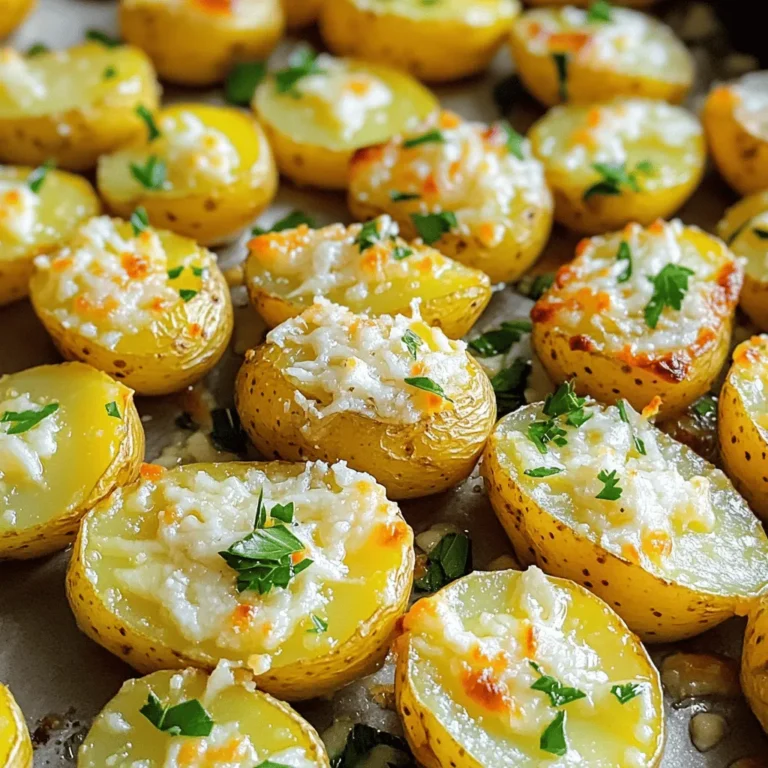 - 2 lbs baby potatoes - 6 cloves garlic - 1/2 cup grated Parmesan cheese - 1/4 cup olive oil The key to great Roasted Garlic Parmesan Potatoes lies in the main ingredients. Baby potatoes shine with their smooth texture and mild taste. Garlic adds a rich, savory flavor that balances well with the cheese. Parmesan cheese brings a salty, nutty touch, while olive oil helps achieve that perfect golden crust. - 1 tablespoon dried Italian herbs - Salt and pepper to taste - Fresh parsley for garnish To add more depth, I use dried Italian herbs. This mix of oregano, thyme, and basil enhances the dish's flavor. Salt and pepper are essential to bring out all the tastes. Finally, I love to sprinkle fresh parsley on top. It adds a pop of color and freshness, making the dish look inviting. For the full recipe, check out the detailed instructions. You’ll love how easy it is to make this dish! 1. First, preheat your oven to 425°F (220°C). This step is key to crisping the potatoes. 2. Next, grab a large mixing bowl. Add the halved baby potatoes, minced garlic, olive oil, dried Italian herbs, salt, and pepper. Toss everything together. Make sure the potatoes get a good coat of flavor. 1. Now, spread the potato mixture onto a baking sheet. Arrange them in a single layer. This helps them cook evenly. 2. Roast in the preheated oven for about 25 minutes. Stir halfway through. Look for golden brown and tender potatoes. 3. After 25 minutes, take the baking sheet out. Sprinkle the grated Parmesan cheese over the potatoes. Return to the oven for another 5-7 minutes. You want the cheese to melt and get a little crispy. 1. Once done, take the potatoes out and let them cool for a couple of minutes. Garnish with fresh chopped parsley for a pop of color. 2. These potatoes pair well with grilled chicken or a fresh salad. Enjoy! For a detailed guide, check out the Full Recipe. To get that perfect crispy bite, keep your oven at 425°F. This hot temperature helps the potatoes brown well. When you place your potatoes on the baking sheet, spread them out. Give them space to breathe. If you crowd them, they will steam instead of crisp. A single layer works best for a crunchy finish. To make your potatoes pop, think about adding herbs. Fresh rosemary or thyme can elevate the taste. You can also try paprika for a bit of heat. If you want to switch up the cheese, consider using asiago or cheddar. Each cheese brings a different flavor. This way, you can customize your dish to your liking. For more ideas, check the Full Recipe for extra tips. {{image_2}} You can switch up the potatoes for this dish. Try using Yukon Gold or red potatoes. Yukon Gold potatoes have a buttery taste. They cook well and get creamy inside. Red potatoes stay firm and add a nice color. Both types work great with garlic and cheese. You can cut them into chunks or wedges. The shape does not matter too much. Just make sure they are all about the same size. This ensures even cooking and crispy edges. If you follow a keto diet, you can still enjoy these potatoes. Instead of regular potatoes, use cauliflower. Cauliflower gives you a similar texture without the carbs. Simply cut it into florets and roast it like the potatoes. You can add the same garlic and cheese for flavor. For a vegan version, skip the Parmesan cheese. Instead, use nutritional yeast to add a cheesy taste. You can also sprinkle some vegan cheese on top. It melts well and gives a creamy finish. These options let everyone enjoy the dish while keeping their diets in mind. For the full recipe, check out the complete steps to make Roasted Garlic Parmesan Potatoes. To store leftovers, let the potatoes cool first. Place them in an airtight container. They will stay fresh for up to three days in the fridge. If you want to enjoy them later, try not to mix them with other foods. This helps keep their taste strong. For the best taste, reheat in the oven. Preheat the oven to 350°F (175°C). Spread the potatoes on a baking sheet. Heat for about 10-15 minutes, until warm. You can also use a microwave. If you do, heat in short bursts to avoid soggy potatoes. Yes, you can freeze Roasted Garlic Parmesan Potatoes. Place cooled leftovers in a freezer-safe bag. They can last up to two months in the freezer. When you’re ready to eat, thaw in the fridge overnight. Then, reheat as mentioned for the best flavor. Roasted Garlic Parmesan Potatoes are tasty, crispy, and cheesy. This dish combines soft baby potatoes with the rich flavors of roasted garlic and salty Parmesan cheese. Each bite delivers warmth and a burst of flavor. You will savor the mix of garlic and herbs with every forkful. Yes, you can make these potatoes ahead of time. Prepare them the day before and store them in the fridge. Just make sure they cool completely before you cover them. When you are ready to eat, pop them in the oven. This will warm them up and bring back that crispy texture. Roasted Garlic Parmesan Potatoes can last up to three days in the fridge. Always check for signs of spoilage. If they smell bad or look slimy, it's best to toss them. Proper storage helps keep them fresh longer. These potatoes work great as a side dish. Serve them with grilled chicken, steak, or fish. They also pair well with salads, like a fresh garden salad or Caesar salad. The creamy and cheesy flavor complements a variety of main courses. You can find the full recipe for Roasted Garlic Parmesan Potatoes right here! This will guide you through each step to make this dish perfect every time. In this post, we explored a tasty recipe for Roasted Garlic Parmesan Potatoes. We covered the main ingredients, seasoning, and preparing the dish. I shared tips for crispiness and flavor that make a big difference. You can try variations with different potatoes and dietary needs. Lastly, we talked about storing leftovers and reheating them. Enjoy making this dish, whether for a quick meal or a special occasion!
