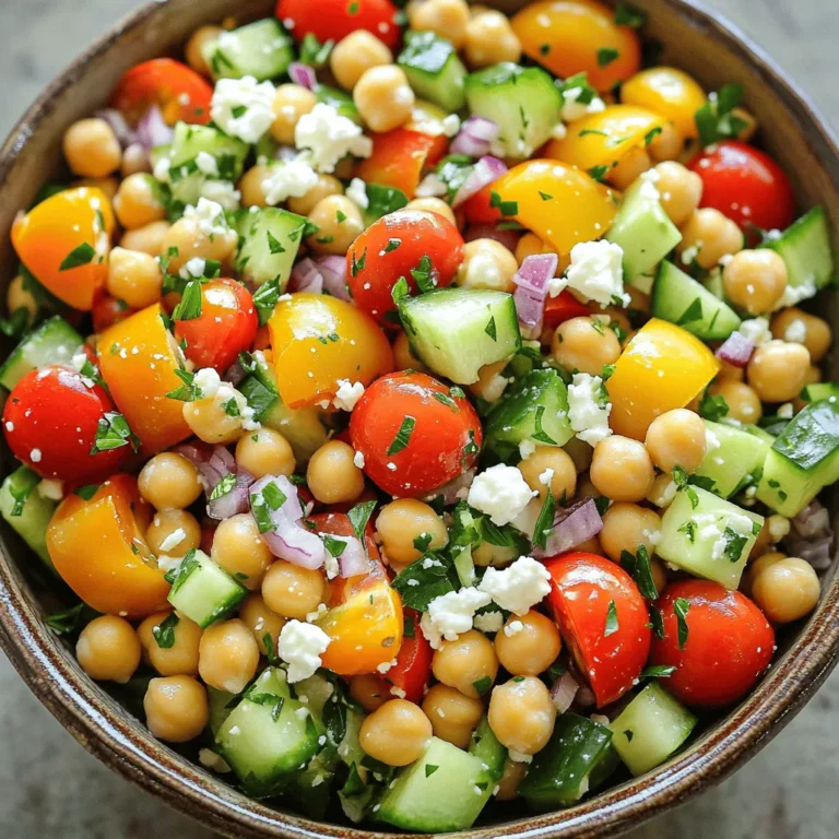 - 1 can (15 oz) chickpeas, drained and rinsed - 1 cup cherry tomatoes, halved - 1 cucumber, diced - 1 bell pepper (red or yellow), diced - 1/2 red onion, finely chopped - 1/2 cup Kalamata olives, pitted and halved - 1/2 cup feta cheese, crumbled - 1/4 cup fresh parsley, chopped This salad starts with chickpeas. They give it a nice, nutty taste. You can use canned chickpeas for ease. Next, we add colorful veggies. Cherry tomatoes and cucumbers add freshness. Diced bell pepper gives a sweet crunch. The red onion adds a sharp bite. Kalamata olives bring a briny flavor. Lastly, feta cheese adds creaminess and tang. Fresh parsley adds a bright note. - 1/4 cup olive oil - 2 tablespoons lemon juice - 1 teaspoon dried oregano - Salt and pepper to taste The dressing is simple yet flavorful. Olive oil is the base. It adds richness and smoothness to the salad. Fresh lemon juice brightens the dish. Dried oregano gives it a warm, herby taste. Don’t forget salt and pepper. They enhance all the flavors and bring the salad to life. 1. In a large bowl, combine the chickpeas, cherry tomatoes, cucumber, bell pepper, red onion, Kalamata olives, and feta cheese. 2. In a small bowl, whisk together the olive oil, lemon juice, dried oregano, salt, and pepper to create a dressing. Mixing these base ingredients in one bowl makes it easy. You can see all the vibrant colors. Whisking the dressing in another bowl ensures it blends well. This little step helps the flavors mix just right. 1. Pour the dressing over the salad ingredients and toss gently until everything is well combined. 2. Add the chopped parsley and toss again to disperse the herbs evenly throughout the salad. 3. Refrigerate the salad for about 30 minutes to allow the flavors to meld together. 4. Before serving, give the salad a gentle stir and adjust seasoning if needed. Tossing the salad is important. You want every bite to have the dressing. Chilling it for 30 minutes helps the flavors mix and taste better. A gentle stir before serving ensures it stays fresh and bright. If you need to, add more salt or pepper. For the Full Recipe, check the detailed steps and tips. Enjoy your fresh and flavorful Chickpea Mediterranean Salad! To get the best flavor from your Chickpea Mediterranean Salad, use fresh ingredients. Fresh herbs, like parsley, add a bright touch. Ripe cherry tomatoes bring sweetness. Don't skip the feta; it adds a creamy bite. For ingredient substitutions, feel free to mix it up. Use black olives if you can’t find Kalamata. Swap out feta with goat cheese for a different flavor. You can also try other veggies, like zucchini or radishes, for added crunch. Serving your salad well makes it even more appealing. Use a large, colorful bowl to highlight the bright ingredients. When you serve, sprinkle some extra feta on top. It adds a nice touch. To enhance visual appeal, try adding colorful herbs like basil or mint. A drizzle of olive oil on top can make it shine. Consider serving the salad on a bed of greens for a lovely contrast. You can change the flavor of your Chickpea Mediterranean Salad by swapping ingredients. Instead of chickpeas, try black beans or white beans. They offer a different taste and texture while still being healthy. If you want to use seasonal vegetables, think about adding fresh corn in summer or roasted root veggies in fall. These swaps keep your salad exciting and fresh. You can easily adjust this salad to fit your diet. To make it vegan, skip the feta cheese. You can replace it with avocado or a sprinkle of nutritional yeast for a cheesy flavor. For a gluten-free option, check your olives and dressing to ensure they are gluten-free. If you want to lower the fat and sodium, you can use less olive oil and skip the salt. These changes keep your salad tasty while meeting your dietary needs. {{image_2}} To keep your Chickpea Mediterranean Salad fresh, store leftovers in an airtight container. This helps prevent moisture loss and keeps the flavors bright. You can use glass or plastic containers with tight-fitting lids. Make sure to let the salad cool to room temperature before sealing it up. This step avoids condensation, which can make the salad soggy. The salad lasts about three to four days in the fridge. Keep it stored at a consistent temperature to maintain its freshness. If you need to store it longer, consider freezing it. However, note that freezing can change the texture of some ingredients. To freeze, place the salad in a freezer-safe container. When ready to eat, thaw it in the fridge overnight. Enjoy your Chickpea Mediterranean Salad fresh, flavorful, and ready to please! Can I make Chickpea Mediterranean Salad ahead of time? Yes, you can. Making the salad a few hours before serving helps the flavors meld. Just store it in the fridge. This salad tastes even better after sitting. What can I serve with this salad? You can serve this salad with grilled chicken, fish, or pita bread. It also pairs well with a light soup. This salad is great as a side or a main dish. Nutritional benefits of chickpeas Chickpeas are high in protein and fiber. They help keep you full, which is good for weight control. They also have vitamins and minerals like iron and magnesium. Health benefits of other ingredients - Cherry tomatoes: Full of vitamin C and antioxidants. - Cucumbers: Hydrating and low in calories. - Olive oil: Contains healthy fats and can reduce heart disease risk. - Feta cheese: Adds calcium and protein but use in moderation. Where to find more Mediterranean recipes You can explore more Mediterranean recipes online. Websites like Mediterranean Living and EatingWell have a wide range of options. Linking to the Full Recipe for more details For the full recipe, check out the [Full Recipe]. It provides step-by-step instructions and tips for success. This blog post shows how to make a Chickpea Mediterranean Salad. We covered key ingredients like chickpeas, fresh herbs, and a tasty dressing of olive oil and lemon juice. You learned how to prepare, mix, and serve the salad, plus tips for the best flavors. We explored ingredient swaps and dietary changes for everyone. Lastly, we discussed proper storage to keep leftovers fresh. Enjoy making this salad! It's healthy, simple, and perfect for any meal. Experiment with variations to find your perfect mix.