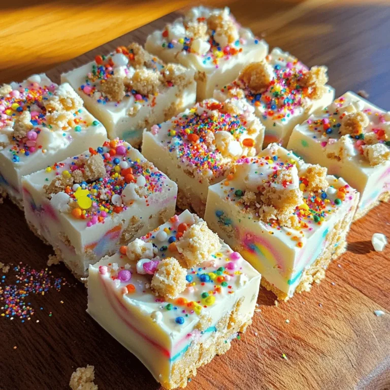 - 2 cups white chocolate chips - 1 can (14 ounces) sweetened condensed milk - 1 teaspoon vanilla extract - 1/4 cup rainbow sprinkles (plus extra for topping) - 1/2 cup crumbled birthday cake (store-bought or homemade) - Pinch of salt - Optional: Edible glitter for decoration To start, gather all the ingredients. You will need white chocolate chips for that sweet base. The sweetened condensed milk adds creaminess and richness. Vanilla extract gives a warm flavor that complements the cake. Rainbow sprinkles not only add color but also a fun texture. Crumbled birthday cake makes the fudge festive and flavorful. A pinch of salt balances the sweetness. If you want to make it sparkle, consider using edible glitter. This dessert is easy to make with these simple ingredients. They come together to create a treat that feels special. You can find the full recipe in the article. When you have everything ready, you can dive into making this delicious fudge! - Line the baking dish with parchment paper. - Combine white chocolate chips and condensed milk over low heat. To start, I like to line my 8x8 inch baking dish with parchment paper. This makes it easy to lift out the fudge later. Just leave some paper over the edges. Next, in a medium saucepan, set the heat to low. Add 2 cups of white chocolate chips and one can of sweetened condensed milk. Stir this mix gently but keep moving it. You want it to melt smoothly without burning. - Stir in vanilla extract and salt. - Fold in sprinkles and crumbled birthday cake. Once your mixture is smooth, take it off the heat. Now, add 1 teaspoon of vanilla extract and a pinch of salt. Stir until well mixed. The flavor will be amazing! Then, gently fold in 1/4 cup of rainbow sprinkles and 1/2 cup of crumbled birthday cake. Use a spatula to make sure everything is combined. You’ll get colorful bits throughout the fudge. - Pour fudge into the baking dish and smooth the top. - Refrigerate and set until firm. Now, pour the fudge mixture into your lined baking dish. Use a spatula to spread it evenly and smooth the top. If you want, sprinkle more rainbow sprinkles on top for fun. You can even add some edible glitter for a festive touch! Place your dish in the fridge and let it chill for at least 2-3 hours. This will help it set until firm. When it’s ready, just lift it out using the parchment paper. Then, cut it into squares and enjoy! For the full recipe, check out the complete instructions. To get the best fudge, keep the heat low when melting the chocolate. High heat makes the chocolate seize or burn. Stir slowly and watch closely. This gives you smooth fudge. If you notice a grainy texture, it means the chocolate has overheated. You can fix this by adding a bit of warm milk and stirring until smooth. Extra rainbow sprinkles can make your fudge pop. After you pour the fudge into the dish, sprinkle some on top. You can also add edible glitter for a fun, festive look. Just a little goes a long way to make your fudge shine. This adds a special touch to your dessert. If your fudge doesn’t set, don’t worry. You can place it back on low heat. Stir in a bit more sweetened condensed milk and let it warm up. Then, pour it back into the dish and chill again. If you overcooked your fudge, it may be too hard. To save it, add a splash of milk and melt it down gently. Stir well, and you can reshape it. For the complete recipe, check the [Full Recipe]. {{image_2}} You can change the taste of your fudge easily. Try adding flavored extracts like almond or lemon. Just a teaspoon can add a whole new level of flavor. You can also mix in different types of chips. Dark chocolate or butterscotch chips bring rich flavors. These small tweaks can make your birthday cake fudge unique and exciting. Want to make your fudge gluten-free? Use gluten-free white chocolate chips. Check the label to be sure. If you want a vegan version, swap the sweetened condensed milk for coconut milk. Use dairy-free chocolate chips, too. These options let everyone enjoy this tasty treat without worry. Get creative with your fudge! Add nuts or dried fruits for extra texture. Chopped walnuts or dried cherries work great. You can also layer your fudge with other flavors. Try adding a layer of chocolate fudge or caramel. This makes each bite a surprise. Your birthday cake fudge can be fun, tasty, and full of surprises. For the full recipe, check out the details above. To keep your birthday cake fudge fresh, store it in the fridge. Wrap the fudge tightly in plastic wrap or place it in an airtight container. This prevents it from drying out and helps it stay soft. You can also add a layer of parchment paper between the fudge and the lid. This keeps the fudge from sticking. If you want to keep the fudge longer, freezing is a great option. Cut the fudge into squares and place them in a single layer on a baking sheet. Freeze for about an hour. Once firm, transfer the squares to a freezer-safe bag. Be sure to remove as much air as possible. This method helps maintain flavor and texture. When stored properly, birthday cake fudge lasts about two weeks in the fridge. In the freezer, it can last up to three months. Always check for signs of spoilage before eating. If the fudge feels dry or crumbly, it may be past its prime. Also, look for any unusual smells or colors. These are signs that the fudge has gone bad. Birthday cake fudge is perfect for parties or celebrations. You can serve it as a fun dessert at birthday parties or family gatherings. It also makes a nice treat for holiday events. Pair it with ice cream for a delicious combo. Vanilla or chocolate ice cream complements the fudge’s sweetness. You can also serve it with whipped cream or fresh fruit for added flavor. For a special touch, consider adding a drizzle of chocolate sauce or caramel on top. This enhances the dessert and makes it more appealing. Enjoy your birthday cake fudge in many fun ways! For the full recipe, check out the detailed instructions above. Birthday cake fudge is a sweet treat that tastes like cake in fudge form. It has a creamy, smooth texture with a rich, sweet flavor. The fudge combines white chocolate and sweetened condensed milk. The sprinkles add a fun crunch and color. Crumbled birthday cake gives it an extra layer of flavor. Each bite feels like a mini celebration, making it perfect for any party. Yes, you can use milk chocolate instead of white chocolate. Milk chocolate will change the taste and color. It will make the fudge taste richer and less sweet. You may want to adjust the amount of sweetened condensed milk. You might not need as much since milk chocolate is sweeter. Experiment to find the flavor you like best. You can find pre-made birthday cake fudge at specialty candy shops and bakeries. Some grocery stores may carry it too, usually in the dessert aisle. Online stores often sell homemade fudge, too. Look for brands that focus on high-quality ingredients. Always check reviews to ensure you get a tasty treat. This article covered how to make delicious birthday cake fudge. You learned about the key ingredients and steps needed for success. I shared tips for texture, decoration, and ways to troubleshoot common issues. Variations allow you to customize flavors and suit dietary needs. Finally, I provided storage advice to keep your fudge fresh. Enjoy making this treat for all your celebrations! It’s simple, fun, and sure to impress everyone.
