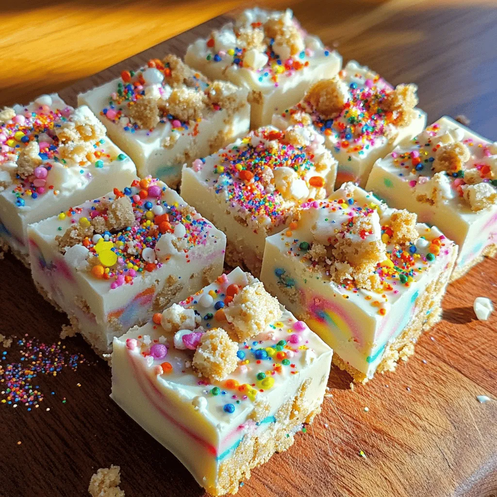 - 2 cups white chocolate chips - 1 can (14 ounces) sweetened condensed milk - 1 teaspoon vanilla extract - 1/4 cup rainbow sprinkles (plus extra for topping) - 1/2 cup crumbled birthday cake (store-bought or homemade) - Pinch of salt - Optional: Edible glitter for decoration To start, gather all the ingredients. You will need white chocolate chips for that sweet base. The sweetened condensed milk adds creaminess and richness. Vanilla extract gives a warm flavor that complements the cake. Rainbow sprinkles not only add color but also a fun texture. Crumbled birthday cake makes the fudge festive and flavorful. A pinch of salt balances the sweetness. If you want to make it sparkle, consider using edible glitter. This dessert is easy to make with these simple ingredients. They come together to create a treat that feels special. You can find the full recipe in the article. When you have everything ready, you can dive into making this delicious fudge! - Line the baking dish with parchment paper. - Combine white chocolate chips and condensed milk over low heat. To start, I like to line my 8x8 inch baking dish with parchment paper. This makes it easy to lift out the fudge later. Just leave some paper over the edges. Next, in a medium saucepan, set the heat to low. Add 2 cups of white chocolate chips and one can of sweetened condensed milk. Stir this mix gently but keep moving it. You want it to melt smoothly without burning. - Stir in vanilla extract and salt. - Fold in sprinkles and crumbled birthday cake. Once your mixture is smooth, take it off the heat. Now, add 1 teaspoon of vanilla extract and a pinch of salt. Stir until well mixed. The flavor will be amazing! Then, gently fold in 1/4 cup of rainbow sprinkles and 1/2 cup of crumbled birthday cake. Use a spatula to make sure everything is combined. You’ll get colorful bits throughout the fudge. - Pour fudge into the baking dish and smooth the top. - Refrigerate and set until firm. Now, pour the fudge mixture into your lined baking dish. Use a spatula to spread it evenly and smooth the top. If you want, sprinkle more rainbow sprinkles on top for fun. You can even add some edible glitter for a festive touch! Place your dish in the fridge and let it chill for at least 2-3 hours. This will help it set until firm. When it’s ready, just lift it out using the parchment paper. Then, cut it into squares and enjoy! For the full recipe, check out the complete instructions. To get the best fudge, keep the heat low when melting the chocolate. High heat makes the chocolate seize or burn. Stir slowly and watch closely. This gives you smooth fudge. If you notice a grainy texture, it means the chocolate has overheated. You can fix this by adding a bit of warm milk and stirring until smooth. Extra rainbow sprinkles can make your fudge pop. After you pour the fudge into the dish, sprinkle some on top. You can also add edible glitter for a fun, festive look. Just a little goes a long way to make your fudge shine. This adds a special touch to your dessert. If your fudge doesn’t set, don’t worry. You can place it back on low heat. Stir in a bit more sweetened condensed milk and let it warm up. Then, pour it back into the dish and chill again. If you overcooked your fudge, it may be too hard. To save it, add a splash of milk and melt it down gently. Stir well, and you can reshape it. For the complete recipe, check the [Full Recipe]. {{image_2}} You can change the taste of your fudge easily. Try adding flavored extracts like almond or lemon. Just a teaspoon can add a whole new level of flavor. You can also mix in different types of chips. Dark chocolate or butterscotch chips bring rich flavors. These small tweaks can make your birthday cake fudge unique and exciting. Want to make your fudge gluten-free? Use gluten-free white chocolate chips. Check the label to be sure. If you want a vegan version, swap the sweetened condensed milk for coconut milk. Use dairy-free chocolate chips, too. These options let everyone enjoy this tasty treat without worry. Get creative with your fudge! Add nuts or dried fruits for extra texture. Chopped walnuts or dried cherries work great. You can also layer your fudge with other flavors. Try adding a layer of chocolate fudge or caramel. This makes each bite a surprise. Your birthday cake fudge can be fun, tasty, and full of surprises. For the full recipe, check out the details above. To keep your birthday cake fudge fresh, store it in the fridge. Wrap the fudge tightly in plastic wrap or place it in an airtight container. This prevents it from drying out and helps it stay soft. You can also add a layer of parchment paper between the fudge and the lid. This keeps the fudge from sticking. If you want to keep the fudge longer, freezing is a great option. Cut the fudge into squares and place them in a single layer on a baking sheet. Freeze for about an hour. Once firm, transfer the squares to a freezer-safe bag. Be sure to remove as much air as possible. This method helps maintain flavor and texture. When stored properly, birthday cake fudge lasts about two weeks in the fridge. In the freezer, it can last up to three months. Always check for signs of spoilage before eating. If the fudge feels dry or crumbly, it may be past its prime. Also, look for any unusual smells or colors. These are signs that the fudge has gone bad. Birthday cake fudge is perfect for parties or celebrations. You can serve it as a fun dessert at birthday parties or family gatherings. It also makes a nice treat for holiday events. Pair it with ice cream for a delicious combo. Vanilla or chocolate ice cream complements the fudge’s sweetness. You can also serve it with whipped cream or fresh fruit for added flavor. For a special touch, consider adding a drizzle of chocolate sauce or caramel on top. This enhances the dessert and makes it more appealing. Enjoy your birthday cake fudge in many fun ways! For the full recipe, check out the detailed instructions above. Birthday cake fudge is a sweet treat that tastes like cake in fudge form. It has a creamy, smooth texture with a rich, sweet flavor. The fudge combines white chocolate and sweetened condensed milk. The sprinkles add a fun crunch and color. Crumbled birthday cake gives it an extra layer of flavor. Each bite feels like a mini celebration, making it perfect for any party. Yes, you can use milk chocolate instead of white chocolate. Milk chocolate will change the taste and color. It will make the fudge taste richer and less sweet. You may want to adjust the amount of sweetened condensed milk. You might not need as much since milk chocolate is sweeter. Experiment to find the flavor you like best. You can find pre-made birthday cake fudge at specialty candy shops and bakeries. Some grocery stores may carry it too, usually in the dessert aisle. Online stores often sell homemade fudge, too. Look for brands that focus on high-quality ingredients. Always check reviews to ensure you get a tasty treat. This article covered how to make delicious birthday cake fudge. You learned about the key ingredients and steps needed for success. I shared tips for texture, decoration, and ways to troubleshoot common issues. Variations allow you to customize flavors and suit dietary needs. Finally, I provided storage advice to keep your fudge fresh. Enjoy making this treat for all your celebrations! It’s simple, fun, and sure to impress everyone.