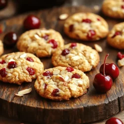 - 1 cup almond flour - 1/2 cup rolled oats - 1/4 cup coconut sugar - 1/2 teaspoon baking powder - 1/4 teaspoon salt - 1/4 cup almond butter - 1/4 cup maple syrup - 1 teaspoon vanilla extract - 1/4 cup unsweetened applesauce - 1/2 cup dried cherries, chopped - 1/4 cup slivered almonds - 2 tablespoons chia seeds (optional) These ingredients create a tasty blend. The almond flour gives a nutty flavor and a nice texture. Rolled oats add heartiness and chew. Coconut sugar offers a subtle sweetness, while baking powder and salt balance the flavors. For the wet ingredients, almond butter brings creaminess. Maple syrup adds a sweet touch, while vanilla extract enhances the taste. Unsweetened applesauce keeps the cookies moist. Mix-ins like dried cherries give a pop of flavor, and slivered almonds add crunch. Chia seeds are optional but add nutrition. Together, these ingredients make Cherry Almond Breakfast Cookies a great start to your day. For the full recipe, check out the detailed instructions to make these delightful cookies. To start, preheat your oven to 350°F (175°C). This helps the cookies bake evenly. Next, line a baking sheet with parchment paper. This step keeps the cookies from sticking and makes cleanup easier. In a large bowl, combine the dry ingredients. Add 1 cup of almond flour, 1/2 cup of rolled oats, 1/4 cup of coconut sugar, 1/2 teaspoon of baking powder, and 1/4 teaspoon of salt. Mix these well until they blend together. This mix gives your cookies a good base. In a separate bowl, whisk together the wet ingredients. Start with 1/4 cup of almond butter, then add 1/4 cup of maple syrup, 1 teaspoon of vanilla extract, and 1/4 cup of unsweetened applesauce. Whisk until smooth. This mix adds flavor and moisture to the cookies. Now, pour the wet mixture into the bowl with the dry mix. Stir until just combined. Don’t over-mix! Next, fold in your mix-ins. Add 1/2 cup of chopped dried cherries, 1/4 cup of slivered almonds, and 2 tablespoons of chia seeds if you like. Use a tablespoon to scoop the dough onto the baking sheet. Space them about 2 inches apart and gently flatten each cookie. Place the baking sheet in the oven. Bake for 12-15 minutes, or until the edges turn golden brown. The smell will be amazing as they bake! Once baked, take the cookies out and let them cool on the baking sheet for 5 minutes. After that, move them to a wire rack to cool completely. This final step helps keep the cookies soft and chewy. For the Full Recipe, you can refer back to the ingredients and instructions listed above. Enjoy your delicious Cherry Almond Breakfast Cookies! To make sure your cookies turn out just right, mix the ingredients well. This helps every cookie have the same taste. If you have dry spots or lumps, your cookies won’t bake evenly. It’s also important to watch the baking time closely. Every oven is a bit different. Check the cookies around 12 minutes. They should be golden brown at the edges when done. These cookies taste great with fresh cherries on the side. A glass of cold milk makes a perfect match too. You can enjoy them for breakfast or as a snack. They are filling and satisfying. Kids love them, and so do adults! To make your cookies look even better, use a rustic wooden platter. Place the cookies neatly on it. You can add a few fresh cherries and some slivered almonds around them. This adds color and makes a lovely display. It’s perfect for a brunch or a cozy morning at home. For the full recipe, check out the details above and get baking! {{image_2}} You can easily make these cookies gluten-free. Just swap in more almond flour or use gluten-free oats. This keeps the texture light and tasty. You won’t lose any flavor, and everyone can enjoy them! Feel free to get creative with add-ins. You can use other dried fruits like cranberries or apricots. Mixing in walnuts or pecans adds a nice crunch. If you prefer a different nut butter, almond butter works well. You can swap it for peanut or cashew butter for a fun twist. If you want to reduce the sweetness, you can cut back on the coconut sugar. Using a sugar substitute is a great option too. Just keep in mind that too little sweetener might change the texture slightly. Adjust to find your perfect balance! For the Full Recipe, check the earlier sections to get all the tasty details! You can keep your cookies at room temperature. Place them in an airtight container. They will stay fresh for up to 3 days. This method works well if you plan to enjoy them soon. For longer freshness, store the cookies in the fridge. They last up to a week when chilled. Just make sure to seal them tightly to prevent them from drying out. This way, you can grab a cookie anytime you want a tasty snack. If you want to save some for later, freezing is a great option. You can freeze these cookies for up to 3 months. Just place them in a freezer-safe bag or container. When you're ready to eat, thaw them at room temperature. They will taste just as good as fresh! You can make these cookies vegan by swapping the almond butter with a vegan substitute. Use a nut or seed butter that fits your needs. Also, replace the honey or maple syrup with a vegan sweetener like agave syrup. This keeps your cookies delicious and plant-based. Yes, you can use fresh cherries in your cookies. Just remember to chop them into small pieces. Fresh cherries have more moisture than dried ones. So, you may want to cut back on the other liquids in the recipe to keep the dough from getting too wet. If your dough feels dry, don’t worry! You can fix it. Just add a little more applesauce or maple syrup. Start with one tablespoon at a time until the dough reaches a good consistency. It should hold together well without being sticky. To check if your cookies are done, watch the edges. They should turn golden brown. The center should feel slightly firm to the touch. If the edges are brown and the middle is soft, that’s just right! Let them cool a bit before enjoying. These tasty cookies blend simple, healthy ingredients. You start with almond flour and oats. Then, mix in wholesome wet ingredients like almond butter and applesauce. Don't forget your favorite mix-ins, like dried cherries and almonds! Keep these tips in mind for great results. Enjoy with a glass of milk or share at breakfast. With easy storage options, they stay fresh for days. Now, you have everything to make these cookies delightful treats for any time!