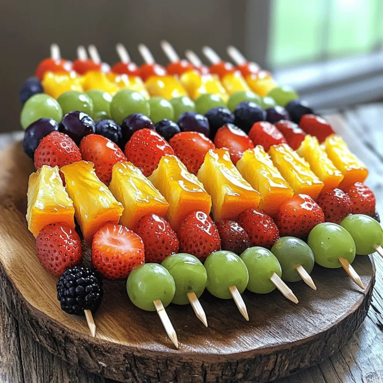 When making Rainbow Fruit Kabobs, you need some fresh and colorful fruits. Here is a list of fruits you should consider: - strawberries - oranges - pineapples - green grapes - blueberries - blackberries These fruits not only look great but also taste amazing together. Beyond the fruits, you need a few additional ingredients for a special touch: - honey - fresh lime juice - skewers Honey adds sweetness, and lime juice gives a nice tang. Now, let’s talk about the equipment you will need. Gather these items before you start: - cutting board - knife - small bowl - whisk - platter Having the right tools makes the process easier. You can find the full recipe for Rainbow Fruit Kabobs at the end of this section. First, wash your strawberries under cold water. Hulling them means removing the green tops. Slice the strawberries in half for easy skewer placement. Next, grab your oranges. Cut them into segments. This makes them fun to eat and easy to fit on the skewers. Now, let’s move to the pineapple. Cut off the skin and core. Then, slice the pineapple into chunks. Aim for bite-sized pieces. Finally, take the green grapes and simply cut them in half. This keeps them secure on the skewer and makes them easier to eat. In a small bowl, add one tablespoon of honey. Then, squeeze in one tablespoon of fresh lime juice. Use a whisk to mix them well. You want a smooth drizzle for the kabobs. This adds a sweet and tangy flavor that pairs perfectly with the fruit. Now comes the fun part—assembling your kabobs! Take a skewer and start stacking the fruit. Begin with a strawberry, then an orange segment. Next, add a pineapple chunk, followed by a green grape. Continue with a blueberry and finish with a blackberry. Make sure to leave a small space at each end of the skewer. This helps with handling and keeps the fruit from sliding off. Repeat this process until your skewers are colorful and full. Once done, drizzle the honey-lime mixture over the kabobs for a tasty finish. For the full recipe, check out the detailed instructions above. For a great look, use a bright platter. Place the Rainbow Fruit Kabobs in a line or circle. This makes the colors pop. You can also create a fun tower by stacking them. Using colorful skewers adds to the fun. Look for skewers in bright shades or patterns. It draws the eye and invites people to grab one. To keep fruit fresh, store it in the fridge. Place it in airtight containers or cover it well. This helps avoid moisture loss. To stop browning, use lemon juice on cut fruits. For apples and bananas, this works best. When you cut fruits, try to prepare them close to serving time. Rainbow Fruit Kabobs are great for many occasions. They shine at parties, family gatherings, or picnics. Kids love them as snacks or after school treats. You can make them a fun activity. Let kids help with assembling the kabobs. It’s a tasty way for them to learn about fruits! {{image_2}} You can change the fruit in Rainbow Fruit Kabobs to fit the season. Here are some ideas: - Apples: Use fresh apple chunks for a sweet crunch. - Kiwi: Slice kiwi for a bright green color. - Peaches: Add peach slices for a juicy twist. - Raspberries: Swap blackberries for a tart flavor. These swaps change the taste and keep the kabobs exciting. Mixing different fruits can also add fun colors! Make kabobs for special days or themes. Here are some fun ideas: - Halloween: Use black grapes and orange slices. Add a ghost-shaped marshmallow for spooky fun. - Christmas: Use red strawberries and green grapes. Add mini marshmallows to look like snowballs. - Birthday Parties: Pick fruits in the birthday color theme. Use colorful skewers that match the party. Themed kabobs make any event extra special. They are fun to create and eat! Rainbow Fruit Kabobs fit different diets. Here are some options: - Vegan: All the fruits and the honey-lime drizzle are vegan-friendly. Replace honey with agave syrup for a vegan option. - Gluten-Free: All fruits are naturally gluten-free, so everyone can enjoy them. These modifications keep the kabobs tasty for all. You can enjoy them worry-free! Store your leftover kabobs in the fridge. Place them in a container with a lid. Choose a container that seals well to keep the fruit fresh. You can also wrap them tightly in plastic wrap. This helps prevent air from getting in. You can freeze kabobs before or after assembly. If you freeze them before, lay them flat on a baking sheet. Once frozen, transfer them to a freezer bag. If frozen after assembly, place them in a container. To thaw, move them to the fridge overnight. This keeps the fruit from becoming mushy. Rainbow Fruit Kabobs last up to three days in the fridge. After that, the fruit may spoil. Signs of spoilage include a mushy texture and off smells. If you notice these, it’s best to throw them away. Enjoy your kabobs fresh for the best taste! For the full recipe, check out the Rainbow Fruit Kabobs section above. Yes, you can use many fruits for kabobs. Fruits like apples, bananas, and peaches work well. Choose fruits that are firm and easy to cut. Avoid overly ripe or mushy fruits, as they may fall apart on the skewer. Always wash your fruit to remove any dirt or chemicals. A mix of colors adds to the fun and taste! Rainbow Fruit Kabobs last about 2-3 days in the fridge. Store them in a covered container to keep them fresh. The fruit may lose some crispness after a day. For the best taste, eat them within 24 hours. If they start to look dull or mushy, it’s time to toss them. Yes, Rainbow Fruit Kabobs are very healthy! They are low in calories and high in vitamins. Each fruit brings its own benefits. For example, strawberries provide vitamin C, while blueberries are full of antioxidants. Eating a variety of fruits helps you get many nutrients. They are a great snack for kids and adults alike! Rainbow Fruit Kabobs are perfect for many events! They are great for birthday parties, picnics, and barbecues. Use them as a fun snack for kids after school. They also make a colorful addition to brunches or potlucks. Their bright colors and fun shapes make any gathering more festive! Yes, you can prepare Rainbow Fruit Kabobs ahead of time! Make them a few hours before your event. Just keep them in the fridge until you are ready to serve. To prevent browning, use fruits like grapes and berries that stay fresh longer. You can drizzle the honey-lime mix just before serving for the best taste. For the full recipe, check out the Rainbow Fruit Kabobs section! Rainbow fruit kabobs are a fun and tasty treat. We explored colorful fruits like strawberries, oranges, and blueberries. I shared how to make a honey-lime drizzle that adds great flavor. You learned how to assemble them easily and make them look beautiful. Remember, these kabobs are perfect for parties and even a fun activity for kids. With the right storage tips, you can keep leftovers fresh. Now, get creative with flavors and themes to make your kabobs unique! Enjoy making and sharing your fruit kabobs!