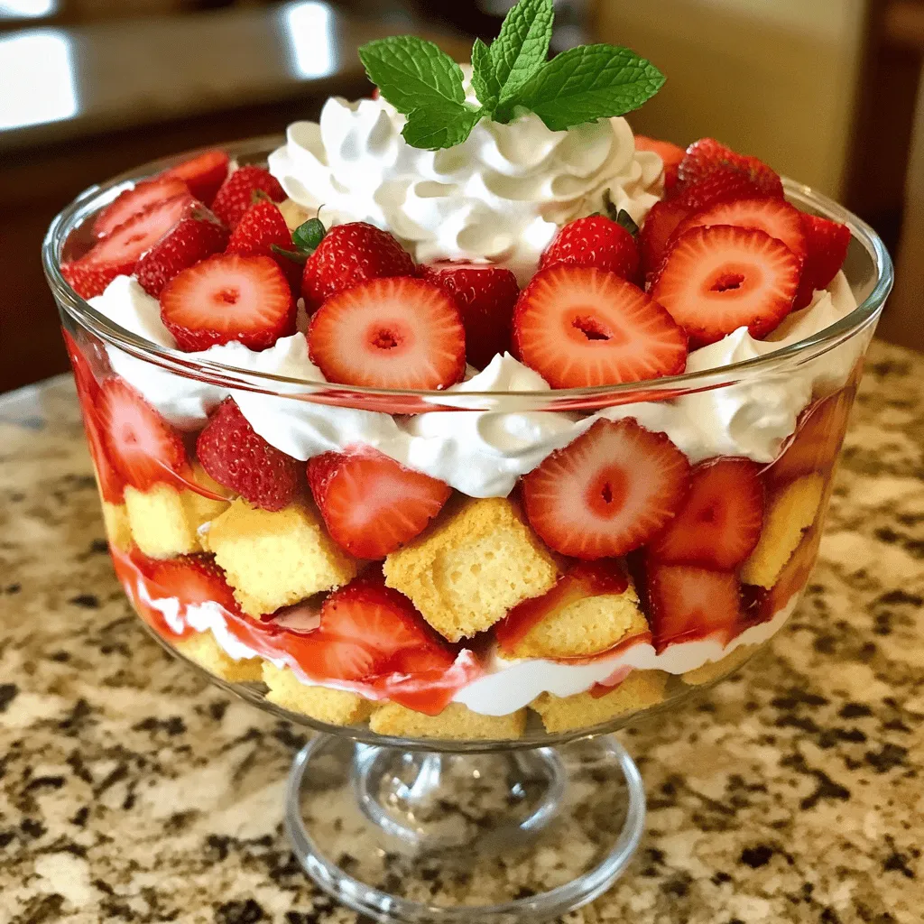 - 1 pound strawberries - 1 cup heavy whipping cream - 1 sponge cake or angel food cake - 1 cup Greek yogurt - Fresh mint leaves for garnish - You can try using alternative sweeteners like honey or agave. - Different types of cakes work well, like pound cake or biscuit. The main ingredients make up the heart of the strawberry shortcake trifle. Fresh strawberries bring sweetness and a bright flavor. Heavy whipping cream adds richness and a light texture. The sponge cake or angel food cake provides a soft base. Adding Greek yogurt gives a creamy layer and a slight tang. Fresh mint leaves add a pop of color and flavor. You can switch the sugar for something like honey or maple syrup if you want a healthier option. If you don’t have sponge cake, use a pound cake. These simple swaps let you customize your trifle. Each ingredient plays a role in making this dessert a tasty treat. Enjoy your creation and share it with friends! For detailed cooking instructions, check the Full Recipe. To make your strawberries shine, start by macerating them. Place sliced strawberries in a bowl. Add granulated sugar and mix well. Let them sit for about 30 minutes. The sugar draws out their juices, making them sweet and juicy. When slicing strawberries, aim for uniform pieces. This helps them layer nicely in the trifle. Use a sharp knife for clean cuts. Remove the green tops with a gentle hand. For perfect whipped cream, start with cold tools. Chill your bowl and beaters in the fridge. Pour heavy cream into the bowl. Beat on medium speed until soft peaks form. Add powdered sugar and vanilla extract for flavor. Keep whipping until you reach stiff peaks. Feel free to adjust sweetness to your taste. If you want a twist, add a splash of almond extract. Mixing Greek yogurt into the cream adds a creamy layer. This step is optional but delicious! Layering is key to a beautiful trifle. Start with sponge or angel food cake cubes at the bottom. Make it even and snug. Next, add a layer of macerated strawberries, including their juices. Now, spoon in the whipped cream mixture. Repeat these layers until you fill your dish. Finish with a layer of whipped cream on top. This makes it look extra inviting. For portioning, use clear glass cups or a trifle dish. This way, everyone can see the lovely layers. Garnish with fresh mint leaves and whole strawberries. Enjoy the colorful display! For the full recipe, check the details above. To make your trifle shine, use clear glass dishes. This way, everyone can see the lovely layers of cake, strawberries, and cream. You can also try these fun ideas for garnishing: - Top with fresh mint leaves for a pop of green. - Add whole strawberries on top for color. - Drizzle a bit of strawberry juice around the edge for flair. You can save time by prepping earlier. Store each layer separately in the fridge. This keeps them fresh and ready to go. Here’s how to prep in advance: - Prepare the strawberries and store them in a sealed container. - Whip the cream and keep it in another container. - Cube the cake and store it in an airtight bag. Sometimes, things don’t go as planned. If your cream deflates, here’s what to do: - Whip the cream again until it forms soft peaks. - Avoid overwhipping, as it can turn grainy. If your layers taste too sweet, try adding a touch of lemon juice to balance the flavor. This works wonders for overly sweet layers. You can always adjust sweetness in the whipped cream too, just taste as you go. For the full recipe, check out the [Full Recipe]. {{image_2}} You can swap strawberries for other berries like blueberries or raspberries. Tropical fruits like mango or pineapple also work well. Look for fruits that are in season. Seasonal fruits taste fresh and sweet, making your trifle even better. For a gluten-free treat, use gluten-free cake. Many brands offer great options. You can also make a dairy-free version. Use coconut cream instead of heavy cream and almond milk yogurt for a creamy layer. Adding citrus zest can brighten your trifle. A touch of lemon or orange zest enhances the flavors. You might even want to add a splash of liqueurs like orange liqueur for a fun twist. Extracts like almond or coconut can give a unique taste. Explore these variations to make your trifle special. For the full recipe, check out the complete guide. To keep your trifle fresh, use a tight container. Glass or plastic bowls with lids work well. You can store leftovers in the fridge for up to three days. After that, the layers may lose their charm. Can strawberry shortcake trifle be frozen? Yes, but with care. The texture may change after freezing. To freeze, layer the trifle in a freezer-safe dish. Cover it well with plastic wrap and then foil. Thaw it overnight in the fridge before serving. This helps keep the taste. Serve your trifle soon after making it for the best flavor. Aim for within a few hours, if possible. The longer it sits, the softer the cake layers become. Enjoy it fresh to balance taste and texture. To make Strawberry Shortcake Trifle from scratch, start with fresh strawberries. You will need to hull and slice one pound of strawberries. Toss them with a quarter cup of granulated sugar and let them sit for about 30 minutes. This process lets the strawberries release their juices, making them sweet and juicy. Next, whip one cup of heavy cream with a quarter cup of powdered sugar and one teaspoon of vanilla extract until you see soft peaks. If you like, you can mix in one cup of Greek yogurt for a creamier layer. Now, choose a trifle dish or clear glasses for serving. Begin by layering your sponge cake or angel food cake cubes at the bottom. Add a generous layer of the macerated strawberries and their juices. Then, spoon in the whipped cream mixture. Continue layering until you fill the dish, ending with whipped cream on top. Chill for at least two hours to let the flavors blend. For the full recipe, check above. Yes, you can use frozen strawberries, but there are pros and cons. The good part is that frozen strawberries are available year-round. They can be just as sweet as fresh ones when thawed. However, they often release more water, which can make your trifle a bit soggy. To avoid this, drain excess liquid before layering them in your trifle. Strawberry Shortcake Trifle is perfect for many occasions. It shines at summer picnics and barbecues. The vibrant colors and fresh flavors bring joy to birthday parties and family gatherings. It also makes a lovely dessert for holidays like Independence Day or Memorial Day. You can even serve it for brunch or a casual get-together with friends. Its fun and layered presentation will impress guests! You learned how to make a delicious Strawberry Shortcake Trifle. This treat shines with fresh strawberries, fluffy cream, and cake layers. You can use different fruits or adjust for diet needs. Follow the assembly tips for a beautiful presentation. Remember to store leftovers correctly to keep them fresh. With the right techniques, you can impress anyone at your next event. Enjoy creating and sharing this tasty dessert with others!