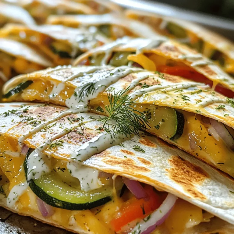 For the Pickle Ranch Veggie Quesadillas, you will need: - 4 large flour tortillas - 1 cup shredded cheddar cheese - 1 cup shredded mozzarella cheese - 1/2 cup cream cheese, softened - 1/3 cup dill pickles, finely chopped - 1/4 cup ranch dressing - 1 cup bell peppers, sliced (red, yellow, green) - 1 cup zucchini, sliced thin - 1/2 cup red onion, thinly sliced - 2 tablespoons olive oil - Salt and pepper to taste - Fresh dill for garnish (optional) You can change your quesadillas based on your taste. Here are some ideas: - Add jalapeños for spice. - Include black beans for more protein. - Swap tortillas for whole wheat or corn. - Use different veggies like mushrooms or spinach. Serve your quesadillas with these tasty sides: - Extra ranch dressing for dipping. - Fresh salsa or guacamole. - A side of crispy tortilla chips. - A simple side salad with lemon vinaigrette. These choices will help you enjoy your meal even more! For the full recipe, check out the complete guide. First, gather all your ingredients. You need flour tortillas, cheese, and veggies. Measure out the dill pickles and ranch dressing. Softening the cream cheese helps it mix better. Set everything on your kitchen counter for easy access. Start by mixing the cream cheese, chopped pickles, and ranch dressing in a bowl. Stir until it is smooth. Heat a skillet over medium heat and add olive oil. Toss in the sliced bell peppers, zucchini, and red onion. Cook for 5-7 minutes until they are soft. Season with salt and pepper. Next, heat another skillet or griddle. Add a teaspoon of olive oil. Place a tortilla in the skillet. Spread the pickle ranch mixture on half of it. Add a layer of cheddar and mozzarella cheese. Top with sautéed veggies and more cheese. Fold the tortilla in half. Cook for 3-4 minutes on each side. You want it golden brown and the cheese melted. Repeat for the other tortillas, adding oil as needed. Once cooked, let them rest for a minute. Cut into wedges and serve warm. Serve the quesadillas with extra ranch dressing for dipping. You can also add fresh dill on top for flavor. They pair well with crispy tortilla chips or a fresh salad. Enjoy your tasty and simple meal! For the full recipe, check the details above. To get a crispy quesadilla, heat your skillet well. Use medium heat for best results. Spread a thin layer of olive oil on the skillet. This helps the tortilla brown nicely. Flip the quesadilla after three to four minutes. You want it golden brown. If you want extra crunch, try using a cast-iron skillet. The heat stays even, which helps a lot. If you have leftover quesadillas, store them in an airtight container. Let them cool before packing. Place parchment paper between layers to keep them from sticking. They can stay fresh in the fridge for up to three days. When you are ready to eat, reheat them on the stovetop. This keeps them crispy. You can also use the microwave, but they may get soft. Making quesadillas ahead is simple! Prepare your filling and sauces the day before. Store them in the fridge. When you are ready to cook, just assemble and grill. You can also cook them fully and freeze them. Wrap each quesadilla in foil. When you want one, just heat it in the oven. This way, you have a quick meal on hand. For more details, check the Full Recipe. {{image_2}} To make your quesadillas spicy, add jalapeños. You can use fresh or pickled ones. Chop them up and mix them in with the veggies. This adds heat and a nice crunch. If you like a kick, try adding hot sauce to the ranch dressing. You can easily adjust the spice level to your taste. You can add protein to your quesadillas for extra flavor and nutrition. Grilled chicken works well. Just shred it and mix it in with the veggies. If you prefer a plant-based option, use black or pinto beans. Rinse and drain them before adding. Both options will make the meal heartier and more filling. For a vegan version, swap the cheese for vegan cheese. There are many tasty options available today. Use a plant-based cream cheese or a nut-based alternative for the creamy part. Replace ranch dressing with a vegan version or make your own using cashews and herbs. These changes keep the quesadillas delicious and suitable for everyone. You can find the full recipe for Pickle Ranch Veggie Quesadillas to explore all these variations. To keep your Pickle Ranch Veggie Quesadillas fresh, store them in an airtight container. Make sure they cool down to room temperature first. If you stack them, place parchment paper between each quesadilla. This prevents them from sticking together. Store in the fridge for up to three days. If they are not eaten within that time, they may lose flavor and texture. When you're ready to enjoy leftovers, reheat them in a skillet. Heat the skillet over medium heat and place the quesadilla in it. Cook for about 2-3 minutes on each side until they are warm and crispy. You can also use the microwave, but that may make them a bit soggy. If you choose the microwave, heat in short bursts of 30 seconds until hot. Freezing quesadillas is a great way to save them for later. Allow them to cool completely, then wrap each one tightly in plastic wrap. Place them in a freezer-safe bag or container. They can last up to three months in the freezer. To eat, thaw them overnight in the fridge, then reheat as described above. For more detailed steps, check the Full Recipe. For quesadillas, I recommend using a mix of cheddar and mozzarella cheese. Cheddar gives a rich flavor. Mozzarella adds that gooey stretch you want in a quesadilla. You can also try Monterey Jack for a different taste. Mix these cheeses for a perfect blend. Yes, you can make these quesadillas gluten-free. Use gluten-free tortillas instead of regular flour ones. You can find them at most grocery stores. Be sure to check the label for gluten-free certification. This way, everyone can enjoy this tasty meal! You can store leftover quesadillas in the fridge for about three days. Wrap them in foil or plastic wrap to keep them fresh. If you want to keep them longer, freeze them. They can last for up to three months in the freezer. Just reheat them before serving. For the full recipe and more details, check out the [Full Recipe]. In this article, we covered essential ingredients for tasty quesadillas, along with preparation steps. I shared tips for cooking them crispy and how to store leftovers. You can customize your quesadillas with different ingredients or spices. Don't forget to try variations like Spicy Pickle Ranch Veggie or vegan options. Storing them right helps keep them fresh. Overall, quesadillas are fun and easy to make. Enjoy your tasty creations and share your favorites with friends. You’ll love how versatile and simple they can be!