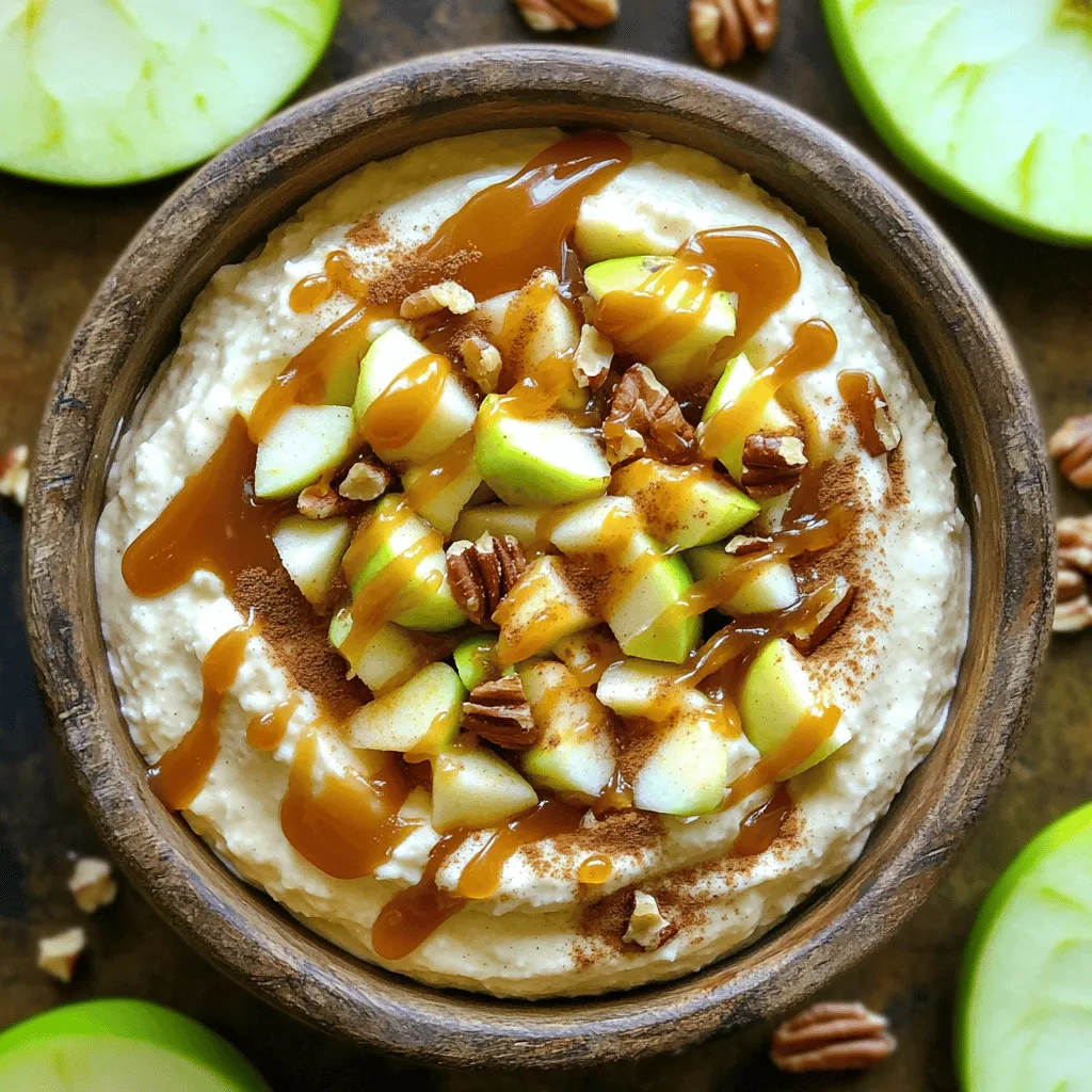 - 8 oz cream cheese, softened - 1 cup powdered sugar - 1 tsp vanilla extract - 1/2 cup caramel sauce (plus extra for drizzling) - 1 cup whipped topping (cool whip) - 1 medium apple, diced (Granny Smith or Honeycrisp) The main ingredients make the base of this dip creamy and sweet. The cream cheese forms a rich texture. The caramel sauce adds a sweet flavor that pairs well with apples. The whipped topping lightens the dip, making it fluffy and fun to eat. Choosing a tart apple like Granny Smith gives a nice contrast to the sweetness. - 1/2 tsp cinnamon - 1/4 cup chopped nuts (walnuts or pecans) Cinnamon brings warmth and spice. It enhances the flavor and gives a cozy feel. Chopped nuts add crunch and depth. Walnuts or pecans are great choices, but you can use your favorite. These optional add-ins make the dip even better! - Pairing with apple slices, graham crackers, or pretzel sticks - Garnishing ideas For a fun serving style, pair the dip with apple slices. They add freshness and a crisp bite. Graham crackers bring a sweet crunch, while pretzel sticks add saltiness. For garnishing, you can sprinkle some cinnamon on top. Add a few apple slices around the dip for a pretty display. This makes your dip look festive for any gathering! For the full recipe, check out the detailed instructions. To start, grab a large mixing bowl. You will want to use room temperature cream cheese. This makes it easy to mix. Beat the cream cheese with an electric mixer. Keep mixing until it is smooth and creamy. This step is key for a good dip. Next, add the powdered sugar. Gradually add it in, mixing as you go. You want the sugar fully incorporated. Keep mixing until the dip is fluffy. Now, pour in the vanilla extract and caramel sauce. Stir until everything is well combined. Now it's time to fold in the whipped topping. Do this gently so you keep that light texture. Once it is mixed well, add the diced apples. I like to use Granny Smith or Honeycrisp apples for their crispness and flavor. Stir until the apples are evenly distributed. Next, sprinkle in the cinnamon and chopped nuts. Walnuts or pecans work great here. Gently fold these in to add texture. This is where the dip gets its crunch! When you are ready to serve, transfer the dip to a nice serving bowl. This dip looks great in a clear bowl so you can see all the layers. Drizzle some extra caramel sauce on top. It adds a beautiful finish and extra sweetness. Serve the dip immediately. I love to pair it with apple slices, graham crackers, or pretzel sticks. You can find the full recipe to enjoy this tasty treat! To keep your leftover Caramel Apple Cheesecake Dip fresh, store it in an airtight container. This helps prevent it from absorbing other food odors. Place it in the fridge right after serving. It can last for about three days in the fridge. - Use a glass bowl with a tight lid. - Label the container with the date for easy tracking. To extend its freshness, avoid using warm utensils. Always use clean spoons to scoop out the dip. This keeps bacteria away and helps it stay tasty longer. When serving at parties, use a large bowl for the dip. This allows guests to dip easily. Surround the bowl with apple slices, graham crackers, or pretzel sticks. This makes it fun and inviting! - Consider using a colorful platter for a pop of color. - Drizzle extra caramel sauce on top for a sweet touch. - Garnish with a sprinkle of cinnamon for extra flair. Many people overbeat the cream cheese, making it too fluffy. This can cause the dip to lose its nice texture. Mix until smooth, but don’t overdo it. Another error is not chilling the dip before serving. It tastes best when it's cool. - Always taste the dip before serving. Adjust sweetness or spices as needed. - Remember to fold in the apples gently to keep them crunchy. By following these tips, you will create a delicious dip that everyone will love. For the complete method, check out the Full Recipe. {{image_2}} You can switch up the apples in this dip. For a sweet touch, use Honeycrisp apples. If you like tart flavors, go for Granny Smith. Each type adds a unique taste. For toppings, consider adding mini chocolate chips or crushed toffee for crunch. You can also use crushed cookies or granola for extra flavor. This makes the dip even more fun! If you need a gluten-free option, use gluten-free graham crackers or pretzel sticks. They work well for dipping. Always check the labels to be sure. For a vegan version, swap cream cheese with a dairy-free alternative. Use coconut cream or tofu blended until smooth. Replace the whipped topping with a vegan option. You can also find vegan caramel sauce at stores. In fall, add pumpkin spice to the dip. It gives a warm, cozy flavor perfect for autumn gatherings. Just mix in a teaspoon with the cinnamon. For a fun twist, add some melted chocolate. Drizzle it on top or mix it in. You can also toss in seasonal fruits like pears or cranberries for a fresh taste. They add color and flavor that everyone will love! To store your Caramel Apple Cheesecake Dip, use an airtight container. This keeps the dip fresh. You can keep it in the fridge for up to three days. After that, the dip may lose its taste and texture. Yes, you can freeze this dip! Place it in a freezer-safe container. It will last for about two months frozen. To thaw, move it to the fridge overnight. If it looks a bit watery after thawing, mix it gently. You can also add a bit of whipped topping to refresh it. Reheating is usually not needed. This dip is great cold. If you want it warm, heat it gently in the microwave. Use short bursts of 10 seconds at a time. Stir in between to avoid hot spots. Enjoy it warm for a new twist on flavor! I love to serve this dip with fresh apple slices. They add a nice crunch. You can also use graham crackers or pretzel sticks for dipping. These pair well with the sweet and creamy dip. For a fun touch, try placing the dip in a cute bowl. Drizzle extra caramel sauce on top for a pretty look. Adding a sprinkle of cinnamon as a garnish makes it even more inviting. Yes, you can! Prepare the dip and store it in the fridge. Just keep it in an airtight container. For best results, make it a day before your gathering. When you’re ready to serve, give it a quick stir. You can drizzle on more caramel sauce to refresh its look. This dip tastes great cold, so no need to heat it up. This dip lasts about three days in the fridge. Store it in a tight container to keep it fresh. If you see any change in texture or smell, it’s best to toss it. You can also check for any apple browning. Adding a little lemon juice to the apples can help slow that down. It keeps the dip looking fresh longer. If you want a substitute for cream cheese, try Greek yogurt. It gives a tangy flavor and similar texture. You can also use mascarpone cheese for a richer taste. Keep in mind that these substitutes change the flavor a bit. Greek yogurt is lighter, while mascarpone is creamier. Experiment to find what you enjoy the most! For the full recipe, check out the Caramel Apple Cheesecake Dip section above. This blog post covered how to make a tasty Caramel Apple Cheesecake Dip. We talked about the key ingredients like cream cheese, powdered sugar, and diced apples. I shared tips on preparing, serving, and storing the dip. Variations and common mistakes provided more guidance for you. I hope you feel ready to make this fun snack. Whether for a party or just a treat, it’s sure to please! Enjoy your delicious creation, and don’t hesitate to share it with friends.