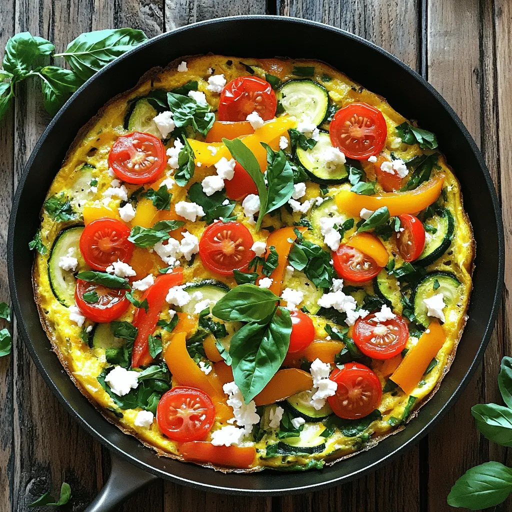 To make a tasty veggie frittata, you need fresh, simple ingredients. Here’s what you’ll need: - 6 large eggs - 1/2 cup milk (or plant-based milk) - 1 cup spinach, chopped - 1 bell pepper, diced - 1 small zucchini, diced - 1/2 cup cherry tomatoes, halved - 1/4 cup onion, finely chopped - 1/2 cup feta cheese, crumbled - 2 tablespoons olive oil - Salt and pepper to taste - Fresh herbs (like basil or parsley) for garnish These ingredients create a colorful and nutritious frittata. Eggs are the base, while veggies add flavor and texture. Using the right tools makes cooking easier and more fun. Here are some must-have items: - A large mixing bowl - A whisk for blending eggs and milk - An oven-safe skillet - A spatula for stirring and serving - A knife and cutting board for prepping veggies With these tools, you’ll cook with ease. An oven-safe skillet lets you start on the stove and bake in the oven. When picking vegetables, freshness matters. Here are some tips to help you choose well: - Look for bright colors and crisp textures. - Avoid any wilting or browning. - Check for firmness, especially in bell peppers and zucchini. - Smell your produce; fresh veggies have a pleasant scent. Fresh vegetables enhance the frittata's taste. They also add nutrition and make your meal visually appealing. Enjoy experimenting with different veggies for unique flavors. For the complete recipe, check the Full Recipe. Start by preheating your oven to 350°F (175°C). This heat will cook the frittata evenly. Next, grab an oven-safe skillet. I love using cast iron for this. Add two tablespoons of olive oil to the skillet and set it on medium heat. This oil helps the veggies cook well and adds flavor. In a large bowl, crack six large eggs. Add half a cup of milk, which can be regular or plant-based. Whisk them together until smooth. You want the eggs and milk to blend well. Season this mix with salt and pepper to your taste. This step builds a tasty base for your frittata. Once the oil is hot, add the finely chopped onion and diced bell pepper to the skillet. Sauté them for about 3-4 minutes. You want them soft but not mushy. After that, toss in the diced zucchini and halved cherry tomatoes. Keep stirring for another 2-3 minutes. Now, add one cup of chopped spinach. Cook until it wilts, about 1-2 minutes. This veggie mix brings color and flavor to your frittata. Now, pour the egg mixture over your sautéed veggies in the skillet. Gently stir to spread everything out evenly. Sprinkle half a cup of crumbled feta cheese on top. This cheese adds a nice salty kick. Carefully place the skillet in the preheated oven. Bake for 20-25 minutes. You’ll know it’s done when the frittata is set and slightly golden on top. After baking, let it cool for a few minutes. Slice it into wedges, and if you like, garnish with fresh herbs. Your Easy Veggie Frittata is now ready to serve! Check out the Full Recipe for details on ingredients and times. To get a fluffy frittata, use fresh eggs. Fresh eggs beat better and create air. Whisk the eggs with milk until smooth. This mix adds creaminess. Avoid overcooking the frittata. It should be slightly jiggly in the center when you take it out of the oven. The residual heat will finish cooking it. Seasoning is key! Start with salt and pepper, but feel free to add more. Try garlic powder for depth or smoked paprika for a hint of warmth. Fresh herbs also add a great touch. Basil and parsley work well. Add them right before serving for the best flavor. Preheat your oven to 350°F (175°C) before you start. This ensures even cooking. While sautéing, keep an eye on the veggies. They should be soft but not mushy. Bake the frittata for 20-25 minutes. Check it at 20 minutes. The edges should look set, and the top can be golden. Enjoy every bite of this veggie delight! For the full recipe, refer to the section above. {{image_2}} You can change the taste of your veggie frittata with different vegetables. Try using broccoli, carrots, or kale. Each veggie adds its unique flavor and texture. You can also mix in fresh herbs like thyme or dill. They bring a pop of brightness and aroma. Just chop them finely and add them to the mix. This makes your frittata more fun and tasty! Cheese can change how your frittata tastes. Feta is great, but you can try others too. Goat cheese adds a tangy kick. Cheddar gives a rich, creamy flavor. If you want a milder taste, use mozzarella. Just remember to crumble or shred the cheese before adding it. This way, it melts evenly in the eggs. Mixing different cheeses can create a delightful taste. You can easily make this frittata vegan or dairy-free. Instead of eggs, use chickpea flour mixed with water. This combination will bind and set like eggs do. For a creamy texture, use cashew cream or silken tofu. Just blend it until smooth. For milk, choose almond or soy milk instead of regular milk. These swaps keep the dish tasty and enjoyable for everyone. To store leftover frittata, let it cool first. Once cool, wrap it in plastic wrap or foil. You can also use an airtight container. This keeps the frittata fresh. Place it in the fridge for up to three days. If you want to keep it longer, consider freezing. When you are ready to eat the frittata, reheating is key. You can use the oven or microwave. For the oven, preheat it to 350°F (175°C). Place the frittata on a baking sheet. Heat for about 10-15 minutes. This helps it get warm and crispy. If using a microwave, place a slice on a plate. Heat for 1-2 minutes. Cover it with a damp paper towel to keep it moist. Freezing frittata is easy and smart. Cut the frittata into portions. Wrap each piece in plastic wrap, then in foil. This prevents freezer burn. You can freeze it for up to two months. When you want to eat it, thaw it in the fridge overnight. Then reheat as mentioned above. Enjoy your meal anytime! For the full recipe, check out the complete guide. You can serve the frittata with a light salad. A mixed green salad goes well. Add some slices of avocado for creaminess. You can also pair it with crusty bread. Toasted bread adds a nice crunch. For a heartier meal, serve it with roasted potatoes. Enjoy it with a fresh fruit plate for a sweet touch. Yes, you can make this frittata ahead of time. Just cook it, cool it, and store it in the fridge. It stays fresh for about 3-4 days. You can reheat it in the oven or microwave. This makes it great for meal prep. You can grab a slice for breakfast or lunch easily. Check the frittata at the 20-minute mark. It should be set in the center. You can insert a knife into the middle to check. If it comes out clean, it is done. The top should be slightly golden and firm. Let it cool for a few minutes before slicing. If you want to make a vegan frittata, use chickpea flour. Mix it with water to create a batter. You can also use silken tofu blended until smooth. Another option is to use ground flaxseed mixed with water. These swaps work well with the same veggies. They create a tasty, egg-free version. For more details, check the Full Recipe. You learned how to create a delicious veggie frittata with fresh ingredients. We covered essential tools, step-by-step cooking instructions, and tips to improve texture and flavor. I shared ideas for variations and proper storage methods. Remember, cooking is fun and easy with the right approach. Experiment with ingredients you love. Enjoy your tasty frittata today!