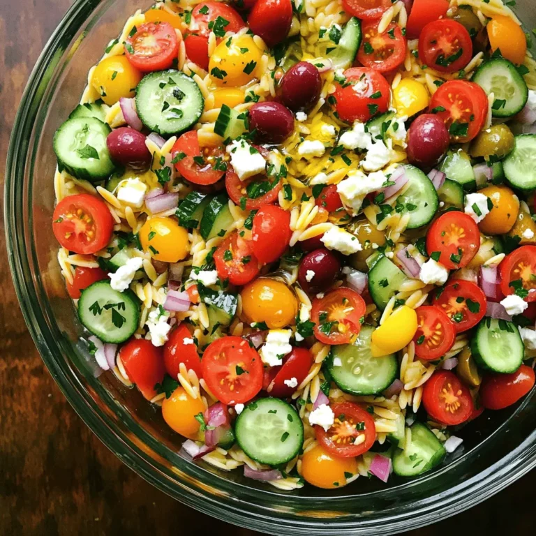 Here’s what you need to make a tasty Greek Orzo Salad. Gather these fresh ingredients for the best flavor: - Orzo Pasta: 1 cup - Vegetable Broth: 2 cups - Fresh Vegetables: - Halved Cherry Tomatoes - Diced Cucumber - Diced Red Bell Pepper - Finely Chopped Red Onion - Kalamata Olives: 1/2 cup, Pitted and Sliced - Feta Cheese: 1/2 cup, Crumbled - Fresh Herbs: 1/4 cup Fresh Parsley, Chopped - Dressing Ingredients: - Olive Oil - Lemon Juice - Dried Oregano - Salt - Pepper Each ingredient adds its own charm to the salad. The orzo gives a nice texture. The vegetables bring color and crunch. The olives and feta add saltiness, while the dressing ties it all together. If you want the full recipe with detailed steps, check out the [Full Recipe]. Enjoy your cooking! - First, boil 2 cups of vegetable broth in a medium saucepan. - Add 1 cup of orzo pasta and cook for about 9-11 minutes. Stir occasionally. - Once it's al dente, drain the orzo and rinse it under cold water. This stops the cooking. Set it aside to cool completely. - While the orzo cooks, chop your fresh veggies. Use 1 cup of halved cherry tomatoes, 1 diced cucumber, 1 diced red bell pepper, and 1/4 finely chopped red onion. - In a large bowl, combine all the chopped vegetables. - For the dressing, whisk together 3 tablespoons of olive oil, 2 tablespoons of lemon juice, 1 teaspoon of dried oregano, and salt and pepper to taste in a small bowl. - Once the orzo has cooled, add it to the bowl of vegetables. - Pour the dressing over the orzo and veggies. Toss everything gently to mix. - Fold in 1/4 cup of fresh chopped parsley for extra flavor. - Taste your salad and adjust the seasoning if needed. - Chill the salad in the fridge for at least 30 minutes before serving. This helps the flavors meld together beautifully. For more details, check the Full Recipe. Cooking Orzo Al Dente To make the best Greek orzo salad, cook your orzo just right. Al dente means “to the bite.” This means the orzo should be firm yet tender. Boil the vegetable broth and add the orzo. Check the package for cooking time, usually about 9-11 minutes. When done, drain the orzo and rinse it with cold water. This stops the cooking and keeps it from getting mushy. Importance of Chilling Chilling your salad is key. After mixing the ingredients, cover the bowl and chill it. Let it sit for at least 30 minutes. This helps the flavors blend and taste even better. Cold salads are refreshing and perfect for warm days. Adding Extra Herbs Want to boost the flavor? Add extra herbs! Fresh herbs like basil or dill can add a nice twist. You can chop them finely and mix them in with your orzo. This makes each bite taste fresh and vibrant. Adjusting Seasoning to Taste Taste your salad before serving. You might want to add more salt or pepper. A squeeze of fresh lemon juice can also brighten the flavors. Don't be afraid to adjust as you go. This is your salad, so make it how you like it! Serving Suggestions For a great look, serve your salad in a clear bowl. This shows off the colorful veggies. You can also use small individual bowls for guests. Each person can enjoy their own portion. How to Garnish Effectively Garnishing makes a dish pop! Sprinkle some extra feta cheese on top. Add a few parsley leaves for color. This not only looks nice but adds a fresh taste too. A beautiful salad is always more appetizing! {{image_2}} You can make Greek orzo salad even better by adding protein. Grilled chicken or shrimp works well. Chicken adds a nice flavor and makes it heartier. Shrimp cooks quickly and blends beautifully with the salad. Just grill or sauté them before mixing in. Both options give the salad a tasty boost. If you prefer a vegetarian dish, try chickpeas or quinoa. Chickpeas offer a great source of protein and fiber. They add a lovely texture and help fill you up. Quinoa is another excellent choice; it’s light and has a nutty flavor. Just cook them separately and mix them in with the other ingredients. Using fresh herbs and vegetables can elevate your orzo salad. In summer, ripe tomatoes and cucumbers taste amazing. In fall, you might add roasted sweet potatoes or butternut squash. Fresh herbs like basil or mint give a fragrant touch. These seasonal ingredients keep the salad fresh and exciting. For the full recipe, you can refer to the Mediterranean Orzo Delight. To keep your Greek Orzo Salad fresh, use airtight containers. Glass or plastic containers work well for storage. Ensure the salad is cooled before sealing. This helps keep moisture in check and the flavors intact. In the fridge, your salad can last up to four days. Keep an eye on it, though. As the days pass, the veggies may lose some crunch. Orzo salad is best served cold. If you prefer it warm, use the stovetop. Place the salad in a pan over low heat. Stir gently until warmed through. Avoid high heat to keep the veggies from wilting. You can also use a microwave. Heat it in short bursts for about 30 seconds. Stir and check if it's warm enough. Can you freeze Greek Orzo Salad? Yes, but it may lose some texture. If you plan to freeze, leave out fresh veggies and herbs. These do not freeze well. To freeze, place the salad in a freezer-safe container. It can last up to three months. When ready to eat, thaw it in the fridge overnight before heating or serving cold. Try this Greek Orzo Salad recipe for a fresh and tasty dish! [Full Recipe] If you can't find orzo, don't worry! You can use other small pasta shapes, like: - Acini di pepe - Ditalini - Couscous - Quinoa Each of these options gives a nice texture. Acini di pepe and ditalini have similar sizes. Couscous and quinoa add a unique twist and extra nutrients. Greek Orzo Salad lasts about 3 to 5 days in the fridge. Store it in an airtight container. This keeps it fresh and tasty. Just remember, the veggies may get softer over time. Yes, you can make Greek Orzo Salad ahead of time! It’s a great meal prep option. I suggest making it a day or two before serving. This allows the flavors to mix well. Just store it in the fridge and enjoy! Absolutely! Greek Orzo Salad is packed with nutrients. Here’s why it’s a healthy choice: - Orzo adds carbs for energy. - Fresh veggies provide vitamins and fiber. - Kalamata olives are rich in healthy fats. - Feta cheese adds protein and calcium. This salad is not only delicious but also nourishing. For the full recipe, check out the Mediterranean Orzo Delight! In this blog post, I covered how to make a delicious Greek Orzo Salad. We looked at the ingredients, cooking steps, tips for perfection, and ways to customize the dish. Remember, cooking the orzo al dente and chilling the salad helps bring out the flavors. With the right ingredients and a few simple steps, you can create a tasty, healthy dish. Enjoy experimenting with variations and storage tips for the best results. With practice, you can impress anyone with your skills and make this salad a go-to favorite.