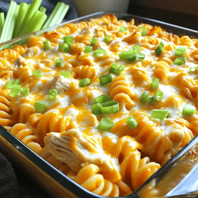 For the perfect Buffalo Chicken Pasta Bake, you need a few key items: - 2 cups rotini pasta - 2 cups cooked chicken, shredded - 1 cup buffalo sauce (adjust to taste) - 1 cup cream cheese, softened - 1 cup shredded cheddar cheese - 1 cup shredded mozzarella cheese - 1/2 cup sour cream - 1/2 cup chopped green onions - 1 teaspoon garlic powder - Salt and pepper to taste - Optional: Celery sticks and ranch dressing for serving Using rotini pasta works best because it holds sauce well. Cook it al dente so it stays firm in the bake. Shredded chicken adds great texture and flavor. I love using rotisserie chicken for ease. Cream cheese makes the dish creamy and rich. Adjust the buffalo sauce to match your spice level. If you want it milder, use less sauce. Chopped green onions not only add flavor but also a fresh crunch. For the cheeses, a mix of cheddar and mozzarella gives a nice flavor blend. The mozzarella melts beautifully, while cheddar adds sharpness. You can try other pasta shapes, like penne or fusilli. If you want a dairy-free option, use vegan cream cheese and cheese. For a spicier kick, add jalapeños or extra buffalo sauce. You can also swap the chicken for shredded turkey or cooked sausage. Each choice brings a new twist to your dish! For a lighter version, use Greek yogurt instead of sour cream. For the full recipe, check out the details above! To make Buffalo Chicken Pasta Bake, first, gather your ingredients. You will need rotini pasta, cooked chicken, buffalo sauce, cream cheese, cheddar cheese, mozzarella cheese, sour cream, green onions, garlic powder, salt, and pepper. This dish is simple and quick, taking about 50 minutes from start to finish. 1. Preheat your oven to 350°F (175°C). This step is key for even baking. 2. Cook the rotini pasta as per the package instructions. Make sure it is al dente. Drain the pasta and set it aside. 3. In a large mixing bowl, add your shredded chicken. Pour in the buffalo sauce and softened cream cheese. 4. Add the sour cream, garlic powder, green onions, salt, and pepper. Mix everything well until it is smooth and creamy. 5. Gently fold in the cooked pasta. Ensure the pasta is coated nicely with the buffalo chicken mix. 1. Transfer the chicken and pasta mix to a greased 9x13 inch baking dish. Spread it out evenly. 2. Sprinkle the shredded cheddar and mozzarella cheese on top. This will create a nice, gooey layer. 3. Bake in the preheated oven for 25-30 minutes. Look for melted, bubbly cheese as a sign it’s done. 4. Once baked, remove the dish from the oven. Let it cool for a few minutes before serving. For a great presentation, sprinkle more green onions on top and serve with celery sticks. You can add ranch dressing for extra flavor. Enjoy your tasty Buffalo Chicken Pasta Bake! For the full recipe, check above. To boost flavor, I recommend using fresh ingredients. Fresh green onions and chicken add a lot. You can also adjust the buffalo sauce to match your taste. If you like it spicy, add more sauce. Mixing cream cheese well helps it blend smoothly. Always taste as you go. This way, you can find the right balance. One common mistake is overcooking the pasta. Cook it until it's just al dente. This keeps the pasta from getting mushy in the bake. Another mistake is not mixing the ingredients enough. You want all flavors to combine well. Lastly, don’t skip the cheese topping. It becomes golden and bubbly, making the dish even better. When serving, sprinkle some chopped green onions on top. This adds color and a fresh taste. I like to serve it with celery sticks on the side. They give a nice crunch. A drizzle of ranch dressing is a great touch too. If you want, you can pair it with a simple salad. This helps balance the rich flavors. For the full recipe, check out the earlier section. {{image_2}} You can easily modify this dish to fit your diet. For a gluten-free option, use gluten-free pasta. Many brands offer great choices that taste good. If you want it dairy-free, substitute the cream cheese and cheese with plant-based options. There are nice vegan cream cheeses and shreds available. Check labels to ensure they're dairy-free. If you love heat, add more buffalo sauce. You can also mix in some diced jalapeños for extra spice. For a richer taste, try adding more cheese. Extra cheddar or pepper jack gives it a nice kick. You can even experiment with different cheese blends to find your favorite mix. Pair this bake with fresh veggies or a salad. Celery sticks are great for crunch and can cool the spice. A side of ranch dressing makes it even better. You can also serve it with garlic bread for a hearty meal. Feel free to explore different side dishes that fit your taste. For the full Buffalo Chicken Pasta Bake recipe, check the [Full Recipe]. Once you finish your meal, let the Buffalo Chicken Pasta Bake cool down. After it cools, transfer the leftovers to an airtight container. Make sure to cover it well. This will keep it fresh. You can store it in the fridge for up to three days. If you want to enjoy it later, freezing is a great option. To freeze your Buffalo Chicken Pasta Bake, first, let it cool completely. Then, place it in a freezer-safe container. You can also use a freezer bag. Just remove as much air as you can. Label the container with the date. It will stay fresh in the freezer for up to three months. When you’re ready to eat it, thaw it in the fridge overnight before reheating. Reheating is easy! Preheat your oven to 350°F (175°C). Place the pasta bake in an oven-safe dish. Cover it with foil to keep the moisture in. Heat it for about 20-25 minutes or until it's warm throughout. You can also reheat in the microwave. Just cover it with a microwave-safe lid and heat in short bursts until hot. Enjoy your meal without losing any flavor! To make Buffalo Chicken Pasta Bake from scratch, you start by cooking rotini pasta. You cook it until it is al dente and then drain it. In a big bowl, mix shredded chicken with buffalo sauce, cream cheese, sour cream, garlic powder, chopped green onions, salt, and pepper. Stir everything until it's well combined. Then, fold in the cooked pasta to coat it nicely with the sauce. Pour this mix into a greased baking dish. Top with cheddar and mozzarella cheese. Bake it at 350°F for about 25 to 30 minutes until the cheese is melted. For the full recipe, check the details above. Yes, you can use different pasta shapes. Rotini works great, but penne or fusilli also fit well. Just ensure you cook the pasta until al dente. This means it should still feel firm when you bite it. Different shapes can change the texture and look of your dish, making it fun to experiment. Buffalo Chicken Pasta Bake lasts about 3 to 5 days in the fridge. To keep it fresh, store it in an airtight container. When you're ready to eat, just reheat it in the oven or microwave. If you want it to taste as good as new, make sure to cover it while reheating. This blog post covered every part of making Buffalo Chicken Pasta Bake. We explored needed ingredients, cooking steps, and essential tips. This dish is simple yet packed with flavor. Remember, you can modify it to fit your diet or taste. Always store leftovers correctly for more tasty meals. Don't forget to try different pasta types for fun variations. With these guides, you can create a dish everyone will love. Enjoy your cooking adventure!