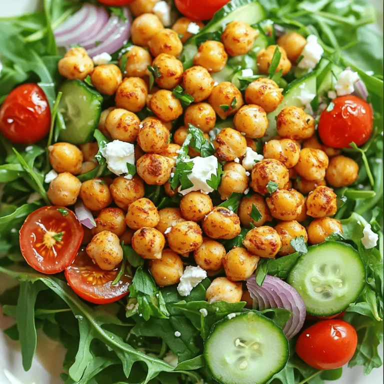 For this salad, you need a few key items. Here’s what you'll use: - 1 can (15 oz) chickpeas, drained and rinsed - 2 tablespoons olive oil - 1 teaspoon smoked paprika - 1/2 teaspoon garlic powder - Salt and pepper to taste - 4 cups mixed salad greens (arugula, spinach, and romaine) - 1 cup cherry tomatoes, halved - 1/2 cucumber, diced - 1/4 red onion, thinly sliced These ingredients come together to create a delightful mix of flavors and textures. You can make this salad your own with some fun add-ins. Here are some options: - 1/4 cup feta cheese, crumbled (optional) - Avocado slices for creaminess - Nuts or seeds for crunch - Bell peppers for extra color Feel free to mix and match based on your taste! The dressing brightens the salad and ties everything together. You only need: - Juice of 1 lemon - Fresh herbs (parsley or cilantro) for garnish This simple dressing brings a fresh zing to your dish. For the full recipe, check out the complete instructions above. First, set your oven to 400°F (200°C). This step is key for crispiness. The high heat will roast the chickpeas perfectly. Next, grab a bowl and add your rinsed chickpeas. Pour in 2 tablespoons of olive oil. Then, sprinkle in 1 teaspoon of smoked paprika and 1/2 teaspoon of garlic powder. Add salt and pepper to taste. Use a spoon to mix everything well. You want each chickpea coated evenly. Now, spread the chickpeas on a baking sheet in a single layer. Roast them for 25–30 minutes. Shake the pan halfway through to help them cook evenly. While the chickpeas roast, prepare your salad. In a large bowl, combine 4 cups of mixed greens, 1 cup of halved cherry tomatoes, 1/2 diced cucumber, and 1/4 thinly sliced red onion. Once the chickpeas are golden and crispy, take them out of the oven. Let them cool for a bit, then add them to your salad mix. Squeeze the juice of 1 lemon over everything and toss gently. If you like, sprinkle 1/4 cup of crumbled feta cheese on top. Finish with fresh herbs like parsley or cilantro for garnish. You can serve this salad right away for that crunch. For the complete recipe, check out the Full Recipe section. Enjoy your flavorful and healthy delight! To get those chickpeas nice and crispy, start with dry ones. Use a clean towel to pat them dry after rinsing. This helps them roast better. Toss the chickpeas with olive oil and spices well. The oil helps them crisp up. Spread them on a baking sheet in one layer. Crowding them makes them steam instead of roast. Bake them at 400°F for 25-30 minutes. Shake the pan halfway through. This helps them cook evenly and get crispy all around. You can boost the flavor of your chickpeas easily. Try adding different spices like cumin or chili powder. These add warmth and depth. You can also mix in some lemon zest for a bright touch. If you want a kick, add a pinch of cayenne pepper. Fresh herbs like parsley or cilantro make a great finish. They add a fresh taste and color. You can also choose to add feta cheese for some creaminess. This salad is great on its own, but you can serve it with many things. It pairs well with grilled chicken or fish. For a heartier meal, add quinoa or brown rice. You can also serve it with a side of pita bread for some crunch. If you want to make it more filling, add sliced avocado. The creamy texture contrasts well with the crispy chickpeas. For the best taste, serve it fresh right after making it. If you want a chill, refrigerate it for a short time before serving. Check out the Full Recipe for more details! {{image_2}} You can boost your crispy chickpea salad by adding protein. Try grilled chicken for a hearty touch. Shrimp works well too, giving a nice flavor. For a meatless option, consider adding tofu. Make sure to season and cook it well to get a nice crust. Lentils can also add protein and texture. Just remember to cook them before adding. This salad is great for all diets. If you want to keep it vegan, skip the feta cheese. You can replace it with avocado for creaminess. Nutritional yeast gives a cheesy flavor without dairy. If you want a different twist, add a scoop of hummus on top. It adds richness and pairs well with the salad. You can change this salad with seasonal ingredients. In spring, use fresh peas or radishes for crunch. Summer calls for fresh corn or bell peppers for sweetness. In fall, add roasted squash or apples for warmth. Winter is perfect for kale or hearty greens. These swaps keep the salad fresh and exciting all year. Try these ideas to make each salad unique! For the full recipe, check the details above. To store leftover salad, place it in an airtight container. This keeps it fresh. You can store it in the fridge for up to three days. The crispy chickpeas may lose some crunch, but the flavor stays great. If you want to reheat the chickpeas, use the oven. Preheat it to 350°F (175°C). Spread the chickpeas on a baking sheet and heat for about 10 minutes. This helps them regain some crispiness. You can also enjoy them cold on a salad. To keep your salad fresh, store the dressing separately. Mix it in just before serving. This keeps the greens crisp and bright. If using fresh herbs, add them right before serving. This keeps their flavor strong. Always check for freshness before eating leftovers. Enjoy your crispy chickpea salad at its best! For the full recipe, visit the recipe section. You can serve this salad with many dishes. Try grilled chicken, fish, or tofu. It pairs well with crusty bread or a light soup too. The flavors blend well with many sides. Add a dollop of hummus for a tasty twist. You can also enjoy it on its own as a light meal. Yes, you can make this salad ahead of time. You can prepare the chickpeas and salad base separately. Store them in airtight containers in the fridge. This keeps the chickpeas crispy and the greens fresh. Just mix them together right before serving. This way, you maintain the best taste and texture. Absolutely! This salad is great for meal prep. It holds up well when stored. You can pack it for lunch or quick dinners. The chickpeas stay crunchy, while the veggies remain fresh. Just keep the dressing separate until you're ready to eat. This helps keep everything crisp and tasty. Making this salad gluten-free is easy! All the main ingredients are naturally gluten-free. Just ensure your chickpeas and any add-ins are certified gluten-free. If you use any store-bought dressings, check the label. Most of the ingredients in this salad are safe for gluten-free diets. Enjoy it worry-free! For the full recipe, check out the Crispy Chickpea Salad section. This blog post covered how to make a tasty crispy chickpea salad. We looked at the key ingredients, step-by-step instructions, and helpful tips. I shared fun ways to change the recipe, store leftovers, and answered common questions. With this knowledge, you can enjoy a fresh, healthy meal. Try different add-ins and see what you like best. Enjoy your cooking and experimenting!