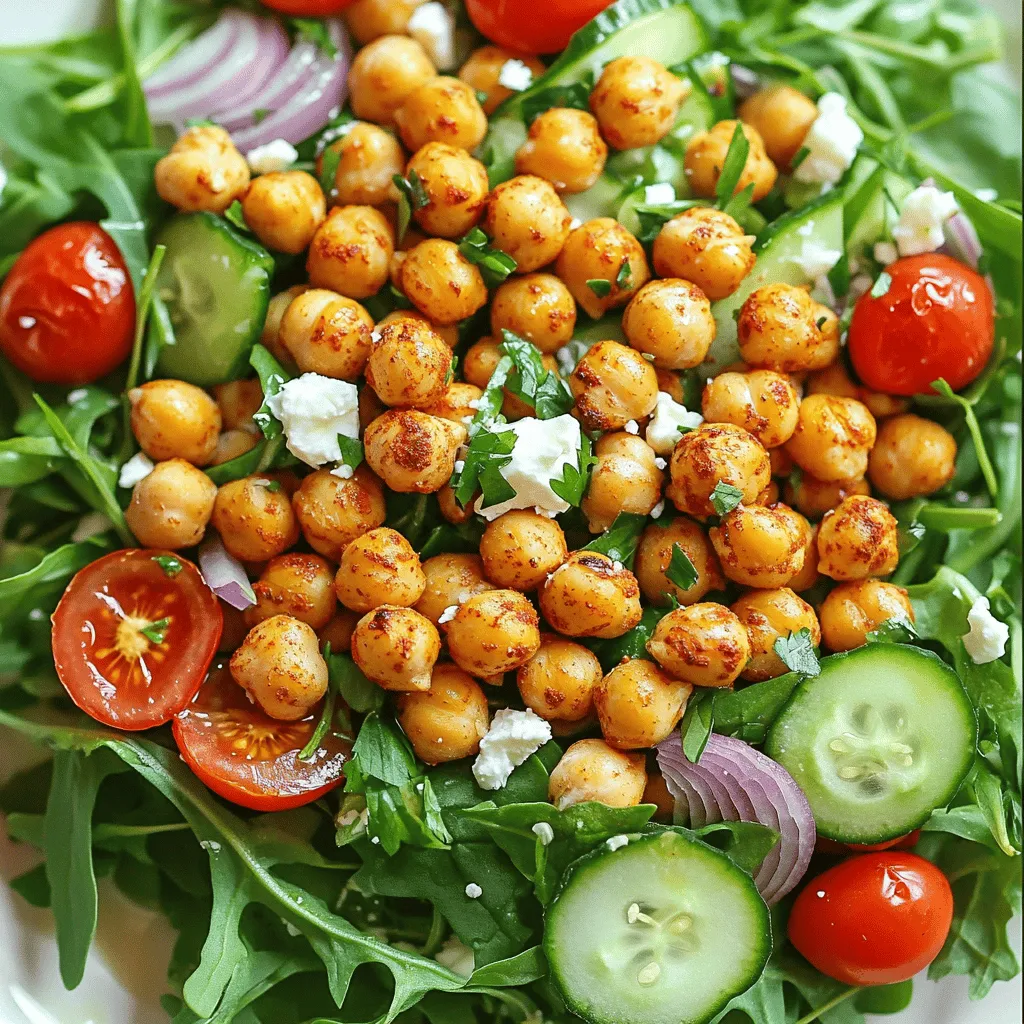 For this salad, you need a few key items. Here’s what you'll use: - 1 can (15 oz) chickpeas, drained and rinsed - 2 tablespoons olive oil - 1 teaspoon smoked paprika - 1/2 teaspoon garlic powder - Salt and pepper to taste - 4 cups mixed salad greens (arugula, spinach, and romaine) - 1 cup cherry tomatoes, halved - 1/2 cucumber, diced - 1/4 red onion, thinly sliced These ingredients come together to create a delightful mix of flavors and textures. You can make this salad your own with some fun add-ins. Here are some options: - 1/4 cup feta cheese, crumbled (optional) - Avocado slices for creaminess - Nuts or seeds for crunch - Bell peppers for extra color Feel free to mix and match based on your taste! The dressing brightens the salad and ties everything together. You only need: - Juice of 1 lemon - Fresh herbs (parsley or cilantro) for garnish This simple dressing brings a fresh zing to your dish. For the full recipe, check out the complete instructions above. First, set your oven to 400°F (200°C). This step is key for crispiness. The high heat will roast the chickpeas perfectly. Next, grab a bowl and add your rinsed chickpeas. Pour in 2 tablespoons of olive oil. Then, sprinkle in 1 teaspoon of smoked paprika and 1/2 teaspoon of garlic powder. Add salt and pepper to taste. Use a spoon to mix everything well. You want each chickpea coated evenly. Now, spread the chickpeas on a baking sheet in a single layer. Roast them for 25–30 minutes. Shake the pan halfway through to help them cook evenly. While the chickpeas roast, prepare your salad. In a large bowl, combine 4 cups of mixed greens, 1 cup of halved cherry tomatoes, 1/2 diced cucumber, and 1/4 thinly sliced red onion. Once the chickpeas are golden and crispy, take them out of the oven. Let them cool for a bit, then add them to your salad mix. Squeeze the juice of 1 lemon over everything and toss gently. If you like, sprinkle 1/4 cup of crumbled feta cheese on top. Finish with fresh herbs like parsley or cilantro for garnish. You can serve this salad right away for that crunch. For the complete recipe, check out the Full Recipe section. Enjoy your flavorful and healthy delight! To get those chickpeas nice and crispy, start with dry ones. Use a clean towel to pat them dry after rinsing. This helps them roast better. Toss the chickpeas with olive oil and spices well. The oil helps them crisp up. Spread them on a baking sheet in one layer. Crowding them makes them steam instead of roast. Bake them at 400°F for 25-30 minutes. Shake the pan halfway through. This helps them cook evenly and get crispy all around. You can boost the flavor of your chickpeas easily. Try adding different spices like cumin or chili powder. These add warmth and depth. You can also mix in some lemon zest for a bright touch. If you want a kick, add a pinch of cayenne pepper. Fresh herbs like parsley or cilantro make a great finish. They add a fresh taste and color. You can also choose to add feta cheese for some creaminess. This salad is great on its own, but you can serve it with many things. It pairs well with grilled chicken or fish. For a heartier meal, add quinoa or brown rice. You can also serve it with a side of pita bread for some crunch. If you want to make it more filling, add sliced avocado. The creamy texture contrasts well with the crispy chickpeas. For the best taste, serve it fresh right after making it. If you want a chill, refrigerate it for a short time before serving. Check out the Full Recipe for more details! {{image_2}} You can boost your crispy chickpea salad by adding protein. Try grilled chicken for a hearty touch. Shrimp works well too, giving a nice flavor. For a meatless option, consider adding tofu. Make sure to season and cook it well to get a nice crust. Lentils can also add protein and texture. Just remember to cook them before adding. This salad is great for all diets. If you want to keep it vegan, skip the feta cheese. You can replace it with avocado for creaminess. Nutritional yeast gives a cheesy flavor without dairy. If you want a different twist, add a scoop of hummus on top. It adds richness and pairs well with the salad. You can change this salad with seasonal ingredients. In spring, use fresh peas or radishes for crunch. Summer calls for fresh corn or bell peppers for sweetness. In fall, add roasted squash or apples for warmth. Winter is perfect for kale or hearty greens. These swaps keep the salad fresh and exciting all year. Try these ideas to make each salad unique! For the full recipe, check the details above. To store leftover salad, place it in an airtight container. This keeps it fresh. You can store it in the fridge for up to three days. The crispy chickpeas may lose some crunch, but the flavor stays great. If you want to reheat the chickpeas, use the oven. Preheat it to 350°F (175°C). Spread the chickpeas on a baking sheet and heat for about 10 minutes. This helps them regain some crispiness. You can also enjoy them cold on a salad. To keep your salad fresh, store the dressing separately. Mix it in just before serving. This keeps the greens crisp and bright. If using fresh herbs, add them right before serving. This keeps their flavor strong. Always check for freshness before eating leftovers. Enjoy your crispy chickpea salad at its best! For the full recipe, visit the recipe section. You can serve this salad with many dishes. Try grilled chicken, fish, or tofu. It pairs well with crusty bread or a light soup too. The flavors blend well with many sides. Add a dollop of hummus for a tasty twist. You can also enjoy it on its own as a light meal. Yes, you can make this salad ahead of time. You can prepare the chickpeas and salad base separately. Store them in airtight containers in the fridge. This keeps the chickpeas crispy and the greens fresh. Just mix them together right before serving. This way, you maintain the best taste and texture. Absolutely! This salad is great for meal prep. It holds up well when stored. You can pack it for lunch or quick dinners. The chickpeas stay crunchy, while the veggies remain fresh. Just keep the dressing separate until you're ready to eat. This helps keep everything crisp and tasty. Making this salad gluten-free is easy! All the main ingredients are naturally gluten-free. Just ensure your chickpeas and any add-ins are certified gluten-free. If you use any store-bought dressings, check the label. Most of the ingredients in this salad are safe for gluten-free diets. Enjoy it worry-free! For the full recipe, check out the Crispy Chickpea Salad section. This blog post covered how to make a tasty crispy chickpea salad. We looked at the key ingredients, step-by-step instructions, and helpful tips. I shared fun ways to change the recipe, store leftovers, and answered common questions. With this knowledge, you can enjoy a fresh, healthy meal. Try different add-ins and see what you like best. Enjoy your cooking and experimenting!
