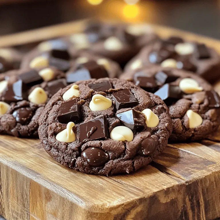 To make these cookies, you need: - 1 cup unsalted butter, melted - 1 cup brown sugar, packed - 1/2 cup granulated sugar - 2 large eggs - 2 teaspoons vanilla extract - 1 1/2 cups all-purpose flour - 1/2 cup cocoa powder - 1 teaspoon baking soda - 1/2 teaspoon salt - 1 cup semi-sweet chocolate chips - 1 cup white chocolate chips - 1/2 cup dark chocolate chunks Using high-quality chocolate makes a big difference. The flavor shines through in every bite. I always pick chocolate with at least 60% cocoa for the semi-sweet chips. It gives a rich taste without being too sweet. For white chocolate, choose a brand with real cocoa butter. This ensures a creamy texture and great flavor. Butter is just as crucial. I use unsalted butter in this recipe. This lets you control the salt in the cookies. Fresh butter gives the best taste, so check the expiration date. Accurate measuring is key to great cookies. Use dry measuring cups for flour and cocoa powder. Spoon the ingredient into the cup, then level it off. This prevents packing, which can lead to dry cookies. For sticky ingredients like brown sugar, pack it tightly into the cup. This ensures you get the right amount. When it comes to melted butter, let it cool slightly. Hot butter can cook the eggs if added too soon. Before you start, gather all your ingredients. This makes the process smooth and fun. Follow the Full Recipe for step-by-step guidance to create these delicious cookies! To make these cookies, start by preheating your oven to 350°F (175°C). This gets your oven ready for baking. Line a baking sheet with parchment paper. This helps the cookies not stick. In a large bowl, mix the melted butter, brown sugar, and granulated sugar. Whisk until it looks smooth. Then, add the eggs one at a time. Mix well after each egg. Stir in the vanilla extract to boost flavor. Next, in another bowl, whisk together flour, cocoa powder, baking soda, and salt. Gradually add this dry mix to the wet mix. Stir gently; don’t overmix. This keeps the cookies soft. Now, fold in the semi-sweet chocolate chips, white chocolate chips, and dark chocolate chunks. This is where the magic happens. Use a cookie scoop or a tablespoon to drop rounded balls of dough onto the baking sheet. Leave space between each cookie. Bake them for 10-12 minutes. Watch for the edges to set while the centers stay soft. This is key to that fudgy texture. Finally, let the cookies cool on the baking sheet for 5 minutes. After that, move them to a wire rack to cool completely. To get that perfect fudge-like texture, remember a few tricks. First, use melted butter instead of softened butter. This helps create a denser cookie. Second, be careful not to overmix the dough. Overmixing can lead to tough cookies. Baking the cookies just until the edges are set also helps. If you bake them too long, they won’t stay soft. Letting them cool on the baking sheet first helps, too. The cookies will continue to cook slightly from the heat. Cooling cookies is important. After baking, give them 5 minutes to cool on the tray. This helps them firm up a bit. Once they are on a wire rack, let them cool completely. Storing cookies is easy. Place cooled cookies in an airtight container. They stay fresh that way. Keep them at room temperature. If you want them to last longer, freeze them. Just place them in a freezer bag. For the full recipe, check the earlier section. Enjoy your cookie-making adventure! Baking cookies can be tricky. Here are some common mistakes to watch for: - Overmixing the dough: This makes cookies tough. Mix until just combined. - Not chilling the dough: Chilling helps cookies hold their shape. Don’t skip this step! - Using cold ingredients: Room temperature butter and eggs blend better. They create a nice, smooth dough. - Incorrect oven temperature: Always check your oven with an oven thermometer. A wrong temperature can ruin your cookies. To get the perfect texture and flavor in your cookies, follow these tips: - Use high-quality chocolate: Good chocolate makes a big difference. It enhances the taste. - Measure accurately: Use a kitchen scale for precise measurements. This helps maintain balance in your recipe. - Add a pinch of sea salt: This enhances sweetness and depth of flavor. A little salt goes a long way. - Don’t overbake: Take cookies out when the edges are set. The centers should look soft. Having the right tools makes baking easier and more fun. Here’s what you need: - Mixing bowls: Use large bowls for mixing ingredients. - Whisk: A sturdy whisk helps blend wet ingredients smoothly. - Measuring cups and spoons: Accurate measurements ensure success. - Silicone spatula: Great for folding in chocolate and scraping bowls clean. - Cookie scoop: This makes uniform cookies. It also speeds up the process. - Parchment paper: It prevents cookies from sticking and makes cleanup easy. By following these tips, you can bake Triple Chocolate Fudge Cookies that are chewy and rich. For a detailed guide, check the Full Recipe. {{image_2}} You can make these cookies fit many diets. For a dairy-free option, use coconut oil instead of butter. You can also swap in almond or oat milk for eggs. If you need gluten-free cookies, try using a gluten-free flour blend. These swaps work well, and you won't lose taste! Want to change things up? Add a pinch of sea salt on top before baking. This makes the chocolate taste even richer. You can also mix in nuts, like walnuts or pecans, for crunch. For a fruity twist, add dried cherries or cranberries. Each option brings new flavors, making every batch special. Serve these cookies warm with a glass of cold milk. For a fun dessert, pair them with vanilla ice cream. You can also stack them high on a plate and dust with powdered sugar. If you’re gifting them, place them in a cute box. Friends will love the treat and the presentation! To keep your cookies fresh, store them in an airtight container. This helps lock in moisture and flavor. Place parchment paper between layers of cookies to avoid sticking. You can also add a slice of bread to the container. This tip adds moisture and keeps cookies chewy. Freezing cookies is a great way to save them for later. Start by letting the cookies cool completely. Then, place them in a single layer on a baking sheet. Freeze for about an hour until firm. After that, transfer them to a freezer-safe bag or container. Label it with the date. You can freeze them for up to three months. When you want to enjoy them, just thaw at room temperature. Baked Triple Chocolate Fudge Cookies stay fresh for about one week at room temperature. If you keep them in the fridge, they last about two weeks. Just remember to seal them well. This keeps them tasty and soft. For longer storage, use the freezing method mentioned above. Enjoy every bite, even days later! To make Triple Chocolate Fudge Cookies from scratch, start by melting 1 cup of unsalted butter. Mix this with 1 cup of packed brown sugar and 1/2 cup of granulated sugar until smooth. Then, add 2 large eggs and 2 teaspoons of vanilla extract. In another bowl, whisk 1 1/2 cups of all-purpose flour, 1/2 cup of cocoa powder, 1 teaspoon of baking soda, and 1/2 teaspoon of salt together. Combine the wet and dry mixtures. Finally, fold in 1 cup of semi-sweet chocolate chips, 1 cup of white chocolate chips, and 1/2 cup of dark chocolate chunks. Scoop the dough onto a baking sheet and bake at 350°F for 10-12 minutes. For these cookies, I recommend using high-quality chocolate. Semi-sweet chocolate chips add a rich flavor. White chocolate chips bring sweetness and creaminess. Dark chocolate chunks provide a deep, bold taste. Using a mix of these chocolates makes each bite special. Look for chocolate with at least 60% cocoa for the best results. This blend ensures a great balance of flavors in every cookie. Yes, you can make these cookies ahead of time. You can prepare the dough and chill it in the fridge for up to 3 days. This helps the flavors develop. When you’re ready to bake, scoop out the dough and bake as directed. You can also freeze the dough for up to 2 months. Just thaw it in the fridge overnight before baking. These methods keep your cookies fresh and tasty, ready for any occasion. For the full recipe, check out the detailed instructions above! To make the best Triple Chocolate Fudge Cookies, start with quality ingredients. The right chocolate and butter matter. Follow the steps carefully for that soft, chewy texture. Remember to cool and store them well to keep them fresh. I've shared tips to help you avoid common baking errors. Feel free to get creative with mix-ins or substitutions. No matter how you make them, these cookies can be a treat for everyone. Enjoy every bite, and happy baking!