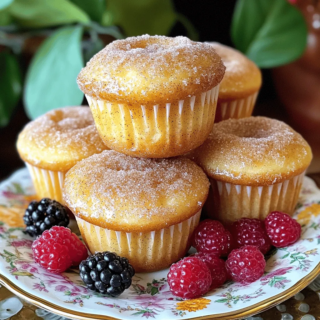 To make these delightful muffins, you will need the following ingredients: - 1 ½ cups all-purpose flour - 1 teaspoon baking powder - ½ teaspoon baking soda - ½ teaspoon salt - 1 teaspoon ground cinnamon - ½ cup granulated sugar - 1 large egg - ½ cup buttermilk (or ½ cup milk mixed with 1/2 teaspoon vinegar) - ¼ cup vegetable oil - 1 teaspoon vanilla extract - ½ cup granulated sugar (for coating) - 1 tablespoon ground cinnamon (for coating) When making these muffins, precise measurements are key for success. If you don’t have buttermilk, you can mix regular milk with vinegar. This makes a great substitute. You can use coconut oil instead of vegetable oil for a different flavor. You’ll need a few tools to get started. Here’s what you should have on hand: - Muffin tin (greased or lined with paper liners) - Mixing bowls - Whisk for mixing - Measuring cups and spoons - Toothpick to check doneness - Wire rack for cooling muffins Gather these items, and you’ll be ready to whip up a batch of cinnamon sugar donut muffins. For the full recipe, check out the complete guide! Start by preheating your oven to 350°F (175°C). Grease a muffin tin or use paper liners. In a large bowl, mix the dry ingredients. Combine 1 ½ cups of all-purpose flour, 1 teaspoon baking powder, ½ teaspoon baking soda, ½ teaspoon salt, and 1 teaspoon ground cinnamon. This blend gives the muffins their soft texture and rich flavor. In another bowl, whisk together ½ cup of granulated sugar and 1 large egg. Stir until it looks smooth. Next, add ½ cup of buttermilk, ¼ cup of vegetable oil, and 1 teaspoon of vanilla extract. Mix these until they blend well. Gradually add the dry mixture to the wet mixture. Stir gently until combined, but don’t overmix. A few lumps are just fine. Spoon the batter into the muffin tin. Fill each cup about ⅔ full. This allows room for the muffins to rise. Bake in the preheated oven for 15-18 minutes. The tops should turn golden. To check if they are done, insert a toothpick into the center. If it comes out clean, your muffins are ready. While the muffins bake, prepare the cinnamon sugar coating. In a bowl, mix ½ cup of granulated sugar with 1 tablespoon of ground cinnamon. This mix adds a sweet, spiced crunch. After baking, let the muffins cool for about 5 minutes. While they are still warm, roll each muffin in the cinnamon sugar mixture. Make sure they are fully coated for the best taste. Place them on a wire rack to cool completely. For the full recipe, refer to the earlier section. Enjoy these muffins warm with a cup of coffee or tea! To get soft and fluffy muffins, follow these steps. First, measure your flour correctly. Use the spoon and level method. This helps avoid too much flour, which can make muffins dense. Second, mix the wet and dry ingredients gently. Overmixing can lead to tough muffins. Stir until just combined. Finally, bake the muffins until golden brown. A toothpick should come out clean when inserted. For a perfect cinnamon sugar coating, prepare the mixture while the muffins bake. Combine ½ cup of sugar and 1 tablespoon of cinnamon in a bowl. Once you take the muffins out of the oven, let them cool for about five minutes. This keeps them warm for better coating. Roll each muffin in the cinnamon sugar right after cooling. Ensure every side is coated well for that sweet crunch. Avoid these common pitfalls when making your muffins. First, don't forget to preheat your oven. A hot oven helps achieve the right rise. Second, be careful not to pack the flour. This can lead to dry muffins. Third, don’t skip the cooling step before coating. Muffins need to be warm but not too hot to touch. Lastly, remember to check on baking time. Every oven is different. Keep an eye on them as they bake. Enjoy making your cinnamon sugar donut muffins with these tips! For the full recipe, check out the details above. {{image_2}} You can make your cinnamon sugar donut muffins even better! Adding chocolate chips brings a sweet and rich flavor. I suggest about ½ cup of semi-sweet or dark chocolate chips. If you prefer nuts, try chopped walnuts or pecans. They add a nice crunch. About ¼ cup works well. You can also mix in fruit like blueberries or diced apples. Use about ½ cup for a tasty twist. Just remember to fold these add-ins gently into the batter to keep the muffins soft. Want to skip the gluten? You can make gluten-free cinnamon sugar donut muffins easily. Use a gluten-free all-purpose flour blend instead of regular flour. Most blends work just like regular flour, so you won’t notice a difference. Be sure to check that your baking powder is gluten-free. This small change still gives you soft and flavorful muffins without gluten. Making these muffins vegan is simple! Instead of the egg, use a flax egg. To make this, mix 1 tablespoon of flaxseed meal with 2.5 tablespoons of water. Let it sit for about 5 minutes until it thickens. For the buttermilk, use plant-based milk, like almond or soy. Add ½ teaspoon of vinegar to create a similar tang. These swaps keep your muffins moist and tasty while being dairy-free. Check out the full recipe for more details on how to make these delightful variations! To keep your cinnamon sugar donut muffins fresh, store them in an airtight container. This helps maintain their soft texture. Place the container at room temperature for up to three days. If you live in a humid area, it’s best to refrigerate them. Just remember, refrigeration can make them slightly drier. To enjoy your muffins warm, simply pop them in the microwave. Heat them for about 10 to 15 seconds. This warms them up without making them tough. You can also reheat them in the oven. Set the oven to 350°F (175°C) and bake for about 5 minutes. This will bring back that fresh-baked taste. Freezing your muffins is a great way to save them for later. Allow the muffins to cool completely first. Then, wrap each muffin tightly in plastic wrap. Place the wrapped muffins in a freezer bag or airtight container. They can last up to three months in the freezer. When you’re ready to enjoy them, thaw them overnight in the fridge. Reheat as mentioned above for the best flavor. For the full recipe, check out the earlier section. You can check the muffins at 15 minutes. Insert a toothpick in the center. If it comes out clean, they are ready. If it has batter on it, bake for 1-2 more minutes. The tops should be golden brown. Trust your eyes and nose; they will smell delightful when done. Yes, you can use regular milk. If you don't have buttermilk, mix ½ cup of milk with ½ teaspoon of vinegar. Let it sit for a few minutes. This makes a good substitute. It will help keep your muffins moist and tender. Donut muffins are sweeter and richer. They often use more sugar and butter than regular muffins. The texture is softer and more cake-like. They are rolled in cinnamon sugar, giving them a sweet crust. Regular muffins tend to have a denser texture and less sugar. They can be savory or sweet, offering more flavor variety. For a fun twist, try the full recipe for Cinnamon Sugar Donut Muffins. You now know how to make delicious cinnamon sugar donut muffins. We covered the key ingredients, measurements, and baking tools. I shared simple steps for preparing the batter, baking, and coating. We discussed tips for perfect texture and avoiding common mistakes. You explored fun variations, storage tips, and answered FAQs. With this knowledge, you can bake tasty muffins that everyone will love. Enjoy your baking journey!
