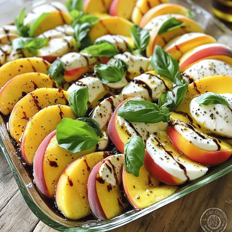 To make a fresh peach caprese salad, gather these simple ingredients: - 3 ripe peaches, sliced - 8 oz fresh mozzarella, sliced - 1 cup fresh basil leaves - 3 tablespoons balsamic glaze - 2 tablespoons extra virgin olive oil - Salt and black pepper to taste These ingredients create a bright and tasty dish that anyone can enjoy. When measuring, use dry measuring cups for the balsamic glaze and olive oil. A liquid measuring cup works best for any liquid. Slice the peaches and mozzarella evenly for a nice look. Use a sharp knife for clean cuts. Quality ingredients make the dish shine. Fresh peaches bring sweetness and juicy flavor. High-quality mozzarella adds creaminess and richness. Fresh basil gives a lovely aroma and taste. Using good balsamic glaze and olive oil enhances these flavors. Always choose fresh, ripe ingredients to create a salad that impresses. For the full recipe, check the details provided. To make this dish, start with fresh peaches. Wash them well to remove dirt. Cut each peach in half and take out the pit. Next, slice the peaches into wedges. You want thick slices for a great texture. Now, grab your fresh mozzarella. Slice it into rounds that match the peach slices. This pairing will create a beautiful look. Take a serving platter and arrange the peach slices. Alternate them with the mozzarella slices. This creates a colorful display. Tuck in fresh basil leaves between the fruit and cheese. The basil adds a lovely aroma and taste. Now it’s time to dress the salad. Drizzle balsamic glaze over the top. Follow this with extra virgin olive oil. Finally, sprinkle salt and black pepper to taste. These simple seasonings enhance the flavors. Let the salad sit for a few minutes. This waiting time allows the flavors to blend nicely. For serving, use a large, shallow dish. This helps showcase the bright colors of the salad. Place some extra basil leaves on top for a finishing touch. You can serve this salad as a starter or a side dish. It pairs well with grilled meats or fish. Consider adding crusty bread on the side. This will soak up the delicious juices. Timing is key for flavor. Aim to serve the salad right after you prepare it. This keeps the peaches fresh and juicy. If you need to prep ahead, slice the peaches just before serving. This prevents browning. For the best taste, use ripe peaches. They should feel slightly soft to the touch. The Full Recipe provides all the details you need. Follow these steps, and you will impress everyone! When I pick peaches, I look for soft, slightly firm fruit. Ripe peaches have a sweet smell. The skin should be smooth and slightly yellow or orange. Avoid peaches with large brown spots or wrinkles. Press gently; if it gives a little, it's ready. Picking the right peach is key to a great salad. The beauty of this salad comes from its bright flavors. I always season with salt and pepper. A pinch of salt enhances the sweetness of the peaches. Fresh black pepper adds a nice bite. Don't forget the balsamic glaze! It brings tanginess and depth. Start with a little and adjust to your taste. You can jazz up your salad with more ingredients. Try adding sliced prosciutto for a savory kick. Crumbled feta cheese can add creaminess. If you love nuts, sprinkle some toasted pine nuts for crunch. Each addition brings new flavors to the dish. Explore your options and have fun! For the full recipe, you can check the title above. {{image_2}} You can switch up ingredients based on what’s fresh and in season. Try using ripe tomatoes instead of peaches in the winter. You can also use burrata cheese for a richer flavor. Fresh herbs like mint or arugula can add a nice twist too. Don’t be afraid to mix it up! If you want a vegan version of this salad, replace the mozzarella with a plant-based cheese. You can also use avocado slices for creaminess. For a dairy-free option, almond or cashew cheese works well. Just make sure to check the labels for hidden dairy. For fun presentation, you can make peach caprese skewers. Just thread peach slices, mozzarella, and basil onto skewers. This makes a great finger food! You could also serve the salad in bowls. Layer the ingredients for a colorful look. Drizzle the balsamic glaze on top for added flair. For the full recipe, check out the details above. Storing your Fresh Peach Caprese Salad correctly keeps it tasty. If you have leftovers, place them in an airtight container. This helps keep moisture in and prevents the salad from drying out. You should eat the salad within two days for the best taste. If you wait longer, the peaches may get mushy. To keep your ingredients fresh, store them separately. Peaches can go in the fridge, but don’t wash them until you are ready to eat. This helps them last longer. Fresh mozzarella should stay in its liquid until you need it. Basil is best kept in water like a flower, or wrapped in a damp paper towel. Use glass or plastic containers with tight lids. These containers keep out air and moisture. If you want to store just the peaches, a simple bowl with a lid works well. For the mozzarella, keep it in its original packaging or a sealed container. Remember to label your containers with the date, so you know when to use them. For a full recipe of this delicious dish, check the [Full Recipe]. Yes, you can prepare some parts in advance. Slice the peaches and mozzarella ahead of time. Keep them in separate containers in the fridge. This helps them stay fresh. However, I recommend assembling the salad just before serving. This keeps the peaches and mozzarella from getting soggy. Balsamic glaze and olive oil should be added right before you serve. This way, the salad tastes its best. If you want a different cheese, try burrata or ricotta. Both add creaminess to the salad. For a dairy-free option, use avocado slices. They bring a smooth texture and healthy fat. You can also try vegan mozzarella, which works well too. Just ensure whatever you choose complements the peaches. To check if peaches are ripe, look for a few signs. They should feel soft but not mushy. The skin should be a vibrant color, often yellow or red. Ripe peaches will also have a sweet smell. You can gently press near the stem; if it gives slightly, it’s ripe. If they are still hard, let them sit at room temperature for a couple of days. Once they're ripe, use them in your Fresh Peach Caprese Salad for the best flavor. In this article, we discussed how to create a Fresh Peach Caprese Salad. We covered the importance of quality ingredients and measuring tips. I shared step-by-step instructions for preparation and serving. You learned how to choose ripe peaches and balance flavors. We also explored variations and storage tips to keep your salad fresh. Fresh ingredients really make a difference. Enjoy experimenting with flavors and presenting your salad in fun ways. This dish is simple yet impressive. Enjoy your cooking journey!