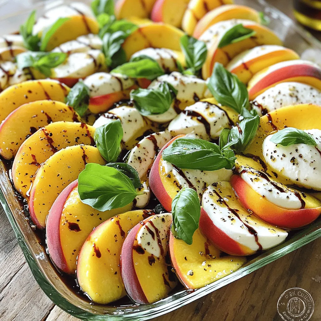 To make a fresh peach caprese salad, gather these simple ingredients: - 3 ripe peaches, sliced - 8 oz fresh mozzarella, sliced - 1 cup fresh basil leaves - 3 tablespoons balsamic glaze - 2 tablespoons extra virgin olive oil - Salt and black pepper to taste These ingredients create a bright and tasty dish that anyone can enjoy. When measuring, use dry measuring cups for the balsamic glaze and olive oil. A liquid measuring cup works best for any liquid. Slice the peaches and mozzarella evenly for a nice look. Use a sharp knife for clean cuts. Quality ingredients make the dish shine. Fresh peaches bring sweetness and juicy flavor. High-quality mozzarella adds creaminess and richness. Fresh basil gives a lovely aroma and taste. Using good balsamic glaze and olive oil enhances these flavors. Always choose fresh, ripe ingredients to create a salad that impresses. For the full recipe, check the details provided. To make this dish, start with fresh peaches. Wash them well to remove dirt. Cut each peach in half and take out the pit. Next, slice the peaches into wedges. You want thick slices for a great texture. Now, grab your fresh mozzarella. Slice it into rounds that match the peach slices. This pairing will create a beautiful look. Take a serving platter and arrange the peach slices. Alternate them with the mozzarella slices. This creates a colorful display. Tuck in fresh basil leaves between the fruit and cheese. The basil adds a lovely aroma and taste. Now it’s time to dress the salad. Drizzle balsamic glaze over the top. Follow this with extra virgin olive oil. Finally, sprinkle salt and black pepper to taste. These simple seasonings enhance the flavors. Let the salad sit for a few minutes. This waiting time allows the flavors to blend nicely. For serving, use a large, shallow dish. This helps showcase the bright colors of the salad. Place some extra basil leaves on top for a finishing touch. You can serve this salad as a starter or a side dish. It pairs well with grilled meats or fish. Consider adding crusty bread on the side. This will soak up the delicious juices. Timing is key for flavor. Aim to serve the salad right after you prepare it. This keeps the peaches fresh and juicy. If you need to prep ahead, slice the peaches just before serving. This prevents browning. For the best taste, use ripe peaches. They should feel slightly soft to the touch. The Full Recipe provides all the details you need. Follow these steps, and you will impress everyone! When I pick peaches, I look for soft, slightly firm fruit. Ripe peaches have a sweet smell. The skin should be smooth and slightly yellow or orange. Avoid peaches with large brown spots or wrinkles. Press gently; if it gives a little, it's ready. Picking the right peach is key to a great salad. The beauty of this salad comes from its bright flavors. I always season with salt and pepper. A pinch of salt enhances the sweetness of the peaches. Fresh black pepper adds a nice bite. Don't forget the balsamic glaze! It brings tanginess and depth. Start with a little and adjust to your taste. You can jazz up your salad with more ingredients. Try adding sliced prosciutto for a savory kick. Crumbled feta cheese can add creaminess. If you love nuts, sprinkle some toasted pine nuts for crunch. Each addition brings new flavors to the dish. Explore your options and have fun! For the full recipe, you can check the title above. {{image_2}} You can switch up ingredients based on what’s fresh and in season. Try using ripe tomatoes instead of peaches in the winter. You can also use burrata cheese for a richer flavor. Fresh herbs like mint or arugula can add a nice twist too. Don’t be afraid to mix it up! If you want a vegan version of this salad, replace the mozzarella with a plant-based cheese. You can also use avocado slices for creaminess. For a dairy-free option, almond or cashew cheese works well. Just make sure to check the labels for hidden dairy. For fun presentation, you can make peach caprese skewers. Just thread peach slices, mozzarella, and basil onto skewers. This makes a great finger food! You could also serve the salad in bowls. Layer the ingredients for a colorful look. Drizzle the balsamic glaze on top for added flair. For the full recipe, check out the details above. Storing your Fresh Peach Caprese Salad correctly keeps it tasty. If you have leftovers, place them in an airtight container. This helps keep moisture in and prevents the salad from drying out. You should eat the salad within two days for the best taste. If you wait longer, the peaches may get mushy. To keep your ingredients fresh, store them separately. Peaches can go in the fridge, but don’t wash them until you are ready to eat. This helps them last longer. Fresh mozzarella should stay in its liquid until you need it. Basil is best kept in water like a flower, or wrapped in a damp paper towel. Use glass or plastic containers with tight lids. These containers keep out air and moisture. If you want to store just the peaches, a simple bowl with a lid works well. For the mozzarella, keep it in its original packaging or a sealed container. Remember to label your containers with the date, so you know when to use them. For a full recipe of this delicious dish, check the [Full Recipe]. Yes, you can prepare some parts in advance. Slice the peaches and mozzarella ahead of time. Keep them in separate containers in the fridge. This helps them stay fresh. However, I recommend assembling the salad just before serving. This keeps the peaches and mozzarella from getting soggy. Balsamic glaze and olive oil should be added right before you serve. This way, the salad tastes its best. If you want a different cheese, try burrata or ricotta. Both add creaminess to the salad. For a dairy-free option, use avocado slices. They bring a smooth texture and healthy fat. You can also try vegan mozzarella, which works well too. Just ensure whatever you choose complements the peaches. To check if peaches are ripe, look for a few signs. They should feel soft but not mushy. The skin should be a vibrant color, often yellow or red. Ripe peaches will also have a sweet smell. You can gently press near the stem; if it gives slightly, it’s ripe. If they are still hard, let them sit at room temperature for a couple of days. Once they're ripe, use them in your Fresh Peach Caprese Salad for the best flavor. In this article, we discussed how to create a Fresh Peach Caprese Salad. We covered the importance of quality ingredients and measuring tips. I shared step-by-step instructions for preparation and serving. You learned how to choose ripe peaches and balance flavors. We also explored variations and storage tips to keep your salad fresh. Fresh ingredients really make a difference. Enjoy experimenting with flavors and presenting your salad in fun ways. This dish is simple yet impressive. Enjoy your cooking journey!