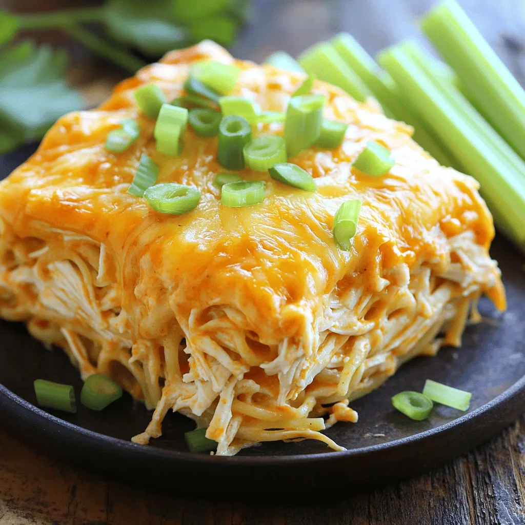 - 2 cups cooked pasta (penne or rotini) - 2 cups shredded cooked chicken - 1/2 cup buffalo sauce - 1 cup cream cheese, softened These main ingredients form the heart of your Buffalo Chicken Pasta Bake. The cooked pasta gives it a great base. I like to use penne or rotini. Both shapes hold the sauce well. The shredded chicken adds protein and taste. You can use leftover chicken or rotisserie chicken. The buffalo sauce gives it a nice kick. Adjust it to your heat level. Cream cheese makes the dish creamy and rich. It binds everything together and adds smoothness. - 1 cup shredded cheddar cheese - 1 cup shredded mozzarella cheese - 1/2 cup ranch dressing Cheese is key to a great pasta bake. I use cheddar for its sharp flavor and mozzarella for its stretch. Mixing both gives a fantastic taste and texture. Ranch dressing adds a cool touch and balances the heat from the buffalo sauce. It makes the dish creamy and flavorful. - 1/4 cup chopped green onions - Salt and pepper to taste - Optional: celery sticks for garnish Seasoning is important for a tasty dish. Salt and pepper enhance all the flavors. I like to add chopped green onions for freshness. They bring a nice crunch and color on top. You can serve celery sticks on the side for a crisp bite. They also add a fun crunch to your meal. For the full recipe, you can check out the detailed instructions above. - Preheat your oven to 350°F (175°C). - Grease a 9x13 inch baking dish. - In a large bowl, mix cream cheese and ranch dressing until combined. - Stir in shredded chicken, cooked pasta, and buffalo sauce until well coated. - Season the mixture with salt and pepper to taste. - Fold in the chopped green onions for added freshness. - Pour everything into the greased baking dish, spreading it evenly. - Top with the remaining cheddar and mozzarella cheeses. - Bake in your preheated oven for 25-30 minutes. - Look for a golden and bubbly top. - Let it cool for a few minutes before serving. To get the perfect texture for pasta, cook it al dente. This means the pasta should be firm but not hard. It will soften more while baking. After cooking, drain it well and rinse it with cold water to stop the cooking process. Let the dish cool for about 5 minutes after baking. This helps the cheese set and makes it easier to serve. If you cut it too soon, it may fall apart. You can adjust the heat of the dish by adding more or less buffalo sauce. If you like it spicy, add extra sauce. For a milder flavor, use less. You can also mix in some hot sauce if you want more kick. Consider adding veggies like diced bell peppers or spinach for extra flavor and texture. They add color and nutrients. You can also sprinkle in some garlic powder or onion powder for added depth. To complement your Buffalo Chicken Pasta Bake, serve it with a fresh salad. A crisp green salad with a tangy dressing works well. You can also pair it with garlic bread for a hearty meal. For presentation, serve the pasta bake in a nice dish. Top it with fresh green onions and a few celery sticks. This not only adds color but also gives a nice crunch. {{image_2}} You can easily switch up some ingredients in Buffalo Chicken Pasta Bake. For cheese, you might try goat cheese or vegan cheese. These options still bring great flavor and texture. If you want to change the chicken, rotisserie chicken saves time and adds taste. For a plant-based dish, use tofu instead of chicken. Just make sure to season it well. There are different ways to cook this dish. You can use an Instant Pot or a slow cooker. Both methods keep the chicken moist and tender. If you are in a hurry, consider stovetop cooking. Boil the pasta and mix everything on the stove. This method is quicker but still delicious. If you need gluten-free options, look for gluten-free pasta. It may change the texture a bit, but it still works well. For a vegan version, use plant-based cheese and tofu. These swaps keep the dish tasty while meeting dietary needs. To store your Buffalo Chicken Pasta Bake, let it cool first. Place leftovers in an airtight container. This keeps the dish fresh and tasty. You can store it in the fridge for about 3 to 4 days. Make sure to label the container with the date. This helps you keep track of how long it has been stored. If you want to freeze the pasta bake, first let it cool completely. Then, cut it into portions. Wrap each piece tightly in plastic wrap. After that, place the wrapped portions into a freezer-safe bag. You can freeze it for up to 3 months. When you're ready to eat, take it out and thaw it in the fridge overnight. To reheat, place it in the oven at 350°F (175°C) until warmed through. For easy meals during the week, you can prep this dish ahead of time. Mix the ingredients together and store them in the fridge. Just keep the pasta and sauce separate until you’re ready to bake. This helps the pasta stay firm and not mushy. You can also assemble the entire dish a day before baking. Just cover it well and keep it in the fridge. When you're ready, pop it in the oven. This makes weeknight dinners a breeze! For the full recipe, check out the earlier sections. To add more heat, use extra buffalo sauce. You can also add diced jalapeños for a kick. Consider mixing in crushed red pepper flakes. Start small and taste as you go. This way, you can find the perfect heat level for your dish. Yes, you can use frozen cooked chicken. Just make sure to thaw it first. You can microwave it or leave it in the fridge overnight. Shred the chicken after it is fully thawed. This makes it easier to mix with the other ingredients. Penne and rotini are great options. They hold the sauce well and bake nicely. Other good choices include fusilli or rigatoni. These shapes trap cheese and sauce, giving you more flavor in every bite. Look for bubbly cheese on top. The edges should be golden brown. You can also insert a knife; it should come out hot. If everything looks good, it's ready to enjoy! Absolutely! Swap out the chicken for cooked lentils or chickpeas. You can also use sautéed mushrooms for a meaty texture. Adjust the buffalo sauce to fit your taste. With these changes, you can enjoy a tasty vegetarian dish. This blog post guides you through making a tasty Buffalo Chicken Pasta Bake. We covered key ingredients, step-by-step instructions, and tips for flavor and storage. You can customize the dish by swapping ingredients or adjusting spice levels. Whether you’re feeding a crowd or preparing meals for the week, this recipe offers great options. Enjoy trying different flavors and variations. Get creative! Your Buffalo Chicken Pasta Bake will surely impress.