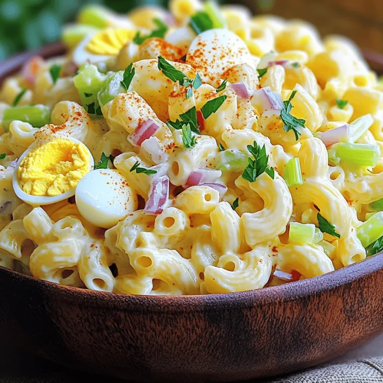 To make a delicious classic macaroni salad, gather the following ingredients: - 2 cups elbow macaroni - 1 cup mayonnaise - 1 tablespoon Dijon mustard - 1 cup celery, finely chopped - 1/2 cup red bell pepper, diced - 1/2 cup sweet pickle relish - 1/4 cup red onion, finely chopped - Salt and pepper to taste - 2 hard-boiled eggs, chopped - 1 teaspoon paprika (for garnish) - Fresh parsley for garnish You can swap out some ingredients if needed. For example, you can use Greek yogurt instead of mayonnaise for a lighter option. If you don't have Dijon mustard, regular mustard works too. You can also try green bell pepper in place of red for a different taste. Each ingredient adds its own flavor and texture, making the salad creamy and vibrant. This recipe is versatile, so feel free to adjust it to suit your taste. Check out the Full Recipe for complete details on how to make this tasty dish! First, you need to prepare the elbow macaroni. Bring a large pot of salted water to a boil. Add 2 cups of elbow macaroni. Stir gently at first to keep it from sticking. Cook the pasta until it is al dente, which usually takes about 7 to 8 minutes. To achieve that perfect al dente texture, taste the macaroni a minute or two before the time is up. It should be firm but not hard. Once done, drain the macaroni in a colander and rinse it under cold water. This stops the cooking and cools the pasta for your salad. Now, let’s make the dressing. In a large mixing bowl, combine 1 cup of mayonnaise, 1 tablespoon of Dijon mustard, and 1/2 cup of sweet pickle relish. Mix these ingredients until they are smooth and creamy. Mixing is key for flavor. Each ingredient adds a unique taste. You want that creamy, tangy, and slightly sweet flavor in every bite. Next, it’s time to assemble the salad. Add the chopped celery, diced red bell pepper, finely chopped red onion, and chopped hard-boiled eggs to the bowl. Then, gently fold in the cooled macaroni. Be careful not to mash the macaroni. You want to keep it intact for a nice texture. After combining, season to taste with salt and pepper. Mix well so all the ingredients are coated with the dressing. For the best flavor, cover the salad and refrigerate it for at least 1 hour. This lets the flavors meld beautifully. When ready to serve, give the salad a good stir. Sprinkle paprika on top and garnish with fresh parsley for color. You can find the full recipe for this creamy classic macaroni salad in the earlier section. Enjoy! To make your macaroni salad burst with flavor, consider adding fresh herbs. Chopped dill or parsley can brighten up the dish. A sprinkle of garlic powder or onion powder also adds depth. Don't forget to use high-quality mayonnaise. It makes a big difference in taste. A rich, creamy mayo elevates the entire dish. Macaroni salad is perfect for summer picnics and barbecues. It works well as a side at family gatherings or potlucks, too. You can pair it with grilled chicken, burgers, or ribs for a complete meal. The creamy texture complements these dishes nicely. For a light lunch, serve it with a fresh green salad. For the full recipe, check out the Creamy Classic Macaroni Salad. {{image_2}} You can easily change your macaroni salad with fun add-ins. Adding proteins like chicken or tuna gives it a hearty twist. For a classic touch, try canned tuna, which adds a nice flavor. If you prefer chicken, use cooked and shredded pieces. This makes the salad more filling and tasty. Unique ingredients can also make your salad stand out. Consider adding olives for a briny kick. Black or green olives work well in this dish. Another great option is avocado, which adds creaminess. Just be sure to mix it in gently so it doesn’t turn mushy. If you need gluten-free options, you can use gluten-free pasta. There are many brands that taste great and hold up well. This way, everyone can enjoy the salad without worry. For vegan diets, substitute mayonnaise with a plant-based option. Many brands offer vegan mayo that tastes just as good. You can also skip the eggs or replace them with chickpeas for protein. If you aim for a low-calorie option, use less mayo or yogurt instead. Greek yogurt is a great choice for a tangy flavor. For low-carb diets, choose a cauliflower or zucchini base instead of pasta. These options keep the texture while cutting carbs. You can find the full recipe for creamy classic macaroni salad to try out these variations. To keep your macaroni salad fresh, place it in an airtight container. This helps prevent it from absorbing other odors in your fridge. Store it in the fridge right after serving. It stays good for about 3 to 5 days. Always check for any off smells or changes in color before eating. If you see any signs of spoilage, it's best to toss it out. While you can freeze macaroni salad, it’s not my favorite option. Freezing can change the texture of the ingredients. If you decide to freeze it, use a freezer-safe container. Make sure to leave some space for expansion. When ready to eat, thaw it in the fridge overnight. After thawing, the salad may seem watery. Stir it well and add a little extra mayonnaise to bring back the creaminess. Keep in mind, the quality may not be the same after freezing. Fresh is always best! Macaroni salad can last in the fridge for about 3 to 5 days. Make sure to store it in an airtight container. Check for signs of spoilage before eating. If it smells sour or has changed color, it is best to throw it away. Yes, you can make macaroni salad ahead of time. In fact, it tastes better after sitting for a while. Make it a day before your event. Just cover it well and keep it in the fridge. This allows the flavors to mix nicely. If you want a creamy texture without mayonnaise, try Greek yogurt or sour cream. Both options add creaminess and a tangy flavor. You can also use avocado for a fresh taste. Each option keeps the salad rich and tasty. To make your macaroni salad creamy, use enough mayonnaise or your chosen substitute. Mix it well with the other ingredients. Add a splash of pickle juice for added moisture. This will help achieve that perfect creamy consistency everyone loves. Yes, you can make a gluten-free macaroni salad. Use gluten-free pasta made from rice or quinoa. These options work well and keep the salad tasty. Just cook the pasta according to package instructions, and you’re good to go. For the full recipe, check out my Creamy Classic Macaroni Salad! In this blog post, we explored how to make the perfect macaroni salad. We covered ingredients, step-by-step cooking, and fun variations. You learned how to ensure your salad is packed with flavor and how to store leftovers. Remember, this dish is versatile. You can change up the spices, add proteins, or make it gluten-free. Enjoy the creative process! With these tips, your macaroni salad will be a hit every time.