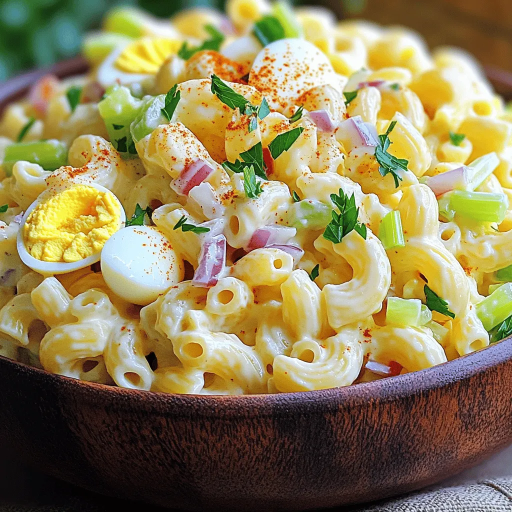 To make a delicious classic macaroni salad, gather the following ingredients: - 2 cups elbow macaroni - 1 cup mayonnaise - 1 tablespoon Dijon mustard - 1 cup celery, finely chopped - 1/2 cup red bell pepper, diced - 1/2 cup sweet pickle relish - 1/4 cup red onion, finely chopped - Salt and pepper to taste - 2 hard-boiled eggs, chopped - 1 teaspoon paprika (for garnish) - Fresh parsley for garnish You can swap out some ingredients if needed. For example, you can use Greek yogurt instead of mayonnaise for a lighter option. If you don't have Dijon mustard, regular mustard works too. You can also try green bell pepper in place of red for a different taste. Each ingredient adds its own flavor and texture, making the salad creamy and vibrant. This recipe is versatile, so feel free to adjust it to suit your taste. Check out the Full Recipe for complete details on how to make this tasty dish! First, you need to prepare the elbow macaroni. Bring a large pot of salted water to a boil. Add 2 cups of elbow macaroni. Stir gently at first to keep it from sticking. Cook the pasta until it is al dente, which usually takes about 7 to 8 minutes. To achieve that perfect al dente texture, taste the macaroni a minute or two before the time is up. It should be firm but not hard. Once done, drain the macaroni in a colander and rinse it under cold water. This stops the cooking and cools the pasta for your salad. Now, let’s make the dressing. In a large mixing bowl, combine 1 cup of mayonnaise, 1 tablespoon of Dijon mustard, and 1/2 cup of sweet pickle relish. Mix these ingredients until they are smooth and creamy. Mixing is key for flavor. Each ingredient adds a unique taste. You want that creamy, tangy, and slightly sweet flavor in every bite. Next, it’s time to assemble the salad. Add the chopped celery, diced red bell pepper, finely chopped red onion, and chopped hard-boiled eggs to the bowl. Then, gently fold in the cooled macaroni. Be careful not to mash the macaroni. You want to keep it intact for a nice texture. After combining, season to taste with salt and pepper. Mix well so all the ingredients are coated with the dressing. For the best flavor, cover the salad and refrigerate it for at least 1 hour. This lets the flavors meld beautifully. When ready to serve, give the salad a good stir. Sprinkle paprika on top and garnish with fresh parsley for color. You can find the full recipe for this creamy classic macaroni salad in the earlier section. Enjoy! To make your macaroni salad burst with flavor, consider adding fresh herbs. Chopped dill or parsley can brighten up the dish. A sprinkle of garlic powder or onion powder also adds depth. Don't forget to use high-quality mayonnaise. It makes a big difference in taste. A rich, creamy mayo elevates the entire dish. Macaroni salad is perfect for summer picnics and barbecues. It works well as a side at family gatherings or potlucks, too. You can pair it with grilled chicken, burgers, or ribs for a complete meal. The creamy texture complements these dishes nicely. For a light lunch, serve it with a fresh green salad. For the full recipe, check out the Creamy Classic Macaroni Salad. {{image_2}} You can easily change your macaroni salad with fun add-ins. Adding proteins like chicken or tuna gives it a hearty twist. For a classic touch, try canned tuna, which adds a nice flavor. If you prefer chicken, use cooked and shredded pieces. This makes the salad more filling and tasty. Unique ingredients can also make your salad stand out. Consider adding olives for a briny kick. Black or green olives work well in this dish. Another great option is avocado, which adds creaminess. Just be sure to mix it in gently so it doesn’t turn mushy. If you need gluten-free options, you can use gluten-free pasta. There are many brands that taste great and hold up well. This way, everyone can enjoy the salad without worry. For vegan diets, substitute mayonnaise with a plant-based option. Many brands offer vegan mayo that tastes just as good. You can also skip the eggs or replace them with chickpeas for protein. If you aim for a low-calorie option, use less mayo or yogurt instead. Greek yogurt is a great choice for a tangy flavor. For low-carb diets, choose a cauliflower or zucchini base instead of pasta. These options keep the texture while cutting carbs. You can find the full recipe for creamy classic macaroni salad to try out these variations. To keep your macaroni salad fresh, place it in an airtight container. This helps prevent it from absorbing other odors in your fridge. Store it in the fridge right after serving. It stays good for about 3 to 5 days. Always check for any off smells or changes in color before eating. If you see any signs of spoilage, it's best to toss it out. While you can freeze macaroni salad, it’s not my favorite option. Freezing can change the texture of the ingredients. If you decide to freeze it, use a freezer-safe container. Make sure to leave some space for expansion. When ready to eat, thaw it in the fridge overnight. After thawing, the salad may seem watery. Stir it well and add a little extra mayonnaise to bring back the creaminess. Keep in mind, the quality may not be the same after freezing. Fresh is always best! Macaroni salad can last in the fridge for about 3 to 5 days. Make sure to store it in an airtight container. Check for signs of spoilage before eating. If it smells sour or has changed color, it is best to throw it away. Yes, you can make macaroni salad ahead of time. In fact, it tastes better after sitting for a while. Make it a day before your event. Just cover it well and keep it in the fridge. This allows the flavors to mix nicely. If you want a creamy texture without mayonnaise, try Greek yogurt or sour cream. Both options add creaminess and a tangy flavor. You can also use avocado for a fresh taste. Each option keeps the salad rich and tasty. To make your macaroni salad creamy, use enough mayonnaise or your chosen substitute. Mix it well with the other ingredients. Add a splash of pickle juice for added moisture. This will help achieve that perfect creamy consistency everyone loves. Yes, you can make a gluten-free macaroni salad. Use gluten-free pasta made from rice or quinoa. These options work well and keep the salad tasty. Just cook the pasta according to package instructions, and you’re good to go. For the full recipe, check out my Creamy Classic Macaroni Salad! In this blog post, we explored how to make the perfect macaroni salad. We covered ingredients, step-by-step cooking, and fun variations. You learned how to ensure your salad is packed with flavor and how to store leftovers. Remember, this dish is versatile. You can change up the spices, add proteins, or make it gluten-free. Enjoy the creative process! With these tips, your macaroni salad will be a hit every time.