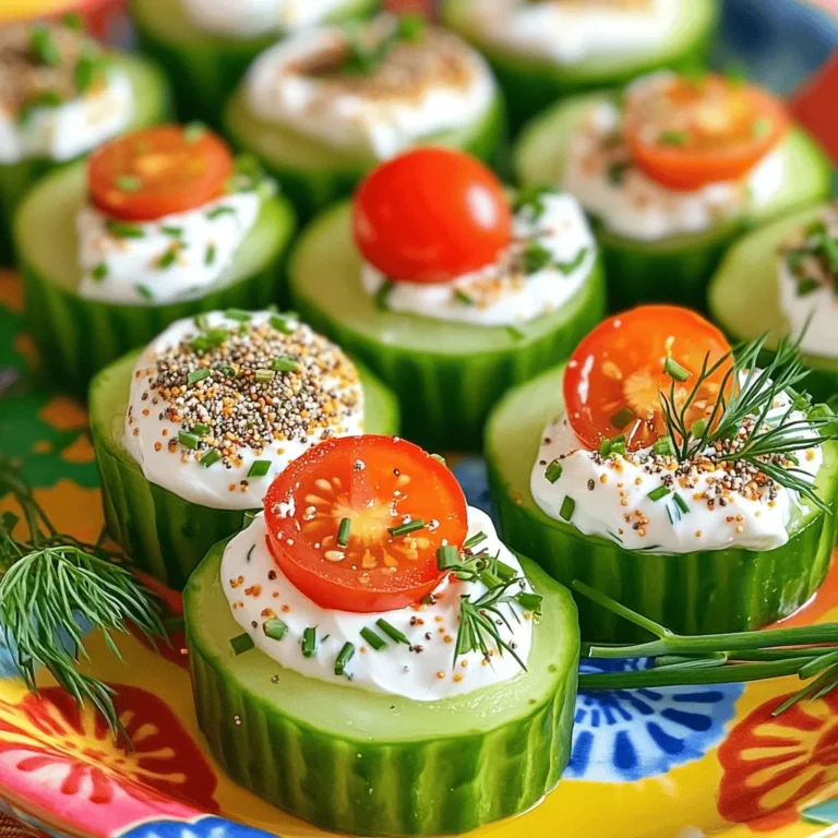 - 1 large cucumber - 8 oz cream cheese, softened - 2 tablespoons Greek yogurt - 2 tablespoons fresh dill, chopped - 1 tablespoon chives, chopped - 2 teaspoons everything bagel seasoning - Salt and pepper to taste - Cherry tomatoes, halved (for garnish) To make Everything Bagel Cucumber Bites, gather these fresh ingredients. The cucumber serves as the base, offering a crisp and refreshing bite. I like to choose a large cucumber. A firm cucumber will hold up better when you slice it. The cream cheese adds a rich, creamy texture. Softening it makes mixing easy. Greek yogurt lightens the spread and adds a tangy flavor. Fresh dill and chives bring a burst of freshness to each bite. The key to flavor lies in the seasoning. Everything bagel seasoning gives these bites their name. A pinch of salt and pepper enhances the taste, making each bite pop. For garnish, I love using cherry tomatoes. They add color and a sweet touch. Halving them makes it easy to place on top of each cucumber slice. These ingredients come together for a fun and tasty snack. You can find the full recipe [here](#). - Wash and slice cucumber into 1-inch rounds. - Pat dry with a paper towel. Start by washing your cucumber well. This step keeps dirt out of your food. Then, cut the cucumber into 1-inch thick rounds. You want them thick enough to hold the toppings. After slicing, use a paper towel to pat them dry. This helps keep your bites crisp and fresh. - Combine cream cheese and Greek yogurt. - Stir in dill, chives, seasoning, salt, and pepper. In a mixing bowl, take 8 ounces of softened cream cheese. Add 2 tablespoons of Greek yogurt. This mix makes the base creamy and tasty. Stir them together until it’s smooth. Next, add 2 tablespoons of chopped dill and 1 tablespoon of chopped chives. Then, toss in 2 teaspoons of everything bagel seasoning along with salt and pepper to taste. Mix it well. You want all the flavors to blend nicely. - Spread the creamy mixture on cucumber slices. - Top with cherry tomato halves and sprinkle extra seasoning. Grab a small offset spatula or the back of a spoon. Use it to spread the creamy mixture on each cucumber slice. Make it a nice, thick layer. Then, take halved cherry tomatoes and place one on top of each bite. For the final touch, sprinkle a little extra everything bagel seasoning on top. This adds a burst of flavor. Arrange your cucumber bites on a platter and serve them right away. For the full recipe, check the details above. - Use room temperature cream cheese for easier spreading. This makes the mixture smooth. - Adjust seasoning to taste for a personalized flavor. You can make it just right for you. - Arrange on a colorful platter with dill sprigs. This adds a fresh touch and looks great. - Consider using colored cherry tomatoes for visual appeal. Red, yellow, or orange tomatoes can brighten your dish. These tips will help you elevate your Everything Bagel Cucumber Bites. They will look great and taste amazing! For the full recipe, check out the section above. {{image_2}} For a vegan twist, substitute the cream cheese with dairy-free options. Brands like Tofutti or Daiya work well. They give a creamy texture without dairy. You can also use plant-based yogurt. It adds creaminess and keeps the recipe light. Want to change the flavor? Try adding fresh herbs like basil or parsley. They bring a bright taste that pairs well with cucumber. You can also add a hint of lemon juice. This extra zing makes the bites refreshing and exciting. Store your leftovers in an airtight container. This keeps them fresh. You should eat them within 24 hours. This way, they taste their best. You can make the creamy mixture ahead of time. Just keep it in the fridge until you are ready to use it. Assemble the bites right before serving. This helps prevent sogginess. Enjoy the crunch of the cucumber! You can find the full recipe above to guide you. Yes, you can make the creamy mixture ahead of time. Store it in the fridge for up to two days. This helps save time for any gathering. However, I recommend slicing the cucumber just before serving. This keeps the bites crisp and fresh. If you assemble them too early, the cucumber may become soggy. These bites pair well with various snacks and drinks. Try serving them with: - Fresh veggie sticks - Crackers or pita chips - A light white wine or sparkling water - Fresh fruit skewers These options add variety and balance to your snack table. When selecting cucumbers, look for firm ones with smooth skin. Choose cucumbers that are dark green and free from blemishes. Avoid ones that feel soft or have wrinkles. If you can, pick English cucumbers or Persian cucumbers. They tend to have fewer seeds and are sweeter. This makes them perfect for Everything Bagel Cucumber Bites. You’ve learned how to make Everything Bagel Cucumber Bites from scratch. We covered the ingredients, step-by-step instructions, and storage tips. Remember, feel free to make variations with herbs or dairy-free options. This dish shines when served fresh, so prep ahead but assemble right before serving. Explore the joy of making and sharing these flavorful bites. Enjoy each delicious bite with your friends and family. Your new cooking skills will impress everyone!