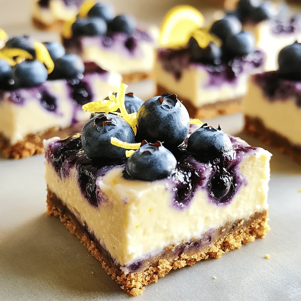 To make these tasty bars, you will need: - 1 ½ cups graham cracker crumbs - ½ cup unsalted butter, melted - 2 tablespoons sugar - 16 oz cream cheese, softened - ½ cup sugar - 2 large eggs - 2 tablespoons lemon juice - Zest of 1 lemon - 1 cup fresh blueberries - 1 tablespoon cornstarch - 1 teaspoon vanilla extract These ingredients create a creamy filling with a crisp crust. The blueberries and lemon add bright, fresh flavors that make every bite a delight. You can easily make swaps if needed. For the crust, try using almond flour for a gluten-free option. Instead of graham crackers, crushed cookies also work well. If you want a dairy-free version, use vegan cream cheese. You can also switch out blueberries for other fruits like raspberries or strawberries. Each fruit gives a unique taste and color to the bars. To make these blueberry lemon cheesecake bars, you'll need: - 8x8 inch baking pan - Parchment paper - Medium mixing bowl - Large mixing bowl - Mixer or whisk - Rubber spatula - Small bowl for blueberries Having the right tools makes the process smoother. Measure all your ingredients before you start. This helps keep things organized and fun! For the full recipe, follow the steps in detail to enjoy this easy, refreshing dessert. To start, gather your ingredients for the crust. You need graham cracker crumbs, melted butter, and sugar. Mix these in a medium bowl. Once combined, press the mixture into the bottom of an 8x8 inch baking pan. Make sure it is firm and even. Bake the crust at 350°F for 10 minutes. This step gives your bars a nice base. Let it cool slightly before moving on to the filling. Now it's time for the cheesecake filling. In a large bowl, beat the softened cream cheese with sugar until it’s smooth. Add the eggs one at a time, mixing well after each egg. Next, stir in the lemon juice, lemon zest, and vanilla extract. This mix brings a fresh flavor to your bars. In a small bowl, toss the fresh blueberries with cornstarch. This helps them not sink in the filling. Gently fold the blueberries into the cheesecake mixture. Pour the cheesecake filling over the cooled crust. Make sure it spreads evenly. Bake the bars for 25-30 minutes. Check if the edges are set, and the center should be slightly jiggly. Once done, let the bars cool at room temperature for about one hour. After that, refrigerate them for at least two hours. This cooling time helps the bars set well. When ready, lift them out using the parchment paper. Cut into squares and serve. For a fun touch, sprinkle some lemon zest on top. You can find the full recipe to guide you through these steps. To get a smooth and creamy texture, start with room-temperature cream cheese. Cold cream cheese will not mix well. Beat it until it is soft and fluffy. This step helps prevent lumps. Add eggs one at a time, mixing well after each. This keeps the batter light and airy. Cracks can spoil the look of your cheesecake bars. To avoid this, do not overmix the batter. Overmixing adds too much air. Also, bake at a lower temperature, around 325°F (160°C). This gentle heat helps the cheesecake cook evenly. If using a water bath, place the pan in a larger dish filled with water. This keeps moisture in the oven. For a lovely presentation, cut the bars into neat squares. Place them on a white plate to show off their pretty colors. Sprinkle a little lemon zest on top for a pop of color. A few fresh blueberries can make it even prettier. Add a dollop of whipped cream for extra creaminess. These small touches make your dessert shine, impressing all your guests. Check out the Full Recipe for more details. {{image_2}} You can switch the blueberries for other fruits. Raspberries, strawberries, or blackberries work well. Each fruit adds its own unique flavor. If you choose strawberries, slice them thinly. For raspberries or blackberries, just toss them in whole. This way, you’ll have a new treat each time. If you need a gluten-free option, use gluten-free graham crackers. You can also make a crust with almond flour. Mix the almond flour with melted butter and sugar. Press it into your pan like you would with regular graham crackers. The bars will still taste great! For a vegan version, swap out the cream cheese. Use a plant-based cream cheese instead. Replace the eggs with flax eggs. Mix one tablespoon of flaxseed meal with three tablespoons of water for each egg. Let it sit for a few minutes to thicken. Use maple syrup instead of sugar for sweetness. These changes keep it creamy and delicious. For the complete recipe, check the Full Recipe section. To keep your blueberry lemon cheesecake bars fresh, place them in an airtight container. If you do not have one, use plastic wrap to cover the bars tightly. This keeps out air and moisture, which can make them soggy or dry. Store the container in the fridge for best results. These cheesecake bars will last about 4 to 5 days in the fridge. After that, they may lose their flavor and texture. Always check for signs of spoilage, such as strange smells or changes in color. If they look or smell off, it’s best to throw them out. If you want to save some for later, you can freeze the bars. Cut them into squares and wrap each bar in plastic wrap. Then, place them in a freezer-safe bag or container. They can last up to 2 months in the freezer. When you're ready to eat, just thaw them in the fridge overnight. Enjoy the fresh taste, just like when you first made them! For the full recipe, check out the details above. Yes, you can use frozen blueberries. Just remember to thaw and drain them first. This keeps the cheesecake from getting too watery. Toss the thawed berries with cornstarch as you would fresh ones. This will help them stay whole while baking. Frozen blueberries can add a nice texture and flavor too. If you need a cream cheese substitute, try Greek yogurt or silken tofu. Both options work well in this recipe. Greek yogurt adds a tangy flavor, while silken tofu gives a smooth texture. You can also use vegan cream cheese for a dairy-free option. Adjust the sugar in the recipe if your substitute is sweeter. Keep an eye on the edges of the cheesecake bars. They should be set and slightly puffed. The center will still jiggle a bit when done. This is normal. After baking, allow them to cool for about an hour. They will firm up as they chill in the fridge. For more details, check the Full Recipe. Making blueberry lemon cheesecake bars is both fun and easy. We covered the main ingredients, possible swaps, and essential tools you’ll need. I guided you through each step, from crust prep to baking. For perfect texture, I shared key tips and common tricks to avoid cracks. If you want to get creative, I offered tasty variations, including gluten-free and vegan ideas. Lastly, you learned how to store leftovers to keep them fresh. Now, you have all the tools to make these delicious treats. Enjoy the process and share them with friends!