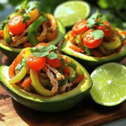- Ripe avocados - Cooked chicken - Bell pepper options (red, yellow, green) - Onion - Spices (chili powder, cumin) - Olive oil - Additional ingredients (salt, pepper, corn, black beans, cherry tomatoes, cilantro, lime) For this tasty dish, you need fresh and simple ingredients. Start with ripe avocados. They should feel slightly soft but not mushy. You will need two for this recipe. Next, use cooked chicken. You can shred or dice it. Pick one bell pepper, either red, yellow, or green. This adds crunch and color. You also need one small onion, sliced thin. The spices are key for flavor. Use one teaspoon each of chili powder and cumin. For cooking, grab a tablespoon of olive oil. You will also want salt and pepper. Additional ingredients include 1/4 cup each of corn and black beans. Rinse the beans well before using. Add 1/4 cup of halved cherry tomatoes for freshness. Finally, garnish with chopped cilantro. Serve with lime wedges to squeeze on top. This mix of ingredients makes your Chicken Fajita Stuffed Avocados fantastic and full of flavor. Start by heating olive oil in a skillet over medium heat. Add the sliced onion and bell pepper. Sauté these veggies for about 5 minutes. You want them soft but still bright. Next, stir in the chili powder, cumin, salt, and pepper. Cook for another 2 minutes. This helps the spices coat the veggies well and bring out their flavor. Now, add the cooked chicken, corn, and black beans to the skillet. Mix everything well. Cook for 3-4 minutes until hot. This step makes sure all the flavors blend together. While your filling cooks, take the avocados. Cut them in half and remove the pit. If you want more room, scoop out a bit of flesh from each half. Divide the chicken fajita mixture evenly among the avocado halves. Top each one with halved cherry tomatoes for a fresh touch. Enjoy your colorful, tasty meal! - Alternative spice combinations: You can swap the chili powder and cumin for taco seasoning. It adds a nice kick. For a smoky flavor, try smoked paprika. Use garlic powder for a rich taste too. - Suggested toppings: Add fresh avocado slices or crumbled feta cheese for creaminess. Chopped jalapeños can give a spicy touch. A dollop of sour cream or Greek yogurt adds tanginess. - Pre-cooking chicken options: You can use leftover chicken, rotisserie chicken, or canned chicken. Just shred or dice it before adding to the mix. This saves time and effort on busy days. - Meal prep tips: Chop the veggies and store them in the fridge a day ahead. Cook the chicken filling in bulk and refrigerate it. Stuff the avocados just before serving. This keeps them fresh and bright. {{image_2}} You can easily change the protein in your Chicken Fajita Stuffed Avocados. If you want a different flavor, try turkey or beef. These meats work well with the spices. For a seafood twist, shrimp adds a nice touch. If you prefer a vegetarian option, you can use tofu or tempeh. Both soak up flavors nicely. You can also skip the protein and load up on more veggies. Black beans or lentils can add heartiness without meat. Adding different vegetables can change the taste of your dish. Try adding zucchini, mushrooms, or spinach. These veggies bring freshness and crunch. You can also use unique seasoning blends. Instead of chili powder and cumin, try taco seasoning or smoked paprika. These spices give a smoky flavor. Experiment with fresh herbs like oregano or basil for a new twist. To store your stuffed avocados, first, cover them tightly with plastic wrap. This keeps air out and slows browning. You can also use an airtight container. Keep them in the fridge. Stuffed avocados are best eaten fresh. If you have leftover filling, store it separately. Use a container that seals well. This helps keep the chicken and veggies fresh. When you’re ready to enjoy your leftovers, reheating is simple. For the best texture, use the oven. Preheat it to 350°F. Place your stuffed avocados on a baking sheet. Heat them for about 10-15 minutes. If you're in a hurry, the microwave works too. Place the avocado halves in a microwave-safe dish. Heat for 1-2 minutes. Check to see if they're warm enough. Avoid overheating to keep the avocado creamy. Can I make this vegan? Yes, you can make this dish vegan. Replace chicken with cooked quinoa or tofu. Use more veggies like mushrooms or zucchini for extra flavor and texture. How do I ripen avocados quickly? To ripen avocados fast, place them in a paper bag. Add a banana or apple. The ethylene gas helps them ripen quicker. Check daily until they're soft. What's the best way to cut avocados? To cut an avocado, slice it in half lengthwise. Twist the two halves to separate them. Remove the pit with a spoon or knife. Then slice or scoop out the flesh. Can I prepare this dish ahead of time? Yes, you can prep ingredients ahead. Cook the chicken and veggies and store them in the fridge. Cut the avocados just before serving to prevent browning. This blog post detailed a fun and tasty way to prepare stuffed avocados. We covered the ingredients you need, like ripe avocados and cooked chicken, along with spices and other fillings. You learned how to prepare the chicken filling, combine everything, and stuff the avocados. There were tips on enhancing flavor and storing your dish. Remember, you can get creative with proteins and veggies. Enjoy this dish as a healthy meal anytime! It's easy, flavorful, and sure to impress.