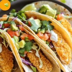 - 1 lb white fish fillets (cod or tilapia) - 1 cup panko breadcrumbs - 1/2 cup all-purpose flour - 2 large eggs - 1 teaspoon paprika - 1 teaspoon garlic powder - 1/2 teaspoon cumin - 1/2 teaspoon salt - 1/4 teaspoon black pepper - 1 tablespoon lime juice - Corn tortillas (6-8) - 1 cup cabbage, shredded - 1/2 cup pico de gallo (store-bought or homemade) - 1/4 cup cilantro, chopped - 1 avocado, sliced - Optional: sour cream or yogurt for drizzling To make crispy air fryer fish tacos, gather these fresh and simple ingredients. Start with 1 pound of white fish fillets. Cod or tilapia work well. Next, you’ll need 1 cup of panko breadcrumbs for that crunch. You’ll also need 1/2 cup of all-purpose flour. This helps the fish hold the crispy coating. Two large eggs will bind everything together. For flavor, add spices: 1 teaspoon of paprika and garlic powder. Include 1/2 teaspoon of cumin, 1/2 teaspoon of salt, and 1/4 teaspoon of black pepper. Don't forget 1 tablespoon of lime juice for a zesty kick. Grab 6 to 8 corn tortillas to wrap up the fish. For toppings, use 1 cup of shredded cabbage, 1/2 cup of pico de gallo, and 1/4 cup of chopped cilantro. Lastly, slice 1 avocado for creaminess. You can drizzle some sour cream or yogurt on top if you like. With these ingredients, you’re ready to make a delightful dish. Each bite offers a fresh burst of flavor! First, pat dry the fish fillets with paper towels. This helps the breading stick better. Next, cut the fillets into strips about 1 inch wide. This size helps them cook evenly. For the breading station, gather three shallow bowls. In the first bowl, mix the all-purpose flour with paprika, garlic powder, cumin, salt, and black pepper. In the second bowl, whisk the eggs until smooth. In the third bowl, place the panko breadcrumbs. To bread the fish, start by dredging each strip in the flour mixture. Shake off any extra flour. Then, dip the fish in the eggs, letting any excess drip off. Finally, coat the strips in the panko breadcrumbs. Press the crumbs onto the fish to make sure they stick well. This step is key to getting that crunchy texture. Before cooking, preheat your air fryer to 400°F (200°C) for about 5 minutes. Once hot, arrange the breaded fish strips in a single layer in the air fryer basket. Spray them lightly with olive oil. This helps them crisp up nicely. Cook the fish for about 10-12 minutes. Flip the strips halfway through for even cooking. They should turn golden brown and crispy. While the fish cooks, warm the corn tortillas. You can do this in a dry skillet over medium heat for about 30 seconds on each side. Alternatively, microwave them for about 15 seconds until soft. Once the fish is ready, it’s time to assemble the tacos. Place a few strips of crispy fish on each warmed tortilla. Top with shredded cabbage, pico de gallo, chopped cilantro, and slices of avocado. Finish with a drizzle of lime juice and optional sour cream or yogurt for extra creaminess. Enjoy your fresh and flavorful fish tacos! To get that perfect crunch, use panko breadcrumbs. They are light and airy, which helps create a crisp layer around the fish. Regular breadcrumbs can be too dense and won’t give you the same texture. When cooking, spray a light coat of oil on the fish. This small step helps achieve golden and crispy results. I recommend using olive oil or cooking spray. Keep an eye on the cooking time. About 10-12 minutes in the air fryer works well. Flip the fish halfway to ensure even cooking. Fish tacos shine with fresh sides. Consider serving them with a simple salad or chips. A cool drink like lemonade or a light beer pairs nicely. For plating, stack the tacos neatly on a colorful plate. Add a sprinkle of cilantro on top for a pop of color. A lime wedge on the side adds zest and looks great. Top your tacos with tasty extras. Add sliced jalapeños for heat or a drizzle of hot sauce for a kick. You can also try different sauces, like chipotle mayo or mango salsa. Adjust the spice level by changing the seasonings. Want it mild? Skip the jalapeños. Craving more heat? Add extra cumin or paprika. Customize your tacos to suit your taste! {{image_2}} You can switch up the fish in your tacos. Cod and tilapia work great, but other white fish, like haddock or snapper, can also shine. For a fun twist, try using shrimp. Shrimp cooks fast and adds a sweet flavor. Just make sure they are peeled and deveined before cooking. If you need gluten-free options, you can find gluten-free breadcrumbs and flour. These swaps make it easy to enjoy crispy fish tacos without the gluten. For those who prefer vegan meals, use tofu or tempeh instead of fish. Just season and bread them like you would the fish. You can still have a satisfying taco experience! You can play with flavors by trying different seasoning blends. Adding chili powder or taco seasoning can boost the taste. If you like heat, throw in fresh jalapeños or a dash of your favorite hot sauce. You can also mix lime zest into your toppings for a citrusy kick. The options are endless, so have fun with it! To keep your crispy air fryer fish tacos fresh, cool them down first. Let the fish strips sit at room temperature for about 30 minutes. Then, place them in an airtight container. I recommend using glass or plastic containers with tight-fitting lids. This helps lock in flavors and moisture. To enjoy crispy fish again, use your air fryer. Preheat it to 350°F (175°C). Place the fish strips in the basket. Heat them for about 5-7 minutes. This method keeps them crunchy. You can also use a conventional oven. Set it to 375°F (190°C) and bake for 10 minutes. If you microwave, they may become soft. You can freeze cooked fish strips for later. Cool them completely before freezing. Place the strips in a single layer on a baking sheet. Freeze them for about an hour. Once frozen, transfer to a freezer bag. Squeeze out excess air to prevent freezer burn. To thaw, place them in the fridge overnight before reheating. For air fryer fish tacos, I love using white fish like cod or tilapia. These fish have a mild flavor and a flaky texture when cooked. You can also try haddock or pollock. They all work well with the crispy coating. To keep your fish crispy when reheating, use the air fryer again. Set it to 350°F and heat for about 5-7 minutes. This method helps restore the crunch. You can also use an oven, but the air fryer works best. Yes, you can easily make these tacos gluten-free. Use gluten-free breadcrumbs instead of panko. For the flour, almond flour or rice flour works great. Just make sure your tortillas are gluten-free too. Cooking fish in an air fryer usually takes about 10-12 minutes at 400°F. It’s best to flip the fish halfway through. This helps it cook evenly and become crispy. Always check for doneness; it should be golden brown. This blog post covered everything you need to make tasty air fryer fish tacos. We reviewed the key ingredients, from fresh fish to crispy panko breadcrumbs. The step-by-step instructions guide you through preparing, breading, and cooking your fish. We also shared tips for perfect texture and smart serving ideas. You can customize with different proteins and adjust flavors to your taste. By following these steps, you can enjoy delicious fish tacos at home. Now, it’s time to get cooking and impress your friends and family with your meal!