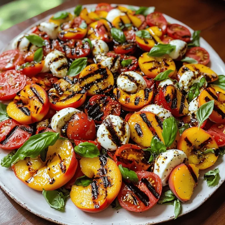 To create a grilled peach Caprese salad, you need these key items: - 2 ripe peaches, halved and pitted - 8 oz fresh mozzarella cheese, sliced - 2 cups mixed heirloom tomatoes, sliced - 1 cup fresh basil leaves - 3 tablespoons balsamic glaze - 2 tablespoons extra virgin olive oil - Salt and pepper to taste For the best flavor, choose ripe peaches. They should feel firm but yield slightly when pressed. Look for mozzarella that is fresh and creamy. Heirloom tomatoes should be vibrant in color and fragrant. Keep basil leaves whole until you are ready to use them. Store them in a cool spot, away from direct sunlight. To elevate your salad, consider these garnishes: - Cracked black pepper for a spicy kick - Crumbled feta cheese for extra creaminess - Toasted pine nuts for a nutty crunch - A sprinkle of chili flakes for heat Start with ripe peaches. Their sweetness shines when grilled. Cut each peach in half. Remove the pit carefully. Brush the cut sides with olive oil. This helps prevent sticking on the grill. Now, preheat your grill to medium heat. Place the peach halves cut side down on the grill. Grill them for about 3 to 4 minutes. You want nice grill marks and a soft texture. After grilling, take them off and let them cool a bit. This makes them easier to handle. Grab a large serving platter. Start by arranging slices of mozzarella and heirloom tomatoes. Alternate them for a pretty look. Next, add fresh basil leaves among the cheese and tomatoes. Slice the grilled peaches into wedges. Place these around the salad. Finally, drizzle balsamic glaze and olive oil over everything. Season with salt and pepper to taste. Enjoy the fresh, vibrant flavors! To boost the flavors of your Grilled Peach Caprese Salad, use fresh herbs. Basil adds a bright taste. Try using a pinch of sea salt for balance. Fresh cracked pepper gives a nice kick. Drizzle balsamic glaze for sweetness and richness. You can also mix olive oil with lemon juice for tang. Taste as you go to find what you love. Serve this salad on a large, shallow platter. This showcases the bright colors of the ingredients. Arrange mozzarella and tomatoes in a circle. Place grilled peach wedges around them. Scatter basil leaves for a fresh look. Just before serving, drizzle more balsamic glaze on top. This adds a glossy finish and a pop of flavor. You can change this salad to fit your tastes. Swap peaches for nectarines for a similar flavor. If you want a creamier salad, use burrata cheese. For added protein, grill some chicken or shrimp. If you like a spicy kick, add sliced jalapeños. Each variation creates a unique twist on this classic dish. {{image_2}} You can change the cheese in this salad for new flavors. Try burrata for a creamier touch. Goat cheese adds a tangy kick. Feta cheese provides a salty flavor that complements the sweet peaches. Each cheese brings its own taste to the dish. Feel free to mix and match to find your favorite. Adding protein makes the salad more filling. Grilled chicken adds a nice smoky flavor. You can slice the chicken and place it on top. Shrimp is another great option. Grill the shrimp until they turn pink and firm. Then, arrange them around the salad for a tasty boost. Both proteins pair well with the sweet peaches and creamy cheese. You can change this salad with the seasons. In spring, add fresh asparagus or peas for crunch. In summer, use ripe tomatoes and fresh herbs like dill or mint. For fall, try roasted butternut squash for sweetness. Each season brings new colors and flavors to your plate. Adjust the ingredients to keep the salad fresh and exciting all year long. If you have any leftover Grilled Peach Caprese Salad, store it in an airtight container. This keeps it fresh for about two days. Avoid adding the balsamic glaze until you're ready to eat. This helps prevent sogginess. Always use fresh ingredients for the best taste. Check your peaches, tomatoes, and mozzarella before buying. Choose peaches that are firm but slightly soft to the touch. Heirloom tomatoes should be ripe and colorful. Store your fresh basil in a glass of water, like a bouquet. This salad is best served cold. If you need to reheat, do it gently. You can warm the grilled peaches slightly in a pan. Avoid heating the mozzarella as it can become rubbery. Serve the salad fresh with a new drizzle of balsamic glaze for extra flavor. Yes, you can make parts of this salad ahead. Grill the peaches and prep the cheese and tomatoes in advance. Keep them in the fridge for a few hours. When ready to serve, assemble the salad fresh. Add basil and drizzle the glaze right before serving for the best taste. You can use nectarines or plums. They have a similar sweet and juicy flavor. Try using grilled pineapple for a tropical twist. Each fruit brings a new taste and feeling to your salad. To make balsamic glaze, simmer balsamic vinegar in a pan. Heat over medium heat until it thickens. This should take about 10-15 minutes. Stir it often to prevent burning. Once thickened, let it cool before using. This glaze adds rich flavor to your salad. This blog post covered the essential ingredients, preparation, and variations for a peach salad. I shared tips on grilling, serving, and storage to keep your dish fresh. You can make this salad your own with different fruits, proteins, and flavors. Remember, grilling enhances the taste and presentation matters. With these ideas, you’ll impress anyone who tries your salad. Enjoy experimenting with this dish and make it a staple in your kitchen. Your next meal could be deliciously unique!