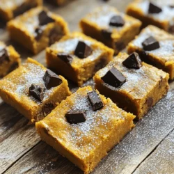 - 1 cup pumpkin puree - 1 cup brown sugar - 1/2 cup granulated sugar - 1/2 cup unsalted butter, melted - 2 large eggs - 1 teaspoon vanilla extract - 2 cups all-purpose flour - 1 teaspoon baking powder - 1/2 teaspoon baking soda - 1/2 teaspoon salt - 1 teaspoon ground cinnamon - 1/2 teaspoon ground nutmeg - 1 cup chocolate chunks Pumpkin puree is the heart of this recipe. It gives the blondies a rich flavor and moist texture. I like to use pure pumpkin puree, not the spiced mixes. Brown sugar adds warmth and a deep sweetness. Granulated sugar balances this out. Next, we need butter and eggs. The butter must be melted for easy blending. Eggs bind the mixture, adding richness. Don't forget vanilla extract; it enhances the flavor. Now, let’s talk about dry ingredients. All-purpose flour gives structure. Baking powder and baking soda help them rise. Salt helps balance the sweetness. Cinnamon and nutmeg add warm spice notes, perfect for fall. For the chocolate, I recommend using high-quality chocolate chunks. They melt beautifully and provide rich bites. You can choose dark, semi-sweet, or even milk chocolate, depending on your taste. With these ingredients, you are set to make a treat everyone will love! First, preheat your oven to 350°F (175°C). This step ensures your blondies bake evenly. Next, take an 8x8 inch baking pan. Grease it well and line it with parchment paper. Leave some paper hanging over the sides. This makes it easy to lift out the blondies later. In a large bowl, combine 1 cup of pumpkin puree, 1 cup of brown sugar, and 1/2 cup of granulated sugar. Mix them until the mixture is smooth. After that, add 1/2 cup of melted butter. Then, crack in 2 large eggs and pour in 1 teaspoon of vanilla extract. Stir everything together until it’s fully mixed. Grab another bowl and whisk together 2 cups of all-purpose flour, 1 teaspoon of baking powder, 1/2 teaspoon of baking soda, 1/2 teaspoon of salt, 1 teaspoon of ground cinnamon, and 1/2 teaspoon of ground nutmeg. This blend gives your blondies flavor. Gradually add the dry mix into the wet mix. Stir just until combined; some lumps are fine. Now, it's time for the fun part! Gently fold in 1 cup of chocolate chunks. Use a spatula to ensure they spread evenly in the batter. This step is key for gooey bites of chocolate in every square. Pour the batter into your prepared baking pan. Spread it out evenly. Bake in your preheated oven for 25-30 minutes. To check if they’re done, insert a toothpick into the center. It should come out clean with a few moist crumbs. When finished, take them out and let them cool in the pan for at least 10 minutes. After that, lift them out using the parchment paper and let them cool completely on a wire rack. To get the best texture for your blondies, mix carefully. Overmixing can lead to tough blondies. You want to stir just until the dry ingredients blend in. It’s okay to have a few lumps in your batter. Also, use room temperature ingredients. Cold butter or eggs can affect how well your blondies rise. For a deeper flavor, adjust your spices. Adding a bit more cinnamon or nutmeg can make a big difference. You can also try using high-quality chocolate. Good chocolate chunks melt better and taste richer. Look for brands with a high cocoa content for the best results. Serve these blondies warm from the oven. They taste amazing on their own. You can also add a scoop of ice cream or a dollop of whipped cream on top. A sprinkle of cinnamon can make it even better. Enjoy them with a cup of coffee or tea for a cozy treat! {{image_2}} You can make these blondies even more fun. Try adding nuts like walnuts or pecans. They add a nice crunch. Dried fruits, like cranberries or raisins, work well too. If you want more chocolate flavors, swap in white chocolate chunks or dark chocolate chips. Each mix-in gives a new twist to the classic blondie. Want a lighter version? You can use less sugar. Try using coconut sugar or maple syrup. For the butter, substitute with applesauce or Greek yogurt. This will keep the moist texture. If you need a gluten-free option, use almond flour or a gluten-free blend. For a vegan version, replace eggs with flax eggs or applesauce. Fall is all about flavors. You can add caramel bits for extra sweetness. Chopped pecans will add a nice nutty flavor. You might even try adding a bit of ginger or allspice for a warm kick. These twists keep the blondies exciting and festive, perfect for any fall gathering. Store your pumpkin chocolate chunk blondies in airtight containers. This keeps them fresh and moist. You can also freeze them if you want to save some for later. Wrap each blondie in plastic wrap before placing them in a freezer-safe bag. This way, they won’t stick together. These blondies stay fresh for about 4 to 5 days at room temperature. If you keep them in the fridge, they last up to a week. For frozen blondies, you can enjoy them for about 3 months. Just remember to label the bag with the date! To warm up leftovers, preheat your oven to 350°F (175°C). Place the blondies on a baking sheet and heat for about 10 minutes. You can also microwave them for about 15 to 20 seconds. Just be careful not to overheat, as they can become dry. Enjoy them warm for a cozy treat! To check if your blondies are done, use a toothpick. Insert the toothpick in the center. If it comes out clean or with a few moist crumbs, they are ready. Look for a golden brown top. The edges should pull away from the pan slightly. If the top looks dry, they might be overbaked. Yes, you can use fresh pumpkin. However, you must cook and mash it first. Fresh pumpkin has more water than canned puree. This can change the texture. You may need to bake just a bit longer. Use a fine mesh strainer to drain excess liquid if needed. Yes, you can freeze these blondies. Let them cool completely first. Cut them into squares. Wrap each piece tightly in plastic wrap. Place them in an airtight container or freezer bag. They will stay fresh for up to three months. To thaw, take them out and leave them at room temperature for a few hours. In this article, we explored the key ingredients for perfect Pumpkin Chocolate Chunk Blondies, from rich pumpkin puree to quality chocolate chunks. I shared step-by-step instructions for mixing, baking, and cooling to ensure great results. You learned useful tips for texture and flavor, along with fun variations and storage advice. With this knowledge, you can make these treats a hit in your kitchen. Enjoy baking and sharing these delicious blondies!