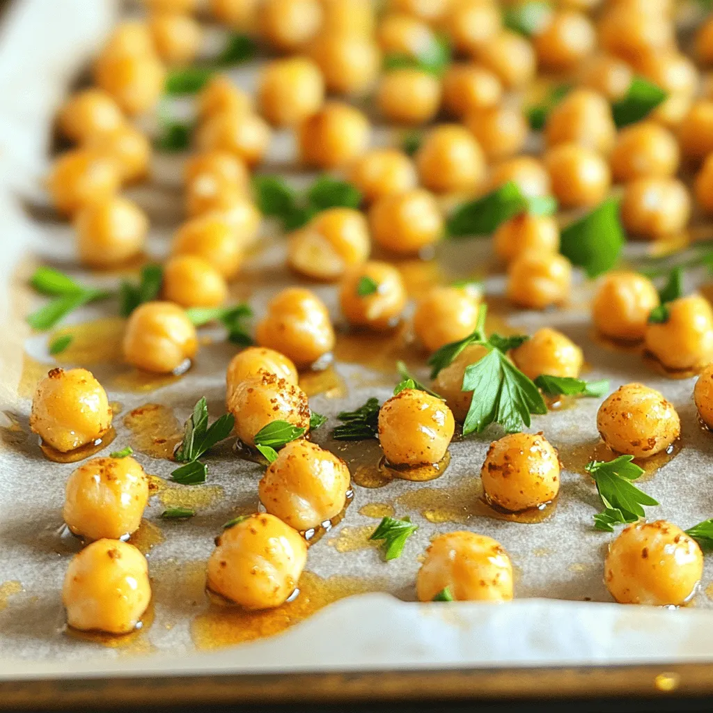 - Chickpeas: Canned vs. Dried You can use canned or dried chickpeas. Canned chickpeas are easy and quick. Just drain and rinse them. Dried chickpeas take longer. You must soak and cook them first. For this recipe, I recommend canned chickpeas for speed. - Olive Oil: Types and Substitutes Olive oil adds flavor and helps crisp the chickpeas. Use extra virgin for the best taste. If you don’t have it, you can use other oils like avocado or canola. Just make sure it has a high smoke point. - Sweeteners: Using Honey vs. Alternatives Honey gives a nice sweetness and glaze. If you want a vegan option, try maple syrup or agave nectar. Both work well and add their own unique flavors. - Garlic: Fresh vs. Powdered Fresh garlic is best for this recipe. It gives a strong and tasty flavor. If you don’t have fresh garlic, you can use garlic powder. Use less, about half the amount, since it’s more concentrated. - Spice Options: Smoked Paprika, Salt, and Pepper Smoked paprika adds depth to the dish. The salt enhances all the flavors. Black pepper adds a nice touch of heat. These three spices combined make the chickpeas pop. - Optional Spice: Adding Cayenne for Heat If you like it spicy, add cayenne pepper. It kicks up the heat and balances the sweetness. Adjust the amount to match your taste. Start with a little and add more if you dare! Setting the Oven Temperature Start by preheating your oven to 400°F (200°C). This hot oven will help make your chickpeas crispy and delicious. Preheating is key for even cooking. Preparing the Baking Sheet Next, grab a baking sheet. Line it with parchment paper. This will stop the chickpeas from sticking and make cleanup easy. Combining Chickpeas with Seasonings In a medium bowl, add your drained and rinsed chickpeas. Pour in two tablespoons of olive oil and two tablespoons of honey. Then, add three minced garlic cloves, one teaspoon of smoked paprika, half a teaspoon of salt, and a quarter teaspoon of black pepper. If you want some heat, add half a teaspoon of cayenne pepper. Mix well until the chickpeas are fully coated. Importance of Even Coating Coating the chickpeas evenly is very important. It ensures every bite is full of flavor. If you skip this step, some chickpeas may taste bland. Recommended Roasting Time Spread the chickpeas in a single layer on your prepared baking sheet. Roast them in the preheated oven for about 25 to 30 minutes. They should turn golden brown and crispy. Tips for Achieving Crispiness Toss the chickpeas halfway through roasting. This helps them cook evenly and become extra crispy. Keep an eye on them toward the end to prevent burning. The goal is to have a crunchy texture that makes them a perfect snack. To make your honey garlic roasted chickpeas super crispy, drainage is key. After you drain the chickpeas, rinse them well. This removes excess starch, which helps them crisp up nicely. Dry them with a clean towel to get rid of any moisture. The drier they are, the better they roast. When it’s time to roast, spread the chickpeas in a single layer on your baking sheet. This helps the hot air circulate around them. Toss them halfway through cooking for even browning. Keep an eye on them during the last few minutes. You want them golden brown, not burnt. These chickpeas pair well with dips like hummus or tzatziki. You can also serve them with a spicy sauce for a kick. Try them on top of salads or grain bowls for added crunch. They make a great topping for soups too! For fun snack ideas, enjoy them straight from the bowl. They can also be mixed with nuts or seeds for a tasty trail mix. You might even sprinkle them over popcorn for a unique twist. If your chickpeas come out not crispy enough, check the cooking time. They may need a few more minutes in the oven. Ensure that they are spread in a single layer and not crowded. If you find that the chickpeas are overcooked, don’t worry. You can still use them! Crush them into a fine powder. This can become a crunchy topping for salads or soups. It’s a great way to avoid waste while adding flavor to your meals. {{image_2}} Sweet Variations with Other Syrups You can swap honey for maple syrup or agave nectar. Both work great. Maple adds a rich flavor, while agave is lighter. Try these for a new twist. You might find a favorite! Savory Options: Cheesy or Herb-Infused For a cheesy taste, add nutritional yeast. It gives a great umami flavor. You can also mix in dried herbs like thyme or rosemary. This adds depth and makes the chickpeas more exciting. Vegan-Friendly Substitutes This recipe is already vegan! If you want to avoid honey, use maple syrup or agave nectar. Both keep the sweetness while being plant-based. You can enjoy this snack without worry. Gluten-Free Considerations Good news! Chickpeas are naturally gluten-free. Just make sure your spices and any additional ingredients are also gluten-free. This snack is perfect for those with gluten sensitivities. Adjusting Cayenne for Different Palates If you like less heat, reduce the cayenne pepper. You can start with a pinch and taste. If you want more heat, add more cayenne or even some chili powder. Adjust it to suit your taste! Incorporating Other Spicy Ingredients Try adding crushed red pepper flakes or hot sauce. These can kick up the heat level. Experiment with different spicy ingredients to find your perfect blend. Spice it up! To keep your honey garlic roasted chickpeas fresh, store them in airtight containers. This helps prevent moisture from making them soggy. You can use glass jars or plastic containers with tight-fitting lids. Make sure to let them cool completely before sealing. Roasted chickpeas can last up to a week when stored properly. They will still be tasty, but they may lose some crunch over time. Check them for any signs of spoilage before eating. If you want to enjoy your chickpeas warm and crispy again, here’s how. The best way to re-crisp them is in the oven. Preheat your oven to 350°F (175°C). Spread the chickpeas on a baking sheet and heat for about 10 minutes. This makes them crunchy again! You can use a microwave to reheat them, but they may not get crispy. If you do use a microwave, heat them in short bursts of 30 seconds. Check often to avoid steaming them. Yes, you can freeze roasted chickpeas! Freezing keeps them fresh for about three months. To freeze, place them in a single layer on a baking sheet and freeze for a few hours. Once they are frozen, transfer them to a freezer bag. This method stops them from sticking together. When you want to eat them, just reheat them in the oven as described earlier. Enjoy your crunchy snack anytime! Honey garlic roasted chickpeas can last for about 3 to 5 days. Store them in an airtight container at room temperature. If you keep them in the fridge, they can last up to a week. However, they may lose some crispiness over time. Yes, you can make honey garlic roasted chickpeas in an air fryer! Preheat your air fryer to 380°F (193°C). Mix your chickpeas with olive oil, honey, and spices. Place them in the air fryer basket in a single layer. Cook for about 15 to 20 minutes, shaking the basket halfway. This method gives you a great crunch! Chickpeas are very healthy! They are high in protein and fiber. They help keep you full and satisfied. Chickpeas also contain vitamins and minerals like iron, magnesium, and folate. Including them in your diet can support heart health and weight management. Absolutely! You can skip the honey for a savory twist. Just add extra spices or herbs to boost flavor. Try using more garlic, smoked paprika, or even some cheese powder for a tasty snack. This way, you can enjoy a different flavor profile while keeping it healthy! To sum up, we explored the essential ingredients for honey garlic roasted chickpeas, including chickpeas, olive oil, and sweeteners. I shared step-by-step instructions for roasting these snacks, along with tips for maximum crispiness and serving suggestions. We looked at variations for different tastes, dietary needs, and how to store and reheat your snacks. These chickpeas are simple to make and fun to enjoy. Now, you can create delicious roasted chickpeas that fit your taste and dietary needs. Happy cooking!
