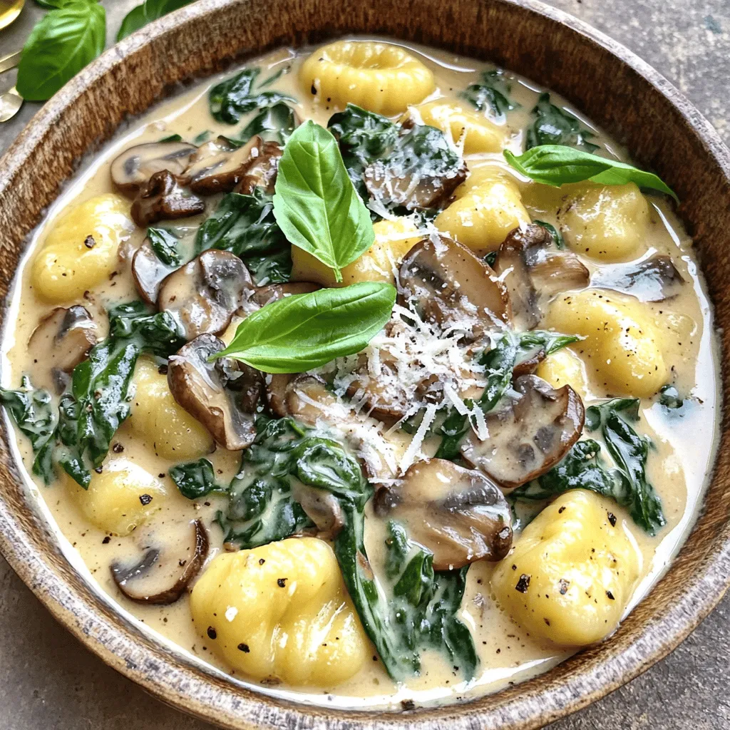 To make Creamy Mushroom Spinach Gnocchi, you need these simple ingredients: - 1 pound potato gnocchi - 2 tablespoons olive oil - 1 medium onion, finely chopped - 3 cloves garlic, minced - 8 ounces mushrooms, sliced (cremini or button) - 5 ounces fresh spinach - 1 cup heavy cream - 1/2 cup grated Parmesan cheese - 1 teaspoon garlic powder - 1/2 teaspoon crushed red pepper flakes (optional) - Salt and pepper to taste - Fresh basil leaves for garnish Using fresh ingredients makes a big difference in taste. Look for firm, smooth potatoes for gnocchi. Choose bright, vibrant spinach leaves. For mushrooms, select ones that are firm and dry. Quality garlic should have a strong aroma. Freshly grated Parmesan adds a rich flavor that pre-grated cheese cannot match. Always opt for high-quality olive oil for the best results. If you have dietary needs or preferences, here are some swaps: - Instead of potato gnocchi, try cauliflower gnocchi for a lighter option. - For a vegan version, use coconut cream and nutritional yeast instead of heavy cream and cheese. - Replace mushrooms with zucchini or bell peppers if you prefer. - You can use dried herbs like oregano or thyme if fresh basil is not available. These substitutions keep the dish tasty while meeting your needs. Start by boiling water in a large pot. Add salt to the water. When the water is boiling, add your potato gnocchi. Cook them according to the package instructions. You will know they are done when they float to the surface. This usually takes about 2-3 minutes. Once they float, drain the gnocchi and set them aside. In a large skillet, heat the olive oil over medium heat. Once hot, add the chopped onion. Sauté the onion for about 3-4 minutes until it becomes soft. Then, add the minced garlic and cook for an extra minute. The garlic will smell amazing! Next, stir in the sliced mushrooms. Cook the mushrooms for 5-6 minutes until they are soft and lightly browned. Now it's time to make your creamy sauce! Pour the heavy cream into the skillet with the vegetables. Stir everything well. Bring the mixture to a gentle simmer. Add garlic powder and crushed red pepper flakes if you like a bit of heat. Season with salt and pepper to taste. Finally, stir in the grated Parmesan cheese. Keep stirring until the cheese melts and the sauce is creamy and smooth. Add the cooked gnocchi to the creamy sauce in the skillet. Gently toss the gnocchi to coat them in the sauce. Cook for an additional 2-3 minutes to heat everything through. Give it a taste and adjust the seasoning if needed. Your creamy mushroom spinach gnocchi is now ready to serve! To cook gnocchi, fill a pot with salted water and bring it to a boil. Add the gnocchi and watch them closely. When they float to the top, they are ready. This usually takes about 2-3 minutes. Use a slotted spoon to remove them and set them aside. This simple step keeps the gnocchi soft and fluffy. To boost flavor, start with good olive oil. Sauté onions and garlic until soft. This builds a tasty base for the dish. When you add mushrooms, let them brown for a deeper taste. The heavy cream makes the sauce rich. Adding Parmesan cheese at the end gives it a nice, creamy texture. If you like heat, sprinkle in some red pepper flakes for a kick. For a lovely presentation, serve the gnocchi in bowls. Top with extra Parmesan cheese and fresh basil leaves. The green from the basil adds a nice color contrast. You can drizzle a little olive oil on top for extra richness. This makes your dish look as good as it tastes! {{image_2}} To make this dish vegan, swap the heavy cream for coconut cream or cashew cream. Both options add a nice creaminess. Use nutritional yeast instead of Parmesan for a cheesy flavor. These swaps keep the dish rich without dairy. If you need gluten-free gnocchi, check your local store. Many brands offer gluten-free options made from rice or corn. You can also make your own gnocchi using gluten-free flour and potato. This way, everyone can enjoy the dish. Want to boost the taste? Add herbs like thyme or rosemary for a fresh twist. A squeeze of lemon juice brightens the flavors and adds zing. You can also sprinkle in some nutmeg for warmth. These small changes can transform your gnocchi into something special. Store leftover creamy mushroom spinach gnocchi in an airtight container. Keep it in the fridge. It stays fresh for up to three days. Make sure it cools down before sealing. This helps prevent sogginess. To reheat, place the gnocchi in a skillet over medium heat. Add a splash of cream or water. Stir gently until heated through. You can also use the microwave. Heat in short bursts, stirring in between. This keeps it creamy and avoids drying out. You can freeze the gnocchi, but it’s best to freeze before adding the cream. Store it in a freezer-safe container. It lasts for about one month. To use, thaw in the fridge overnight. Cook the sauce fresh when ready to eat. This keeps the dish rich and flavorful. Yes, you can use store-bought gnocchi. It saves time and effort. Just follow the package instructions for cooking. I often choose fresh gnocchi for its soft texture. Dried gnocchi works too, but it may take longer to cook. Both options taste great in this dish. This dish stands well on its own, but pairing it enhances the meal. A simple side salad adds freshness. Garlic bread complements the creamy sauce nicely. You could also serve roasted vegetables for a colorful plate. For protein, grilled chicken or shrimp works well too. To make this dish healthier, you can use low-fat cream or milk. Substitute whole wheat gnocchi for added fiber. You may also add more veggies like bell peppers or zucchini. Reducing the cheese can cut calories, but you can still keep flavor. Remember, balance is key in healthy eating. This blog post covered the key ingredients and steps to make creamy mushroom spinach gnocchi. We talked about ingredient quality, cooking tips, and tasty variations. You can easily customize this dish to fit your needs. Whether you want vegan options or perfect reheating tips, you have choices. Enjoy exploring this delicious recipe, and don't be afraid to experiment. Happy cooking!