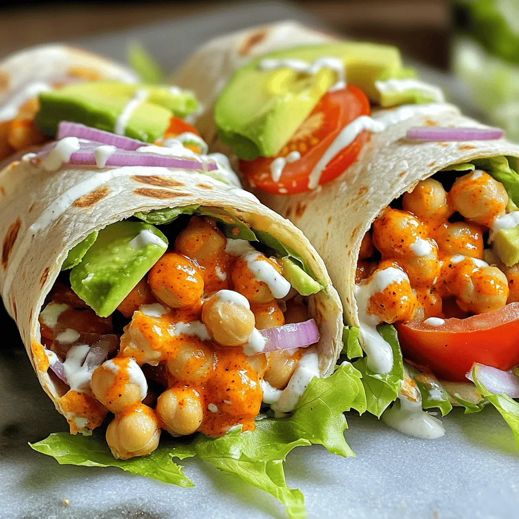 - 1 can (15 oz) chickpeas, drained and rinsed - 1/4 cup buffalo sauce (adjust to taste) - 1 tablespoon olive oil - 1 teaspoon garlic powder - 1 teaspoon onion powder - 1/2 teaspoon smoked paprika - Salt and pepper to taste - 4 large whole wheat tortillas or wraps - 1 cup romaine lettuce, chopped - 1/2 cup diced tomatoes - 1/4 cup red onion, thinly sliced - 1 avocado, sliced Chickpeas are the star of this dish. They are packed with protein and fiber. The buffalo sauce adds a nice kick. Olive oil helps the spices stick to the chickpeas. I use garlic powder and onion powder for depth of flavor. Smoked paprika gives a warm, smoky touch. Fresh vegetables add crunch and color. - 1/4 cup vegan ranch dressing - Other veggies or toppings You can add vegan ranch dressing for a creamy finish. Other veggies like bell peppers or cucumbers work great, too. Feel free to customize based on what you like! Each serving has about 400 calories. You get around 15 grams of protein. It contains about 12 grams of fat and 60 grams of carbohydrates. This meal is hearty and filling, making it a great choice for lunch or dinner! First, take your can of chickpeas. Drain and rinse them under cold water. In a medium bowl, mix the chickpeas with olive oil, garlic powder, onion powder, smoked paprika, salt, and pepper. Use a fork or a potato masher to mash the chickpeas. You want some whole chickpeas to keep a nice texture. Then, pour in the buffalo sauce. Stir well until each chickpea is coated. Next, heat a skillet on medium. Once hot, add the chickpea mixture. Sauté for about 5 to 7 minutes. Stir often to avoid burning. You want the mixture heated through and slightly crispy. When done, remove from heat. Grab a large tortilla and lay it flat on a clean surface. Start by adding a generous amount of chopped romaine lettuce. Then, layer on the warm chickpea mixture. Follow with diced tomatoes, thin slices of red onion, and avocado. If you like, drizzle some vegan ranch dressing on top for extra creaminess. Now, fold in the sides of the tortilla. Roll it tightly from the bottom up to form a wrap. Repeat with the other tortillas. Serve right away or wrap in foil for a meal on-the-go. To get the best texture from your chickpeas, start by mashing them lightly. Use a fork or potato masher to mash about half of the chickpeas. This gives a nice mix of creamy and whole pieces. You want some chunkiness for a better bite. When you sauté the chickpeas, heat your skillet over medium. Add a little olive oil and let it warm up first. This ensures the chickpeas get crispy. Stir them often for about 5 to 7 minutes. You’ll know they are ready when they look golden. Buffalo sauce can be as spicy as you like. Start with 1/4 cup, then taste it. If you want more heat, add extra sauce a little at a time. If you prefer milder flavors, you can mix in some vegan ranch dressing to cool it down. You can also try other sauces if buffalo isn’t your thing. BBQ sauce or teriyaki sauce can work well. Just keep the same base of chickpeas. Experiment to find what you love! These wraps pair well with many sides. Try serving them with a simple salad or some crunchy carrot sticks. A cold drink like iced tea or lemonade complements the meal nicely. If you want to meal prep, these wraps are perfect. You can make the chickpea mix ahead of time and store it. Just heat it up when you are ready to eat. Wraps also hold well in the fridge, so you can enjoy them later! {{image_2}} You can easily swap out the tortillas for gluten-free options. Try using corn tortillas or lettuce wraps. They work great for a lighter meal. If you want to change the protein, you can use tofu or tempeh. Both options have a nice texture and soak up flavors well. If you like a different taste, try using BBQ sauce or teriyaki sauce instead of buffalo sauce. These sauces add a sweet and tangy twist to the wraps. You can also add more veggies for variety. Consider bell peppers, cucumbers, or shredded carrots. They add crunch and color to your meal. If you want to switch things up, create a burrito bowl instead of a wrap. Just layer all the ingredients in a bowl. You can use rice or quinoa as a base. Another fun idea is to make mini wraps for appetizers. Use smaller tortillas and fill them with the same delicious mixture. They make perfect snacks for parties! To store your wraps, place them in an airtight container. You can also wrap each one in foil or plastic wrap. This keeps them fresh and prevents drying out. For the chickpea mixture, store it in a separate container. You can freeze the chickpea mixture for up to three months. Just let it cool before you freeze it. When you're ready to eat, thaw it overnight in the fridge. For reheating, the stove works best. Warm the chickpea mix in a skillet over low heat. Stir often to get an even warmth. You can also microwave the wraps. Just heat them for about 30 seconds, checking to avoid sogginess. In the fridge, the wraps can last about 3 to 4 days. The chickpea mixture will stay fresh for the same time. If you notice any off smells or colors, it’s time to toss it. Mold is a clear sign that it has gone bad. Always trust your senses when checking for spoilage. To prep for the week, make the chickpea mixture ahead of time. Store it in the fridge for easy meals. You can also chop your veggies and keep them in separate containers. This saves time when you are ready to eat. Keep your tortillas in a cool, dry place. If you use fresh ingredients, they will stay good longer if you wash and dry them before storing. Yes, you can use canned chickpeas. Canned chickpeas save time and effort. They are already cooked, so you just need to drain and rinse them. This makes your prep much faster. For this recipe, one can (15 oz) works perfectly. This recipe can be gluten-free, depending on the tortillas you choose. Regular tortillas often contain gluten. Look for gluten-free tortillas made from rice or corn. These options work great and keep the wrap tasty. To add heat, you can use more buffalo sauce. If you want extra spice, try adding cayenne pepper or hot sauce. You can also mix in some diced jalapeños for a fresh kick. Adjust the heat to match your taste. If you prefer a different flavor, swap the buffalo sauce. Barbecue sauce gives a sweet and smoky taste. For a tangy twist, try using teriyaki sauce. Experiment with different sauces to find your favorite fit. This blog post showed you how to make tasty chickpea wraps. We covered the main ingredients and optional add-ins for flavor. Then, I walked you through step-by-step instructions to prepare, cook, and assemble your wrap. I shared tips for perfecting texture and how to store leftovers. You can mix flavors and try variations too. Homing in on these details will make your meals fun and unique. Enjoy crafting your delicious wraps!