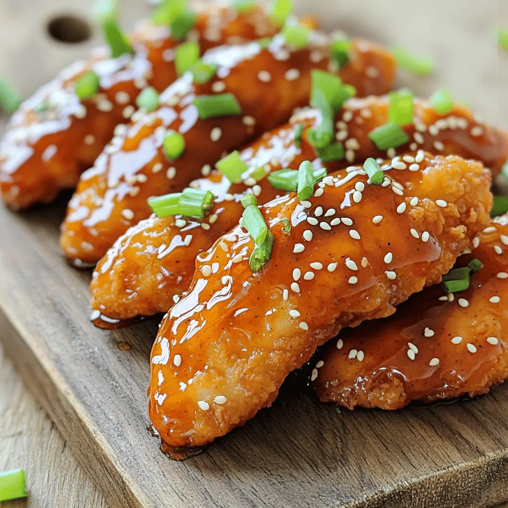 To make Sriracha honey chicken tenders, you need the following main ingredients: - 1 lb chicken tenders - 1/2 cup all-purpose flour - 1/2 teaspoon salt - 1/2 teaspoon black pepper - 1 teaspoon garlic powder - 1/2 cup buttermilk - 1/2 cup breadcrumbs (panko for extra crunch) - 1/4 cup Sriracha sauce - 1/4 cup honey - 1 tablespoon soy sauce - 1 teaspoon rice vinegar - Cooking oil for frying These ingredients combine to create a perfect mix of flavor and crunch. The chicken tenders soak up the buttermilk, adding moisture and flavor. The flour and breadcrumbs give them a nice, crispy coating. You can elevate your dish by adding some simple garnishes. Here are some great options: - Sesame seeds - Chopped green onions These garnishes add color and a little added flavor. They make your dish look fancy without much effort. Pair your chicken tenders with tasty sides. Here are a few ideas: - Steamed rice - Fresh salad - Sweet potato fries These sides balance the spice of the tenders. They make your meal complete and satisfying. Enjoy making this meal fun and delicious! Start with 1 pound of chicken tenders. Rinse them under cold water and pat them dry with a paper towel. In a mixing bowl, combine 1/2 cup of all-purpose flour, 1/2 teaspoon of salt, 1/2 teaspoon of black pepper, and 1 teaspoon of garlic powder. Mix these dry ingredients well to ensure even flavor. In another bowl, pour 1/2 cup of buttermilk and set it aside. Next, take each chicken tender and dip it into the buttermilk. Let any extra buttermilk drip off. Then, coat each tender in the flour mixture. Shake off any excess flour before moving to the next step. After that, dip the coated chicken back into the buttermilk. This helps the breadcrumbs stick better. Lastly, roll the tender in 1/2 cup of breadcrumbs, preferably panko for extra crunch. Heat cooking oil in a large skillet over medium heat. You want enough oil to cover the bottom of the pan. Once the oil is hot, carefully add the chicken tenders. Do not overcrowd the skillet; fry them in batches if needed. Cook the tenders for about 4 to 5 minutes on each side. Look for a golden brown color and ensure they are cooked through. Once done, transfer the cooked tenders to a paper towel-lined plate. This helps drain any excess oil, keeping them crispy and light. While the chicken is frying, it's time to make the Sriracha honey sauce. In a small bowl, combine 1/4 cup of Sriracha sauce, 1/4 cup of honey, 1 tablespoon of soy sauce, and 1 teaspoon of rice vinegar. Whisk the mixture until it is smooth and well combined. This sauce adds a sweet and spicy kick to the chicken tenders. After frying, toss the chicken tenders in the sauce until they are well coated. Serve them hot and enjoy the burst of flavors in every bite. To get a great coating on your chicken tenders, follow these steps: - Use two bowls; one for buttermilk and one for the flour mix. - First, dip the chicken in buttermilk and let it drip. - Then, dredge it in the flour mix. Shake off any extra flour. - Repeat by dipping in buttermilk again, then roll in breadcrumbs. This double-dip method helps the coating stick well and adds crunch. Getting the oil at the right heat is key. - Heat oil in a large skillet over medium heat. - You want it hot but not smoking. - A good test is to drop a small piece of bread in. If it bubbles and browns in 30 seconds, the oil is ready. Fry the chicken in small batches to avoid crowding. This keeps the oil hot and helps cook evenly. If you have leftovers, don’t worry! Here’s how to bring them back to life: - Preheat your oven to 375°F (190°C). - Place the chicken tenders on a baking sheet. - Bake for 10 to 15 minutes until heated through. This method keeps them crispy and tasty. You can also reheat them in an air fryer for extra crunch. {{image_2}} You can bake the chicken tenders for a healthier option. Preheat your oven to 400°F. After coating the chicken, place them on a baking sheet lined with parchment paper. Bake for 20-25 minutes, flipping halfway through. This will give you crispy tenders without the oil. If you love heat, add more Sriracha to the sauce. Start with 1/2 cup instead of 1/4 cup. You can also sprinkle some red pepper flakes on the chicken before cooking. This will give your tenders a spicy kick that pairs well with the sweet honey. For a gluten-free twist, use almond flour or a gluten-free flour blend. Make sure your breadcrumbs are gluten-free too. These swaps keep the dish tasty while catering to dietary needs. You can enjoy the same great flavor without gluten. After you enjoy your Sriracha honey chicken tenders, store any leftovers in an airtight container. Make sure to let them cool down first. This helps keep the chicken crispy. You can keep them in the fridge for up to three days. If you want to keep them longer, freezing is a great option. To enjoy your chicken tenders again, I suggest reheating them in the oven. Preheat your oven to 375°F (190°C). Place the chicken on a baking sheet and cover it with foil. Heat for about 10-15 minutes or until warm. This keeps them crunchy. You can also use an air fryer for even more crispiness! Set it to 350°F (175°C) for about 5-7 minutes. Freezing is easy! First, let the chicken tenders cool. Then, place them in a single layer on a baking sheet. Freeze them for about an hour until solid. Once frozen, transfer them to a freezer bag. Make sure to remove as much air as possible. They can last up to three months in the freezer. When you want to eat them, just reheat as mentioned above! Yes, you can use chicken breasts. Slice them into strips to match the size of tenders. This helps with even cooking and keeps the flavors strong. Chicken breasts are leaner but still taste great when coated and fried. To tone down the heat, reduce the Sriracha sauce. You can add more honey to balance the spice. Mixing in a bit of ketchup also works well. This gives a nice flavor without the heat. These chicken tenders pair well with many sides. Try serving them with rice or a fresh salad. Crispy veggies or fries also add a nice crunch. For dipping, a side of ranch or blue cheese dressing works great too. This blog showed you how to make tasty Sriracha Honey Chicken Tenders. We covered key ingredients, step-by-step cooking, and helpful tips. You learned about variations and how to store leftovers. Sriracha Honey Chicken Tenders are simple and fun to make. Whether frying or baking, you'll enjoy this dish. Explore new options, find your favorite sides, and share with friends. Enjoy your cooking adventure!