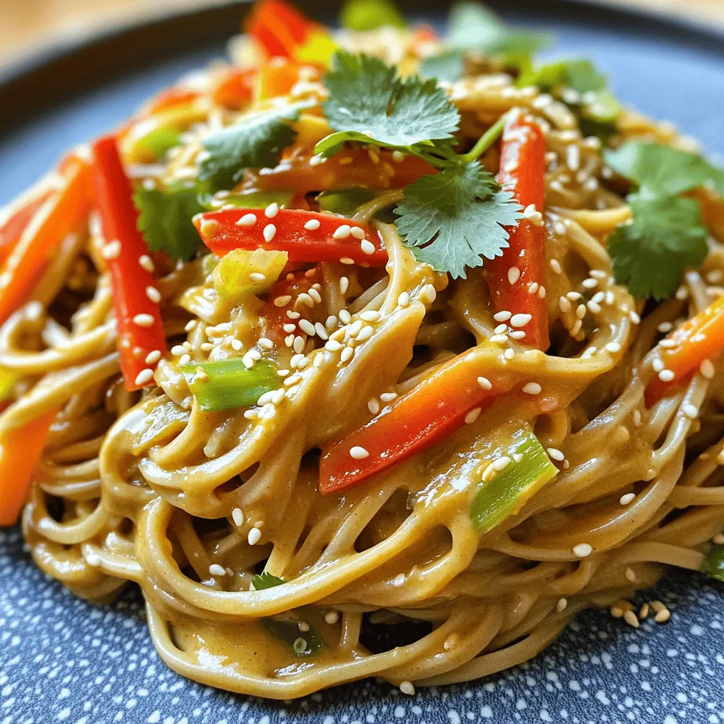 This dish is a tasty mix of flavors and textures. You will love the creamy sauce and fresh veggies. It’s quick to make and can be served warm or cold. - 8 oz soba noodles - 1/2 cup creamy peanut butter - 2 tablespoons soy sauce - 1 tablespoon rice vinegar - 1 tablespoon sesame oil - 2 teaspoons sriracha (adjust for spice level) - 1 tablespoon fresh ginger, grated - 2 cloves garlic, minced - 1 carrot, julienned - 1 red bell pepper, thinly sliced - 1/4 cup scallions, chopped - 1 tablespoon sesame seeds (for garnish) - Fresh cilantro, for garnish You can swap soba noodles for rice noodles if needed. Use sunflower seed butter for nut-free options. If you want less heat, reduce the sriracha. Instead of fresh ginger, try ground ginger for convenience. You can also use apple cider vinegar in place of rice vinegar. Feel free to mix in any veggies you have on hand, such as zucchini or snap peas. This recipe is flexible and always tastes great! To start, grab a pot and fill it with water. Place it on the stove and bring the water to a boil. Once boiling, add 8 oz of soba noodles. Cook them for about 5 to 7 minutes, following the package instructions. After they are cooked, drain the noodles and rinse them under cold water. This stops the cooking and helps keep them firm. Set the noodles aside while you prepare the sauce and veggies. In a medium bowl, you will make the sauce. Combine 1/2 cup of creamy peanut butter, 2 tablespoons of soy sauce, 1 tablespoon of rice vinegar, and 1 tablespoon of sesame oil. Then, add 2 teaspoons of sriracha for heat, along with 1 tablespoon of grated fresh ginger and 2 cloves of minced garlic. Mix all the ingredients well until the sauce is smooth and creamy. If it feels too thick, add a tablespoon of warm water to make it easier to pour. Now, it’s time to bring everything together. In a large bowl, add your julienned carrot, thinly sliced red bell pepper, and 1/4 cup of chopped scallions. Toss them well. Next, add the cooked soba noodles to the bowl with the veggies. Pour the creamy peanut sauce over the noodles. Toss everything together gently until the noodles and vegetables are fully coated in that delicious sauce. To get the right sauce, mix the peanut butter with soy sauce, vinegar, and oil. If it feels too thick, add warm water, one tablespoon at a time. This helps make the sauce smooth. You want it creamy but easy to pour. Taste the sauce as you mix. Adjust the spice with more sriracha if you like it hot. When cooking soba noodles, use a large pot of boiling water. Follow the package instructions, usually about 5 to 7 minutes. Stir the noodles gently to prevent sticking. Once cooked, drain them and rinse under cold water. This stops the cooking and keeps them from getting mushy. For best texture, serve them right after rinsing. Serve your spicy peanut soba noodles in bowls. Top them with sesame seeds and fresh cilantro for extra flavor. You can enjoy them warm or cold. These noodles pair well with grilled chicken or shrimp for added protein. Add extra veggies like snap peas or cucumber for crunch. The dish is versatile and can be adjusted to your taste. {{image_2}} You can easily add protein to your spicy peanut soba noodles. Tofu is a great choice for a plant-based option. Use firm tofu, and press it to remove excess water. Cut it into cubes and sauté it until golden. For meat lovers, chicken works well. Grill or pan-cook chicken breasts and slice them thinly. Add the chicken right before serving for warmth. Shrimp is another tasty option. Cook shrimp in a skillet until they turn pink. Mix them in with the noodles and sauce. Each protein adds its own unique flavor and texture to the dish. You can customize your veggies in this dish. Zucchini is a great choice. Slice it into thin rounds or half-moons, and add it to your mix. Bok choy is also a fantastic addition. Chop it into small pieces and toss it in with the other veggies. Feel free to mix in any quick-cooking vegetables you love. Snow peas, bell peppers, or even broccoli work well. The goal is to keep the colors bright and the textures crunchy. Adjusting the spice level is easy. If you like it hotter, add more sriracha. Start with a teaspoon and taste as you go. For a milder version, reduce the sriracha or leave it out completely. You can still enjoy the creamy peanut flavor without the heat. You can also add a dash of chili flakes or fresh chopped chili for an extra kick. Find your perfect balance and enjoy your unique dish! To keep your spicy peanut soba noodles fresh, store them in an airtight container. Make sure the noodles are completely cool before sealing. This helps prevent sogginess. Place them in the fridge if you plan to eat them within three days. If you want to keep them longer, you can freeze them. When you're ready to enjoy your leftovers, take them out of the fridge. You can reheat them in a microwave or on the stove. For the microwave, place the noodles in a bowl and cover with a damp paper towel. Heat for 1-2 minutes. Stir halfway to ensure even heating. If using the stove, add a splash of water to a pan and heat on low. Stir until warm. To freeze your spicy peanut soba noodles, divide them into portions. Use freezer-safe bags or containers. Label the bags with the date for easy tracking. When you’re ready to eat, thaw them in the fridge overnight. Reheat as mentioned above. This keeps the flavors intact and makes for a quick meal option later. Soba noodles are thin noodles made from buckwheat flour. They have a nutty flavor and a chewy texture. Many people enjoy them because they are gluten-free and packed with nutrients. Soba noodles cook quickly, usually in just 5 to 7 minutes. You can serve them hot or cold, making them very versatile. Yes, you can! To make this recipe nut-free, simply replace the peanut butter with sun butter or tahini. Both options give a creamy texture without nuts. You can also use a nut-free soy sauce if you need to avoid soy. Adjust the seasonings to match your taste. Leftovers of spicy peanut soba noodles can last up to 3 days in the fridge. Store them in an airtight container to keep them fresh. When you are ready to eat, you can enjoy them cold or warm them up in the microwave. Just add a splash of water if the noodles seem dry. This blog post covered how to make spicy peanut soba noodles. We started with the full recipe overview and detailed the ingredients. Then, I shared step-by-step instructions to prepare the dish. You learned tips for perfecting sauce and cooking soba noodles. I also discussed tasty variations and how to store leftovers. In the end, this dish is easy, quick, and very satisfying. Enjoy your cooking adventure!