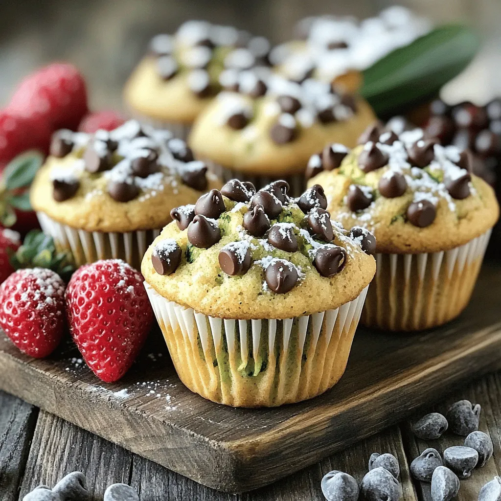 The main star of these muffins is zucchini. You will need 1 cup of finely grated zucchini. That's about 1 medium zucchini. Make sure to squeeze out the extra moisture. Next, you need flour. Combine 1 cup of all-purpose flour with 1/2 cup of whole wheat flour. This mix gives a nice texture. For leavening, add 1 teaspoon of baking powder and 1 teaspoon of baking soda. Don’t forget salt and cinnamon for flavor. Use 1/2 teaspoon of salt and 1 teaspoon of ground cinnamon. Sweetness comes from sugar: use 1/2 cup of granulated sugar and 1/4 cup of packed brown sugar. For moisture, add 1/2 cup of vegetable oil or melted coconut oil. Two large eggs and 1 teaspoon of pure vanilla extract round out the base. Finally, add 1/2 cup of chocolate chips for that rich treat. If you want to jazz up your muffins, consider adding walnuts. You can use 1/4 cup of chopped walnuts. They add a nice crunch and flavor. Dried fruits like raisins or cranberries can also work. They can bring sweetness and chewiness. You can make a few swaps if needed. If you don't have all-purpose flour, try using oat flour or almond flour. For a healthier sweetener, use honey or maple syrup instead of granulated sugar. If you want a dairy-free option, replace eggs with flax eggs. Mix 1 tablespoon of flaxseed meal with 2.5 tablespoons of water for each egg. If you can't find zucchini, you can use grated carrots. They will add sweetness and moisture too! Start by grating one medium zucchini. Make sure to squeeze out excess moisture using a clean kitchen towel. This step helps keep your muffins from becoming soggy. Place the grated zucchini in a bowl and mix it with both granulated and brown sugar. Let it sit for about five minutes. This lets the zucchini release more moisture, which adds flavor. In a large bowl, whisk together all-purpose flour, whole wheat flour, baking powder, baking soda, salt, and ground cinnamon. This mix is the base for your muffins. In the bowl with zucchini and sugar, add vegetable oil, eggs, and vanilla extract. Stir everything together until well combined. Next, slowly add the dry mix to the wet mix. Stir gently until just combined. A few lumps are okay; don't overmix! Finally, fold in chocolate chips and walnuts if you like them. Preheat your oven to 350°F (175°C). Line a muffin tin with paper liners or grease it. Divide the batter evenly among the muffin cups, filling each about two-thirds full. Bake for 18 to 20 minutes. Check with a toothpick; it should come out clean when the muffins are done. Let them cool in the tin for five minutes. Then, transfer them to a wire rack to cool completely. Enjoy the smell that fills your kitchen! To keep your muffins from being soggy, you must remove excess moisture from the zucchini. Start by grating the zucchini finely. After grating, place it in a clean towel and squeeze out the water. This step is key. Also, avoid overmixing your batter. Overmixing can add air and make muffins dense. Mix until just combined for a light texture. To save time, prepare your zucchini ahead of time. You can grate it the night before and store it in the fridge. Use a food processor for quick grating. Also, measure out your dry ingredients ahead of time. This way, when you’re ready to bake, you can mix them quickly. You can even double the batch and freeze some muffins for later. Serve these muffins warm for the best taste. A light dusting of powdered sugar makes them look fancy. Pair them with fresh berries for a colorful plate. You can also enjoy them with a dollop of yogurt on the side. This adds creaminess and balances the sweet flavors. For an extra treat, try them with a drizzle of honey or maple syrup. {{image_2}} You can easily make these muffins gluten-free. Use a gluten-free flour blend instead of all-purpose and whole wheat flour. Brands like Bob's Red Mill or King Arthur Flour work well. Check the blend has xanthan gum for the right texture. The taste remains delicious while being gluten-free. To make vegan muffins, swap out the eggs. Use flax eggs instead, which you can make by mixing 1 tablespoon of ground flaxseed with 2.5 tablespoons of water. Let it sit for about 5 minutes until it thickens. Replace the oil with applesauce for a moist texture. The chocolate chips should be dairy-free to keep it vegan. You can add spices to enhance the flavor. Cinnamon is a classic choice, but you can also try nutmeg or ginger for a warm touch. Adding 1/2 teaspoon of vanilla extract brings out the sweetness. If you like nuts, chop up walnuts or pecans. They add great crunch and flavor. You can also mix in dried fruits like cranberries or raisins for extra sweetness. If you want a rich taste, consider using dark chocolate chips or even mint chocolate chips. These small changes can make your muffins truly unique! To keep your chocolate chip zucchini muffins fresh, store them in an airtight container. This will help them stay moist and tasty. You can keep them at room temperature for up to three days. If you want to keep them longer, consider refrigerating them. Freezing muffins is easy! First, let them cool completely. Then, wrap each muffin in plastic wrap. Place the wrapped muffins in a freezer bag or container. They can last for up to three months in the freezer. When you are ready to eat them, just take them out and let them thaw. To reheat your muffins, you can use the microwave or the oven. For the microwave, heat each muffin for about 15-20 seconds. If you prefer the oven, preheat it to 350°F (175°C). Place the muffins on a baking sheet and heat for about 5-10 minutes. This will make them warm and soft again. Enjoy! Yes, you can! You can use carrots or squash instead of zucchini. Both add moisture and sweetness. Just remember to grate them finely, like you do with zucchini. This keeps your muffins soft and tasty. To make these muffins healthier, try these tips: - Use whole wheat flour instead of all-purpose flour. - Replace some sugar with applesauce or mashed bananas. - Add nuts or seeds for extra protein. - Use less oil by substituting some with unsweetened yogurt. These changes keep flavor while lowering calories. Muffins sink if the batter is too wet or overmixed. Make sure to squeeze out excess moisture from the zucchini. Mix just until combined; lumps are okay. Also, check that your baking powder and baking soda are fresh. This ensures the muffins rise well. Now you know how to make delicious zucchini muffins from scratch. We explored key ingredients, step-by-step instructions, and helpful tips. Remember to prep the zucchini well and adjust for any dietary needs. Use variations to keep things fresh and exciting. Storing and heating them properly keeps your muffins tasty. Apply these tips, and enjoy your baking journey. Happy muffin-making!