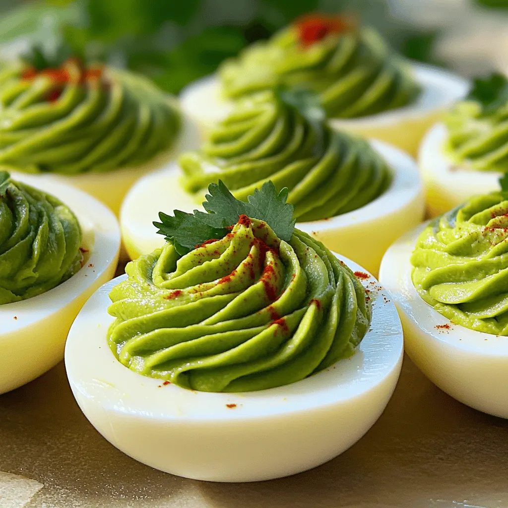 To make flavorful and healthy avocado deviled eggs, gather these simple ingredients: - 6 large eggs - 1 ripe avocado - 1 tablespoon lime juice - 1 tablespoon Greek yogurt - 1 teaspoon Dijon mustard - 1/2 teaspoon garlic powder - Salt and pepper to taste - Optional garnishes: cilantro, red pepper flakes These ingredients create a creamy, zesty filling. Each item plays a role in flavor and texture. The eggs provide protein, while the avocado adds healthy fats. Lime juice gives a fresh taste. Greek yogurt brings creaminess without too many calories. Dijon mustard adds a hint of spice. Garlic powder enhances the overall taste. Finally, salt and pepper help balance everything. Feel free to customize. You can add more lime juice for extra tang or adjust the salt to your liking. The optional garnishes add a nice touch. Cilantro gives freshness, while red pepper flakes add heat. These ingredients make your snack both appealing and delicious! To start, place six large eggs in a saucepan. Cover the eggs with water, ensuring they are fully submerged. Bring the water to a boil over medium heat. Once it boils, cover the pot and remove it from the heat. Let the eggs sit in the hot water for 10 to 12 minutes. This method creates a perfect hard-boiled egg without a green ring around the yolk. After the time is up, it’s time to cool the eggs. Transfer them to a bowl of ice water. Let them sit for about five minutes. This cools them down quickly and makes peeling easier. Once the eggs are cool, gently tap each one on a hard surface. Peel the eggs under running water to help remove the shell. This method reduces the risk of tearing the egg whites. Pat the peeled eggs dry with a paper towel. Next, slice each egg in half lengthwise. Carefully remove the yolks and place them in a mixing bowl. Add one ripe avocado, one tablespoon of lime juice, one tablespoon of Greek yogurt, one teaspoon of Dijon mustard, and half a teaspoon of garlic powder. Season with salt and pepper to taste. Mash everything together until it’s smooth and creamy. Taste the mixture to check the flavor. You may need to adjust the seasoning. A little more lime juice can brighten the taste. Now, it’s time to fill the egg whites. You can use a spoon for a quick job. For a nicer look, consider using a piping bag. This gives a professional touch to your dish. After filling the whites, add some final touches. Sprinkle red pepper flakes on top for a bit of heat. If you like, garnish with chopped fresh cilantro for added color and flavor. Enjoy your flavorful and healthy avocado deviled eggs! To make perfect hard-boiled eggs, timing is key. Boil the eggs for 10-12 minutes. After boiling, cool them in ice water for about 5 minutes. This stops cooking and makes peeling easier. * Cooking time: 10-12 minutes * Cooling method: ice water for 5 minutes Balancing lime juice and salt is crucial. Start with one tablespoon of lime juice. Taste and add more if you like a zesty kick. For salt, begin with a pinch and adjust to your preference. * Lime juice: start with 1 tablespoon * Salt: add to taste To customize the creaminess, swap Greek yogurt with sour cream or use more avocado. This gives a richer texture. You can even add a splash of olive oil for extra creaminess. Serve your avocado deviled eggs creatively. Use a platter or individual cups for a fun look. You can also slice a few extra herbs for color. For garnishing, sprinkle red pepper flakes for heat. Chopped cilantro adds freshness and a pop of green. These simple touches make your dish appealing and tasty. {{image_2}} For a kick, add jalapeños or hot sauce. You can mix in diced jalapeños into the filling. This adds heat and flavor. If you prefer, drizzle a bit of hot sauce on top. This gives a nice zesty finish. Adjust the amount based on your spice tolerance. You can make these eggs even more colorful and tasty. Adding diced bell peppers or tomatoes can enhance the dish. They add crunch and freshness. Try red or yellow bell peppers for a pop of color. You can also use cherry tomatoes for a sweet burst. Don't be afraid to get creative! Different herbs and spices can change the taste. You might try fresh basil or dill for a new twist. A sprinkle of smoked paprika can add a nice touch too. Experimenting with these flavors can lead to delicious surprises. To keep your avocado deviled eggs fresh, store them in an airtight container. Place parchment paper between the eggs to prevent sticking. This helps keep the filling intact, which can be creamy and delicate. You can store them in the fridge for about 2-3 days. However, the avocado filling can brown over time. Adding extra lime juice can slow this down. You cannot freeze the entire deviled egg. Freezing changes the texture of the eggs, making them watery when thawed. Instead, freeze the avocado filling. Divide it into small portions and place it in a freezer-safe bag. Squeeze out as much air as possible. When you want to use it, thaw it in the fridge overnight. Then, fill freshly boiled eggs with the mixture for the best taste and texture. To hard-boil eggs perfectly, start with a saucepan. Place the eggs in it and cover them with water. Bring the water to a boil. Once it boils, cover the pot and turn off the heat. Let the eggs sit in the hot water for 10 to 12 minutes. This method cooks the eggs evenly. Afterward, transfer them to a bowl of ice water. This cooling step helps stop the cooking and makes peeling easier. Yes, you can prepare avocado deviled eggs in advance. Make the filling a day ahead. Store it in an airtight container in the fridge. You can fill the egg whites just before serving. This keeps the eggs fresh and prevents browning. If you want to prepare the whole dish, keep the filling and egg whites separate to maintain texture. If you need a substitute for Greek yogurt, try using sour cream. It has a similar texture and tangy flavor. You can also use silken tofu for a dairy-free option. Just blend it until smooth. Another choice is using mayonnaise for creaminess. Each option works well in avocado deviled eggs and keeps them delicious! In this post, we explored how to make delicious avocado deviled eggs. We covered key ingredients, from eggs to optional garnishes. You learned step-by-step instructions, tips for perfect cooking, and ways to store extras. Get creative by adding spices or veggies for a tasty twist. Remember, these eggs are fun to make and share. Try them out and enjoy a rich, creamy snack that's healthy too!