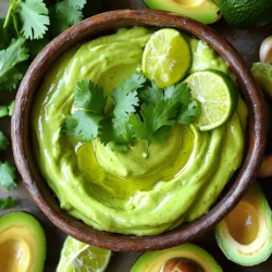 - 2 ripe avocados - 1/4 cup Greek yogurt - 2 tablespoons freshly squeezed lime juice The main ingredients for Avocado Lime Crema are simple yet powerful. Ripe avocados bring a creamy texture. I love how they blend smoothly into a rich dip. Greek yogurt adds a nice tang. It also gives the crema a thick, luscious feel. Freshly squeezed lime juice gives it a zesty kick. This bright flavor makes the dip pop, keeping it fresh and lively. - Fresh cilantro leaves for garnish - Seasoning: garlic, cumin, salt, and pepper While not needed, optional ingredients can take the crema to another level. Fresh cilantro leaves add a burst of color and flavor. They make the dip look and taste vibrant. Seasoning is key too. Garlic gives a nice bite. Cumin adds warmth and depth. Salt and pepper enhance all the flavors, making them sing together. You can adjust these seasonings to match your taste. - Cut the avocados in half and remove the pits. - Scoop the soft flesh into a blender or food processor. To prepare avocados, I find it helpful to use a sharp knife. Slice them carefully to avoid cutting into the pit. Then, twist the halves to separate them. Once you remove the pit, use a spoon to scoop out the flesh. Make sure to get every bit, as this gives your crema a nice, rich texture. - Combine the avocado with Greek yogurt and lime juice. - Add minced garlic and cumin for extra flavor. In the blender, combine the avocado, Greek yogurt, and freshly squeezed lime juice. The yogurt adds creaminess, while lime juice gives a zesty kick. I also add minced garlic and a pinch of cumin. These ingredients create a flavor that is both fresh and bold. Blend everything until it's smooth and creamy. If you want a thinner texture, add a splash of water. - Blend until smooth and creamy. - Adjust seasoning with salt and pepper, then serve. After blending, taste your crema. You might want to add more lime juice or salt. Blend briefly to mix in any extra seasonings. Once it’s just right, transfer it to a serving bowl. If you like, garnish with fresh cilantro leaves. Serve it right away or chill it for up to two hours. Enjoy this creamy dip with chips, tacos, or veggies! To get the right thickness for your avocado lime crema, aim for a smooth and creamy blend. You want it thick enough to stay on a chip, but not too thick to spread. If it feels too thick, add a little water or more Greek yogurt. Start with one tablespoon of water, blend, and check the texture. Adjust until it meets your preference. You can boost the flavor of your crema with spices and herbs. Consider adding a pinch of paprika for a smoky touch or a dash of chili powder for some heat. Fresh herbs like dill or parsley can add brightness. If you want to get creative, try mixing in a bit of roasted red pepper or fresh green onion for an extra zing. When serving your crema, a simple bowl works great, but you can make it special. Use a decorative dish to catch the eye. Garnish with fresh cilantro leaves for a pop of green color. Serve with tortilla chips, fresh veggies, or alongside grilled meats. Pairing this crema with tacos or roasted veggies can elevate your meal. Enjoy the vibrant colors and flavors! {{image_2}} If you want a dairy-free version of avocado lime crema, you can skip the Greek yogurt. Instead, use silken tofu, cashew cream, or coconut yogurt. These options keep the dip creamy while making it plant-based. Silken tofu offers a smooth texture and blends well. Cashew cream gives a rich taste, while coconut yogurt adds a hint of sweetness. Each choice provides a unique spin on the classic flavor. To kick up the flavor, consider adding heat with jalapeños or chili peppers. Just chop them finely and blend them into your crema. This addition brings warmth that pairs nicely with the cool avocado. You can also mix in fresh herbs like dill or parsley for a fresh twist. For a smoky taste, try adding a dash of smoked paprika. Each of these enhancements adds depth to your dish. Avocado lime crema shines as a dip, sauce, or spread. You can serve it with tortilla chips or fresh veggies for dipping. It works well as a sauce over grilled chicken or fish. Spread it on sandwiches or wraps for extra flavor. This creamy dip complements many cuisines, from Mexican tacos to Mediterranean salads. Get creative and find your favorite pairings! To store leftover crema, place it in an airtight container. This method helps keep the dip fresh. Make sure to press plastic wrap directly onto the crema's surface before sealing the container. This step reduces air exposure, which can cause browning. The avocado lime crema lasts about three days in the fridge. If you want to freeze it, use a freezer-safe container. However, freezing may change the texture. Thaw it in the fridge overnight before using. To refresh stored crema, stir in a little lime juice. You can also add a splash of water to help with consistency. If the flavor feels dull, adjust with a pinch of salt or cumin. This way, you keep the crema tasty and bright. You can use several substitutes for Greek yogurt. Here are some good options: - Sour cream: It adds a tangy flavor similar to yogurt. - Plain yogurt: Regular yogurt works too but may be thinner. - Silken tofu: This is great for a dairy-free option. - Cashew cream: A nut-based choice for a rich texture. All these choices will keep your crema creamy and tasty. Yes, you can make Avocado Lime Crema ahead of time. It’s best to prepare it a few hours before serving. Here are some tips: - If you make it early, store it in an airtight container. - Press plastic wrap directly onto the surface of the crema. This helps prevent browning. - You can add a bit more lime juice before serving to freshen the flavor. Homemade avocado crema lasts about 2 to 3 days in the fridge. To keep it fresh: - Store it in an airtight container. - Keep it away from strong-smelling foods to avoid flavor transfer. - If it changes color or smells off, it's best to discard it. Enjoy your delicious crema while it’s fresh for the best taste! This blog post detailed how to make Avocado Lime Crema with fresh ingredients. You learned about the main components like avocados, yogurt, and lime juice. I provided steps for preparation, blending, and seasoning. I also shared tips on consistency, flavor, and presentation to enhance your dish. Variations include dairy-free options and flavor twists. Lastly, I covered storage practices to keep your crema fresh. Experiment with this recipe and discover new flavors to enjoy.