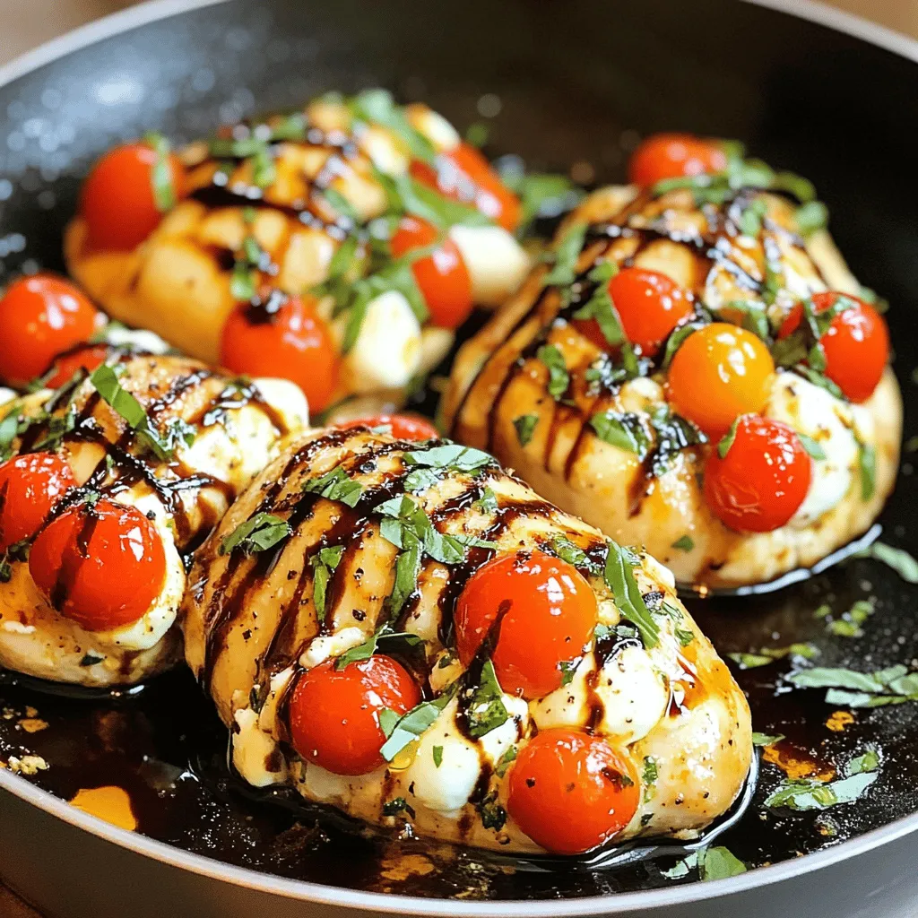 To make Caprese stuffed chicken, gather these key items: - 4 boneless, skinless chicken breasts - 1 cup fresh mozzarella cheese, diced - 1 cup cherry tomatoes, halved - 1/2 cup fresh basil leaves, chopped - 2 tablespoons balsamic glaze - 2 tablespoons olive oil - 3 cloves garlic, minced - 1 teaspoon Italian seasoning - Salt and pepper to taste You can change the flavor with these optional items: - Spinach for extra greens - Pesto for a rich taste - Different cheeses like feta or goat cheese - Sun-dried tomatoes for a tangy twist Make your dish shine with these garnishes: - Fresh basil leaves for color - Extra balsamic glaze for a sweet finish - A sprinkle of crushed red pepper for heat Each ingredient plays a role in creating a vibrant and tasty meal. The fresh mozzarella melts beautifully, while the basil adds a wonderful aroma. The cherry tomatoes burst with juice, making every bite exciting. Use these suggestions to make this dish your own! First, gather all your ingredients. You will need: - 4 boneless, skinless chicken breasts - 1 cup fresh mozzarella cheese, diced - 1 cup cherry tomatoes, halved - 1/2 cup fresh basil leaves, chopped - 2 tablespoons balsamic glaze - 2 tablespoons olive oil - 3 cloves garlic, minced - 1 teaspoon Italian seasoning - Salt and pepper to taste Next, preheat your oven to 375°F (190°C). Take a mixing bowl and combine the mozzarella, cherry tomatoes, basil, garlic, one tablespoon of olive oil, and balsamic glaze. Add salt, pepper, and Italian seasoning to taste. Mix well and set this aside. Now, take a sharp knife and carefully create a pocket in each chicken breast. Slice each breast horizontally, but don’t cut all the way through. Stuff each chicken breast pocket with the Caprese mixture. Fill them until they are full but not overflowing. If needed, use toothpicks to secure the pocket openings. In an oven-safe skillet, heat the remaining tablespoon of olive oil over medium-high heat. Once hot, sear each stuffed chicken breast for about 3-4 minutes on each side. Look for a golden brown color. After searing, transfer the skillet to your preheated oven. Bake for 20-25 minutes until the chicken is cooked through. The internal temperature should reach 165°F (75°C). Once done, remove the skillet from the oven. Let the chicken rest for a few minutes. If you used toothpicks, carefully take them out. Serve the chicken warm. Drizzle with extra balsamic glaze and garnish with fresh basil leaves for that extra pop of flavor. Enjoy your delicious Caprese stuffed chicken! When you stuff chicken, always slice carefully. Make a pocket, but don’t cut all the way through. This keeps the filling inside. Use a sharp knife for precision. Fill the pocket with the Caprese mix, but don’t overstuff. Leave a little space to prevent spills during cooking. If needed, use toothpicks to close the pocket. This step helps keep the stuffing in place. To cook chicken perfectly, start with a good sear. Heat the skillet before adding the chicken. Cook each side for about 3-4 minutes until golden brown. After searing, transfer the skillet to the oven. Bake at 375°F for 20-25 minutes. Use a meat thermometer to check the internal temperature. It should reach 165°F. Let the chicken rest for a few minutes after cooking. This allows the juices to settle, keeping the meat moist. One common mistake is not seasoning enough. Salt and pepper enhance the flavors. Another mistake is cutting the chicken breast too deep. This can lead to too much filling escaping. Also, don’t skip the resting time. Cutting into the chicken too soon can dry it out. Lastly, make sure your oven is preheated. This step ensures even cooking throughout the chicken. {{image_2}} You can add a twist to your Caprese stuffed chicken by using pesto. Instead of just the fresh basil, mix in a couple of tablespoons of pesto. This adds a rich, herbal flavor that pairs well with the mozzarella and tomatoes. Just blend it into the stuffing mixture. The result is a chicken breast that bursts with flavor. If you want to add some greens, try spinach. Chopped fresh spinach works great in the stuffing. Mix it in with the mozzarella, tomatoes, and basil. This not only boosts the nutrition but also brings a lovely color to your dish. Plus, it adds a soft texture that complements the chicken beautifully. While mozzarella is classic, you can switch to other cheeses. Try using goat cheese, ricotta, or even feta for a different taste. Each cheese brings its own flavor and texture. Goat cheese adds creaminess, while feta gives a salty kick. Experiment to find your favorite cheese combination. This small change can make a big difference in your meal. After you enjoy your Caprese stuffed chicken, store leftovers in an airtight container. Make sure to let it cool first. This way, it stays fresh. You can keep it in the fridge for up to three days. If you want to keep it longer, consider freezing it. To reheat, preheat your oven to 350°F (175°C). Place the chicken in a baking dish. Cover it with foil to keep it moist. Heat for about 15-20 minutes until warm. You can also use the microwave. Just heat on medium for a few minutes, checking often to avoid overcooking. For freezing, wrap each stuffed chicken breast tightly in plastic wrap. Then, place them in a freezer-safe bag or container. This helps prevent freezer burn. You can freeze it for up to three months. When ready to eat, thaw in the fridge overnight before reheating. Yes, you can use frozen chicken breasts. Be sure to thaw them first. You can thaw them overnight in the fridge. If you're in a rush, you can use the microwave. Just make sure they are completely thawed before you start. Cooking frozen chicken can lead to uneven cooking. Always check the internal temperature after cooking. You can add many tasty things to the stuffing. Here are some ideas: - Spinach for extra greens - Sun-dried tomatoes for a richer flavor - Artichoke hearts for a fun twist - Feta cheese for a salty kick - Red onion for a bit of crunch Feel free to mix and match based on what you like. Just be sure to keep the mix balanced. To know if the chicken is done, use a meat thermometer. The chicken should reach an internal temperature of 165°F (75°C). If you don't have a thermometer, cut into the thickest part of the chicken. The juices should run clear, not pink. Cooking time can vary, so checking is key. Let the chicken rest before cutting. This helps keep it juicy. This blog post covered everything you need to make Caprese stuffed chicken. We explored the ingredients, cooking steps, and storage tips. Remember to experiment with flavors and avoid common mistakes. Try the suggested variations for a fun twist. With proper care, you can enjoy leftovers later. Understanding these simple tips makes all the difference. So, get cooking and impress your family with this tasty dish!