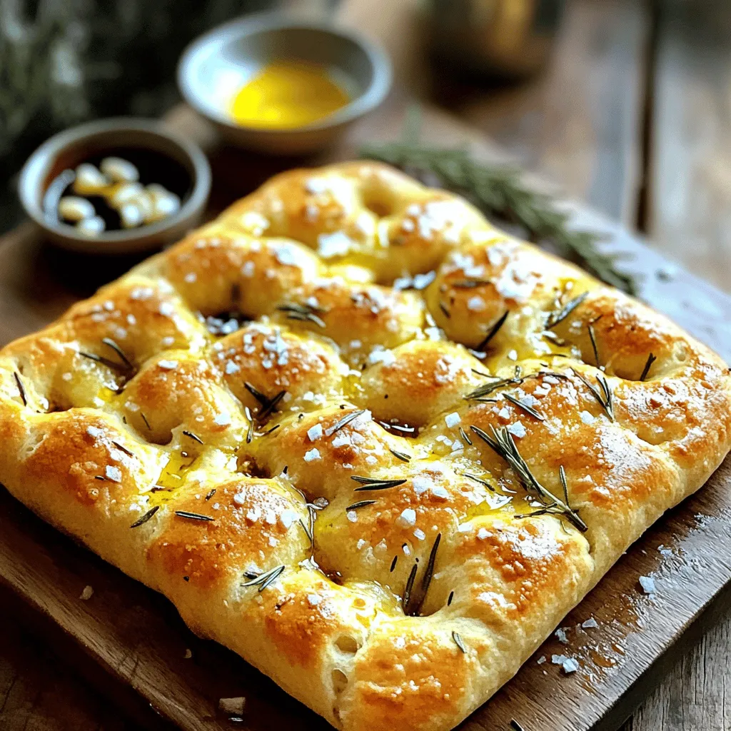 - 4 cups all-purpose flour - 1 ½ cups warm water (110°F or 43°C) - 2 teaspoons active dry yeast - 2 tablespoons honey - 6 cloves garlic, minced - 2 tablespoons fresh rosemary, finely chopped - Coarse sea salt, for topping - 2 teaspoons salt - ¼ cup olive oil (plus more for drizzling) In this recipe, the main ingredients create a strong base. The flour gives structure, while the warm water helps activate the yeast. Honey adds a touch of sweetness, enhancing the overall flavor. The flavor enhancements make this focaccia special. Garlic brings a rich aroma, and rosemary adds a fresh, herbal note. The coarse sea salt on top boosts all the flavors and adds texture. The additional ingredients are simple yet vital. Salt helps balance the bread, while olive oil not only adds flavor but also keeps it moist. A drizzle of olive oil before baking gives a lovely crust. With these ingredients, you set up for a delicious, fragrant focaccia. Each component plays a role in making this bread a delight. Enjoy the process of bringing these flavors together! To start, I activate the yeast mixture. In a small bowl, I mix warm water, honey, and yeast. I wait about 5-10 minutes until it gets frothy. This shows the yeast is alive and ready to work. Next, I combine the dry ingredients. In a large bowl, I whisk together the flour and salt. I make a well in the center and pour in the yeast mixture along with ¼ cup of olive oil. I mix it until a shaggy dough forms. Now, it's time to knead the dough until smooth. I transfer it to a floured surface and knead for about 5-7 minutes. This helps to develop the gluten, making the bread rise well. After kneading, I place the dough in a lightly greased bowl. I cover it with a damp cloth and let it rise in a warm spot. I wait about 1 hour, or until it doubles in size. This step is key for a light and airy focaccia. Once the dough has risen, I punch it down gently. I transfer it to a greased baking sheet. Then, I stretch and shape the dough to fit the sheet, making it about 1 inch thick. Next, I create dimples all over the surface using my fingers. This will hold in the toppings. I drizzle the surface generously with olive oil. Then, I sprinkle minced garlic, chopped rosemary, and coarse sea salt on top. Before baking, I preheat the oven to 425°F (220°C). I let the focaccia rest for another 20 minutes to puff up slightly. Finally, I bake the focaccia for 20-25 minutes until it turns golden brown. I keep an eye on it to avoid burning. Once done, I remove it from the oven and let it cool slightly before slicing. To make great focaccia, use room temperature ingredients. This helps the dough rise well. Cold items can slow down the yeast. Also, avoid over-kneading the dough. Knead just until smooth. Too much kneading can make the bread tough. When serving focaccia, I suggest placing it on a wooden board. A small bowl of olive oil and balsamic vinegar adds flair. Guests can dip their slices for extra flavor. For a lovely touch, garnish with fresh rosemary sprigs. This makes your focaccia look and taste wonderful. Baking time can change based on thickness. If your focaccia is a bit thicker, add a few more minutes. Keep an eye on the color. It should turn golden brown. This way, you get a perfect crust every time. {{image_2}} You can make a gluten-free version of focaccia. For this, simply substitute all-purpose flour with gluten-free all-purpose flour. This flour blend often contains xanthan gum, which helps mimic the gluten structure. You may need to adjust the liquid ratios. Start with the same amount of warm water. If the dough seems dry, add a bit more liquid. If you want a vegan focaccia, you can replace honey with maple syrup or agave syrup. This swap keeps the sweetness without using animal products. When it comes to fats, using olive oil effectively is key. It keeps the bread moist and adds flavor. Just stick to the same amount as the recipe calls for. Feel free to play with flavors! Incorporating olives or sun-dried tomatoes adds a nice twist. Chop them up and press them into the dough before baking. You can also add cheese toppings. Try mozzarella or feta for a creamy touch. Sprinkle them on top after you add your garlic and rosemary. To keep your focaccia at room temperature, let it cool first. Once cool, wrap it in a clean kitchen towel or place it in a bread box. This helps keep it fresh for up to two days. Avoid plastic bags, as they can make the bread soggy. For long-term storage, you can freeze focaccia. First, slice it into pieces. Wrap each piece tightly in plastic wrap, then place them in a freezer bag. This method helps prevent freezer burn. Focaccia can stay good in the freezer for up to three months. To thaw focaccia, take it out of the freezer and leave it at room temperature for a few hours. You can also thaw it in the fridge overnight for best results. To maintain the texture of your focaccia, the oven works best. Preheat your oven to 350°F (175°C). Place the focaccia on a baking sheet and warm it for about 10 minutes. If you're in a hurry, you can use the microwave. Heat each slice for about 15-20 seconds. However, this method may make the bread a bit chewy. Using the oven gives it a nicer crust. Making Garlic Rosemary Focaccia takes about 1 hour and 50 minutes total. Here’s the breakdown: - Prep time: 15 minutes - Rising time: 1 hour - Baking time: 20-25 minutes This timing ensures you get a soft, fluffy bread with a crispy crust. Yes, you can use other herbs! Here are some great options: - Thyme - Oregano - Basil - Sage Feel free to mix and match herbs for your own twist. Each herb adds a unique flavor to the focaccia. Focaccia pairs well with many tasty options. Here are a few ideas: - A small bowl of olive oil for dipping - Balsamic vinegar - Fresh herbs or dips like hummus - Soup or salad Serving focaccia with these options makes a delightful meal. Enjoy experimenting with flavors! You learned how to make delicious Garlic Rosemary Focaccia from start to finish. We explored key ingredients, step-by-step instructions, and handy tips. Plus, I shared some fun variations to try. Baking focaccia is simple and rewarding. It brings joy to your meals. Remember, practice makes perfect. With these guidelines, you’ll create tasty bread that impresses everyone. Enjoy making your focaccia and don’t forget to share it with loved ones!