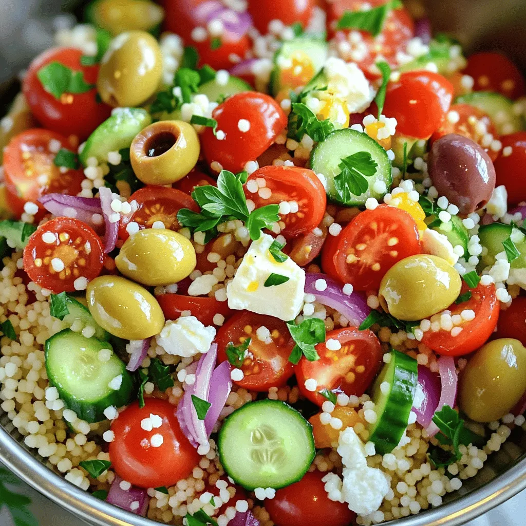 - Couscous and Broth - 1 cup couscous - 1 1/4 cups vegetable broth (or water) - Fresh Vegetables - 1/2 cup cherry tomatoes, halved - 1/2 cucumber, diced - 1/4 red onion, finely chopped - 1/2 red bell pepper, diced - Feta Cheese and Olives - 1/4 cup Kalamata olives, pitted and sliced - 1/4 cup feta cheese, crumbled - Dressing Components - 1/4 cup fresh parsley, chopped - 2 tablespoons olive oil - 1 tablespoon lemon juice - 1 teaspoon dried oregano - Salt and pepper to taste This salad shines with fresh flavors. The couscous pairs well with the broth, which adds depth. I love using vegetable broth for a richer taste. The fresh vegetables bring color and crunch. Cherry tomatoes burst with juice, while cucumbers add coolness. Red onion and bell pepper give a nice kick. Feta cheese and olives add a savory touch. Feta crumbles beautifully and melts in your mouth. Kalamata olives bring a briny flavor that balances the dish. The dressing is simple but so tasty. Olive oil adds richness, while lemon juice brightens everything. Dried oregano adds a herby note, and salt and pepper tie it all together. This blend makes each bite exciting and fresh. Bringing Broth to a Boil Start by pouring 1 1/4 cups of vegetable broth into a medium saucepan. Turn the heat to high and bring it to a boil. This step is key. The hot broth will cook the couscous evenly and add flavor. Soaking and Fluffing Couscous Once the broth boils, add 1 cup of couscous. Stir it well, then cover the pot. Take it off the heat and let it sit for about 5 minutes. The couscous will soak up the broth. After 5 minutes, use a fork to fluff the couscous. This keeps it light and airy. Let it cool down while you prepare the salad. Combining Fresh Ingredients In a large bowl, combine these fresh ingredients: - 1/2 cup cherry tomatoes, halved - 1/2 cucumber, diced - 1/4 red onion, finely chopped - 1/2 red bell pepper, diced - 1/4 cup Kalamata olives, pitted and sliced - 1/4 cup feta cheese, crumbled - 1/4 cup fresh parsley, chopped Mix them well to ensure every bite is colorful and tasty. Whisking the Dressing Together In a small bowl, whisk together: - 2 tablespoons olive oil - 1 tablespoon lemon juice - 1 teaspoon dried oregano - Salt and pepper to taste This dressing adds a zesty kick. Make sure it’s well mixed. Incorporating Couscous with Veggies Add the cooled couscous to the bowl with the fresh vegetables. Pour the dressing over the top. Gently toss everything together. Make sure each piece of couscous gets coated in the dressing. Refrigerating for Flavor Development Cover the salad with plastic wrap or a lid. Place it in the fridge for at least 30 minutes. This chilling time allows the flavors to blend. When you take it out, you’ll have a tasty, refreshing dish ready to enjoy! Fluffing Tips for Couscous To make your couscous light and fluffy, let it steam properly. After boiling your broth, mix in the couscous and cover. Remove it from heat and wait five minutes. This helps it absorb the liquid well. Use a fork to fluff it gently. This step makes a big difference! Balancing Flavors in Your Salad Balancing flavors is key. Use fresh ingredients like cherry tomatoes, cucumber, and red onion. Each brings a unique taste. The salty feta and olives add depth. Add lemon juice and olive oil for brightness. Taste as you mix to adjust seasoning. This ensures a perfect blend of flavors. Serving Suggestions Serve your salad in a large bowl. You can also use individual plates for a fancy touch. Drizzle extra olive oil and lemon juice on top. This not only adds flavor but also looks appealing. Garnishing Tips for Visual Appeal For a pop of color, add extra parsley on top. Whole olives can also make the dish stand out. A beautiful presentation makes the salad more inviting. You want your guests to be excited to dig in! Nutritional Highlights of Ingredients This salad is packed with nutrients. Couscous provides carbs for energy. Fresh veggies bring vitamins and minerals. Feta adds protein and calcium. Olive oil is heart-healthy too. This salad is a wholesome choice for any meal. Substitutions for a Healthier Option If you want a lighter salad, swap regular couscous for whole grain or cauliflower couscous. Try using low-fat feta for fewer calories. You can also add more veggies like spinach or bell peppers. These changes keep your salad healthy and tasty! {{image_2}} Using Different Vegetables You can easily swap out vegetables in this salad. Try adding bell peppers, zucchini, or even carrots. Each veggie brings its flavor. Mix and match based on what you have at home. For a crunch, add radishes or snap peas. Alternative Cheeses Feta cheese is fantastic, but you can use others too. Try goat cheese for a tangy taste. You can also use mozzarella for a milder flavor. Cheese choices can change the whole salad vibe. Adding Seasonal Produce In spring, add fresh peas or asparagus for a bright touch. During summer, corn and ripe tomatoes shine in this dish. In fall, consider roasted butternut squash or Brussels sprouts. These seasonal swaps keep the salad exciting. Adapting for Fall or Summer Themes For a summer feel, use lighter dressings with lemon or vinaigrette. In fall, add warm spices like cinnamon or nutmeg. These changes make the salad fit the season perfectly. Experimenting with Different Dressings The dressing can change everything! Try a balsamic vinaigrette for a sweet twist. A yogurt-based dressing adds creaminess. Don’t be afraid to mix flavors until you find your favorite. Using Homemade vs. Store-Bought Options Homemade dressings are fresh and simple. Just mix olive oil, vinegar, and spices. Store-bought options are quick and easy. Both can work well, so choose what fits your time and taste. Store your Mediterranean Couscous Salad in an airtight container. This keeps it fresh and tasty. You can use glass or plastic containers. Make sure the salad is cool before you cover it. This helps avoid moisture buildup, which can make it soggy. For the best taste, eat the salad within three days. The flavors will stay great for this time. After three days, the veggies may start to lose their crunch. You can freeze Mediterranean Couscous Salad, but there are some tips. First, store it in a freezer-safe container. Leave some space at the top because the salad will expand as it freezes. When you want to eat it, thaw it in the fridge overnight. This helps keep the texture nice. After thawing, stir the salad gently. You might want to add a little olive oil or lemon juice to refresh the flavors. Mediterranean Couscous Salad stays fresh for about three to four days in the fridge. Store it in an airtight container. This keeps the flavors bright and the veggies crisp. After a few days, the salad may lose its crunch. Yes! You can make this salad a day ahead. It tastes even better after resting. The flavors mix well when the salad sits in the fridge. Just remember to stir it lightly before serving. No, couscous is not gluten-free. It is made from wheat. If you need a gluten-free option, use quinoa or rice instead of couscous. Both are tasty and work well in this salad. You can serve this salad with grilled chicken or fish. It also pairs well with hummus and pita bread. For a light meal, enjoy it with a side of tzatziki or a yogurt dip. This blog post shared an easy way to make Mediterranean Couscous Salad. We explored key ingredients like couscous, fresh veggies, feta cheese, and olives. I outlined simple steps to cook, mix, and chill the dish. I included tips for perfecting texture and presentation and even discussed healthy substitutions. Remember, you can adjust ingredients to fit the season. Enjoy storing and changing your salad for days to come. This dish is simple, versatile, and delicious. Happy cooking!