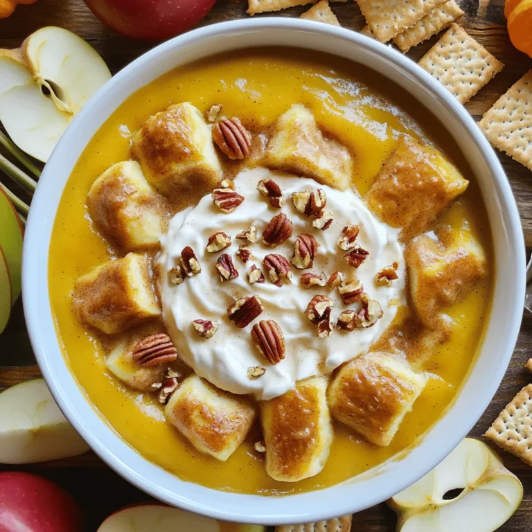 - Cream cheese - Pumpkin puree - Powdered sugar - Vanilla extract - Spices: ground cinnamon, ground nutmeg - Whipped topping - Cinnamon roll dough - Optional: chopped pecans For this pumpkin cinnamon roll dip, gather these simple ingredients. Start with one package of cream cheese. Make sure it’s softened for easy mixing. You will need one cup of pumpkin puree for that rich, fall flavor. Also, grab one cup of powdered sugar to add sweetness. A teaspoon of vanilla extract will boost the taste. For spices, use one teaspoon of ground cinnamon and half a teaspoon of ground nutmeg. These spices bring warmth and depth to your dip. You’ll also need one cup of whipped topping to create a fluffy texture. Next, pick up one can of refrigerated cinnamon roll dough. This will be the base of your dish. If you like, chop a quarter cup of pecans for extra crunch. These nuts add a nice touch and pair well with the flavors. Now that you have all the ingredients, you are ready to create something delicious. This dip is perfect for parties or a cozy night in. First, grab a mixing bowl. You will mix cream cheese, pumpkin puree, powdered sugar, vanilla extract, ground cinnamon, and nutmeg. Use an electric mixer to beat this until smooth and fluffy. Make sure there are no lumps. Next, gently fold in the whipped topping. This step gives the dip its creamy texture. It should look light and airy. Set this mixture aside while you prepare the next steps. Now, open the can of cinnamon roll dough. Cut each roll into quarters. This makes them easier to dip later. Place these pieces in the bottom of the slow cooker. Make sure they fit well and cover the bottom. Now, take your pumpkin dip mixture and pour it evenly over the cinnamon roll pieces. Ensure each piece is well covered. If you want, sprinkle chopped pecans on top. This adds a nice crunch and flavor. Cover the slow cooker and set it to low. Cook for about 2 hours. You know it's done when the cinnamon rolls look fluffy and cooked through. You can check by poking one. If it feels soft and doughy, it’s ready. Once it's done, gently stir the dip with the cooked cinnamon rolls. This makes a gooey and delicious dip. To make a smooth dip, mix the cream cheese and pumpkin well. Use an electric mixer for best results. Be sure to blend in the powdered sugar, vanilla, and spices until fluffy. This helps create a creamy dip that is easy to scoop. When adding the whipped topping, fold it in gently. This keeps the dip light and airy. Ensure that the cinnamon rolls are fully covered with the pumpkin dip. After placing the cut rolls in the slow cooker, pour the dip evenly over them. This helps each piece soak up the flavor, making every bite delicious. Serve the dip warm right in the slow cooker. This keeps it gooey and perfect for dipping. Offer small spoons or dessert forks for easy scooping. To make it look pretty, sprinkle extra cinnamon on top. You can also garnish with whole pecans for added crunch. Pair the dip with apple slices or graham crackers. These dippers complement the sweet and spiced flavors well. You can change the spices to suit your taste. Try adding allspice or ginger for a new twist. A splash of maple or almond extract can also enhance the flavor. For extra fun, mix in chocolate chips. These add a rich, sweet layer to the dip. You can also swap in different nuts if you like, such as walnuts or hazelnuts. This lets you create a dip that’s unique to your taste! {{image_2}} To keep your pumpkin cinnamon roll dip fresh, follow these simple steps: - Refrigeration guidelines: Once cooled, place the dip in the fridge within two hours. It’s safe to eat for up to three days. - Recommended storage containers: Use an airtight container or a glass dish with a lid. These options help keep moisture in and odors out. When you want to enjoy your dip again, here’s how to reheat it: - Best methods for reheating: The best way is to use the microwave. Heat it in short bursts, about 30 seconds at a time. Stir it after each heating to ensure it warms evenly. - Ensuring texture remains intact: Avoid high heat, as it can make the dip too runny. Stir gently after reheating to keep that creamy, gooey texture. You can change this dip for fall and winter flavors. Add a splash of maple syrup for a sweet twist. You could also mix in some caramel sauce for extra richness. Try adding a sprinkle of nutmeg or ginger for a spicy kick. For toppings, consider using crushed graham crackers for crunch. You can also drizzle melted chocolate or caramel on top for a fun look. If you want a dairy-free option, use vegan cream cheese and coconut whipped topping. For a gluten-free version, check that your cinnamon roll dough is gluten-free. You can also swap the powdered sugar for a sugar substitute like stevia or erythritol. This way, you can enjoy the dip while keeping your health goals in mind. Yes, you can prepare the dip ahead of time. Mix the pumpkin dip and store it in the fridge. Keep the cinnamon roll pieces separate. This way, they stay fresh. When ready to serve, place the rolls in the slow cooker. Pour the dip over them and cook. This method saves time and keeps the flavors fresh. This dip pairs well with many tasty dippers. Here are some great options: - Apple slices - Graham crackers - Pretzel bites - Vanilla wafers - Mini marshmallows These dippers add fun and flavor to your dessert. Try different dippers to find your favorite! You’ll know the cinnamon rolls are done when they look golden brown. They should be soft and puffed up. Check that they are not too doughy in the center. If they are, give them a little more time in the slow cooker. The perfect texture is warm and gooey, ready to enjoy! This blog post covered a delicious Pumpkin Cinnamon Roll Dip recipe. We explored key ingredients like cream cheese, pumpkin puree, and cinnamon rolls. I provided clear steps for mixing, layering, and cooking your dip. You now know tips for perfect texture and storage. In summary, this easy recipe is perfect for gatherings. It brings seasonal flavors, warms hearts, and delights guests. Enjoy making it your own with variations and garnishes! Happy cooking!