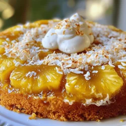 - Canned pineapple slices - Unsalted butter - Brown sugar - Shredded coconut - All-purpose flour - Baking powder - Salt - Granulated sugar - Eggs - Milk or reserved pineapple juice - Vanilla extract To get the best results, measure your ingredients carefully. Here are some tips: - Dry Ingredients: Use a spoon to scoop flour into your measuring cup. Level it off with a knife for accuracy. - Brown Sugar: Pack it tightly into the cup for the right amount. - Liquid Ingredients: Use a clear measuring cup. Check the measurement at eye level for accuracy. Substitutions for Common Ingredients: - You can use fresh pineapple if you prefer. Just slice it thin. - For those who want a dairy-free option, almond milk works well instead of regular milk. - You can replace unsalted butter with coconut oil if you want a richer coconut flavor. These tips ensure your cake turns out just right every time! First, set your oven to 350°F (175°C). This step is key, as it warms the oven for even baking. Next, grab a 9x13 inch baking pan. Place it in the oven for a moment. You will melt half a cup of unsalted butter inside. Once the butter is melted, take the pan out and sprinkle one cup of packed brown sugar evenly over the butter. Now, it’s time to add the fruit. Take one can of pineapple slices and drain the juice. Place the pineapple slices on top of the brown sugar. Make sure to cover the surface well. Next, grab half a cup of sweetened shredded coconut. Sprinkle this coconut evenly over the pineapple. This layer adds a nice texture and flavor. In a medium bowl, combine one cup of all-purpose flour, two teaspoons of baking powder, and half a teaspoon of salt. Whisk these together until mixed. In a large bowl, cream the remaining melted butter and one cup of granulated sugar until it looks light and fluffy. Beat in two large eggs one at a time, mixing well after each egg. Add in one teaspoon of vanilla extract for extra flavor. Now, alternate adding the flour mix and half a cup of milk or the reserved pineapple juice. Start and end with the flour mix. Mix until just combined. Do not overmix, as this keeps the cake light. Carefully pour the batter over the pineapple and coconut layer in the baking pan. Make sure the batter spreads evenly. Place the pan in your preheated oven. Bake for 30 to 35 minutes. To check if it's done, insert a toothpick in the center. If it comes out clean, your cake is ready. After baking, let it cool in the pan for 10 minutes. Then, invert the cake onto a serving plate. Enjoy the sweet aroma! - Achieving the perfect texture: To get a soft, moist cake, mix the batter until just combined. Over-mixing can lead to a dense cake. Use room-temperature eggs and milk for better mixing. - Avoiding common baking mistakes: Always preheat your oven. This ensures even baking. Make sure to measure your ingredients accurately. Too much flour can make the cake dry. - Presentation tips for serving: Serve the cake warm. It looks great topped with extra coconut and a dollop of whipped cream. You can even add a cherry on top for color. - Pairing ideas: This cake pairs well with vanilla ice cream or fresh fruit. A scoop of coconut ice cream can enhance the tropical taste. - Adding spices or extracts: To boost flavor, add a pinch of cinnamon or nutmeg. You can also swap vanilla extract for almond extract for a unique twist. - Fruit variations or toppings: Try adding sliced bananas or mangoes on top of the pineapple. This adds color and taste. You can also sprinkle nuts like walnuts or pecans for crunch. {{image_2}} You can switch up the flavors in your Pineapple Coconut Upside Down Cake. Here are some fun ideas: - Adding different fruits: Try using mango or cherries for a tasty twist. These fruits add color and new flavors. - Using different nut toppings: Walnuts or pecans can replace coconut. These nuts bring a nice crunch and rich taste. Want to make this cake gluten-free? No problem. Here’s how to do it: - How to make a gluten-free version: Use gluten-free flour instead of all-purpose flour. This keeps the cake soft and tasty. - Ingredient substitutions for gluten-free baking: You can also use almond flour or coconut flour. Just remember to adjust the liquid as needed. If you follow a vegan diet, you can still enjoy this cake. Here’s how to adapt the recipe: - Substituting eggs and dairy products: Replace the eggs with flaxseed meal or applesauce. Use almond milk or coconut milk instead of regular milk. - Adjustments for plant-based diets: Make sure your sugar is vegan, as some sugars are processed with bone char. Check the label to be sure. These variations keep the dish fun and inclusive for everyone! To keep your Pineapple Coconut Upside Down Cake fresh, refrigerate it. Place slices in an airtight container. You can also cover the pan tightly with plastic wrap. If you want to freeze the cake, wrap it in plastic wrap first. Then, place it in a freezer bag. This method helps keep out air and moisture. When stored properly, the cake lasts about five days in the fridge. You can freeze it for up to three months. Look for signs of spoilage like an off smell or mold. If the cake feels dry or crumbly, it’s best to toss it. Enjoy your cake while it’s fresh for the best taste! Can I use fresh pineapple instead of canned? Yes, you can use fresh pineapple. Slice it into thick rings. Fresh pineapple adds great flavor. Just make sure to use enough juice to keep the cake moist. How do I prevent the cake from sticking to the pan? To prevent sticking, grease the pan well with butter. You can also dust it with flour. This will help the cake release easily when you invert it. Can I use a different type of sugar? You can use white granulated sugar instead of brown sugar. This might change the flavor slightly. Brown sugar gives a richer taste and a darker color. What to do if the cake is too dense? If your cake is too dense, check your measurements. Make sure you used the right amount of flour. Overmixing the batter can also cause density, so mix just until combined. How to handle overflow during baking? If your cake overflows, place a baking sheet under the pan. This will catch any drips. You can also reduce the batter slightly next time to avoid spills. Caloric content per serving Each slice of cake has about 220 calories. This can vary based on your ingredients. If you add toppings, the calories will increase. Tips for healthier alternatives You can use less sugar or substitute it with a natural sweetener. Replacing butter with applesauce can lower the fat content. Also, using whole wheat flour adds fiber to the cake. This post covered how to make a tasty pineapple upside-down cake. You learned about the key ingredients required and how to measure them right. I shared step-by-step instructions for baking and tips for great texture. We also explored fun flavor variations and storage tips to keep your cake fresh. Baking can be rewarding and fun. With practice, you’ll impress family and friends. Enjoy creating your delicious dessert!