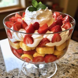 For this recipe, you need 2 cups of fresh strawberries. Make sure to hull and slice them. The strawberries add a bright flavor and a lovely color to the trifle. They will also soak up some sweetness once we mix them with sugar and lemon juice. This step helps bring out their natural juices. You will also need some key baking items: - 1 pound of sponge cake or ladyfingers - 1/4 cup sugar (divided) - 2 cups heavy whipping cream - 1/2 cup powdered sugar - 1 teaspoon vanilla extract The sponge cake or ladyfingers will give the trifle its base. The heavy whipping cream, powdered sugar, and vanilla will create a rich, fluffy whipped cream layer. This adds a creamy texture that balances the fresh strawberries. To finish, you can add: - Fresh mint leaves for garnish Mint leaves enhance the look of your trifle. They also add a fresh taste that pairs well with strawberries. Presenting your trifle in clear bowls lets everyone see the beautiful layers. This makes it even more tempting! First, start with 2 cups of fresh strawberries. Remove the green tops and slice them. In a medium bowl, mix the sliced strawberries with 2 tablespoons of sugar and 1 tablespoon of lemon juice. Gently toss them together. Let the strawberries sit for about 15 to 20 minutes. This helps them release their sweet juices. The sugar will draw out the liquid, making the strawberries even juicier for your trifle. Next, it's time for the whipped cream. Grab a large mixing bowl. Add 2 cups of heavy whipping cream, 1/2 cup of powdered sugar, and 1 teaspoon of vanilla extract. Using an electric mixer, beat the mixture on medium-high speed. Keep beating until stiff peaks form. This usually takes a few minutes. Once it's ready, set it aside. You want it to be fluffy and sweet for the trifle layers. Now, you can assemble your trifle! Start by cutting 1 pound of sponge cake or ladyfingers into bite-sized pieces. If you use sponge cake, consider lightly toasting the pieces for extra texture. In a large trifle bowl or individual glasses, add half of the cake pieces at the bottom. Next, spoon half of the macerated strawberries over the cake. Follow this with a layer of whipped cream. Repeat these layers with the remaining cake, strawberries, and whipped cream. Finish with a final layer of whipped cream on top. For a nice touch, garnish with fresh mint leaves. Chill the trifle in the refrigerator for at least 1 hour. This cooling time allows the flavors to blend beautifully. To make great whipped cream, use cold heavy cream. Start with a clean bowl. Beat the cream on high speed. Add powdered sugar and vanilla extract after a minute. This helps create a rich flavor. Keep beating until stiff peaks form. Avoid overbeating to prevent a grainy texture. Use this cream right away for best results. When you layer your trifle, use a clear bowl. This shows off the pretty layers. Start with cake pieces at the bottom. Add strawberries next. Then, spoon on the whipped cream. Repeat this until the bowl is full. Try to keep the layers even. This makes the dessert look more inviting. Finish with a thick layer of whipped cream on top. Garnish with fresh mint leaves for a pop of color. For gatherings, serve your trifle in clear cups. This makes it easy for guests to grab one. You can also use small glass bowls for a charming touch. If you want to make it extra special, drizzle some extra strawberry juice on top. This adds flavor and a lovely look. Chill the trifle before serving. It keeps everything fresh and tasty. {{image_2}} You can change the fruit in your trifle. Ripe peaches, blueberries, or raspberries work well. Just slice them up like you do with strawberries. Mix them with sugar and lemon juice. Let them sit for a bit to bring out their sweet juices. This gives your dessert a new twist and keeps it fresh. Feel free to switch the cake too. Instead of sponge cake, use pound cake or angel food cake. Each cake adds its own flavor and texture. You can even use store-bought ladyfingers for a quick option. If you want something more unique, try a chocolate cake. It pairs well with strawberries and cream. You can make your whipped cream special by adding flavors. Try mixing in cocoa powder for chocolate whipped cream. Or add a splash of orange juice and zest for a citrus kick. You can also use almond extract for a nutty taste. Experiment with different flavors to find your favorite. Each option can change the whole dessert experience. Store any leftover strawberry shortcake trifle in the fridge. Use an airtight container to keep it fresh. This will prevent the dessert from absorbing other flavors in the fridge. The trifle can last for about two to three days when stored properly. Freezing is not the best choice for this trifle. The whipped cream may not hold up well after thawing. If you need to freeze it, layer the cake, strawberries, and whipped cream separately. Store each component in airtight containers. This way, you can assemble the trifle later. For the best taste, enjoy the trifle within three days of making it. After that, the strawberries may start to lose their texture. The whipped cream may also become watery over time. Always check for any off smells or changes in texture before serving leftovers. Yes, you can make this trifle ahead of time. I often prepare it a few hours before serving. Making it in advance allows the flavors to mix well. Just store it in the fridge until you’re ready to serve. If you need a substitute for heavy cream, you can use coconut cream. It whips well and adds a nice flavor. You can also use half-and-half, but it may not whip as thick. For a lighter option, try Greek yogurt. It gives a tangy taste too. To keep the cake from getting soggy, avoid soaking it too much. Use fresh cake or ladyfingers that are not overly moist. Layer the cake and strawberries quickly. You can also add a layer of whipped cream on top of the cake. This barrier helps keep the cake dry. You now know how to create a delicious strawberry shortcake trifle. We covered the key ingredients, step-by-step instructions, and useful tips. Adding other fruits and flavors can make your trifle unique. Store leftovers correctly to keep them fresh. Feel free to prepare it in advance for your next gathering. Enjoy making this easy dessert that will impress everyone!