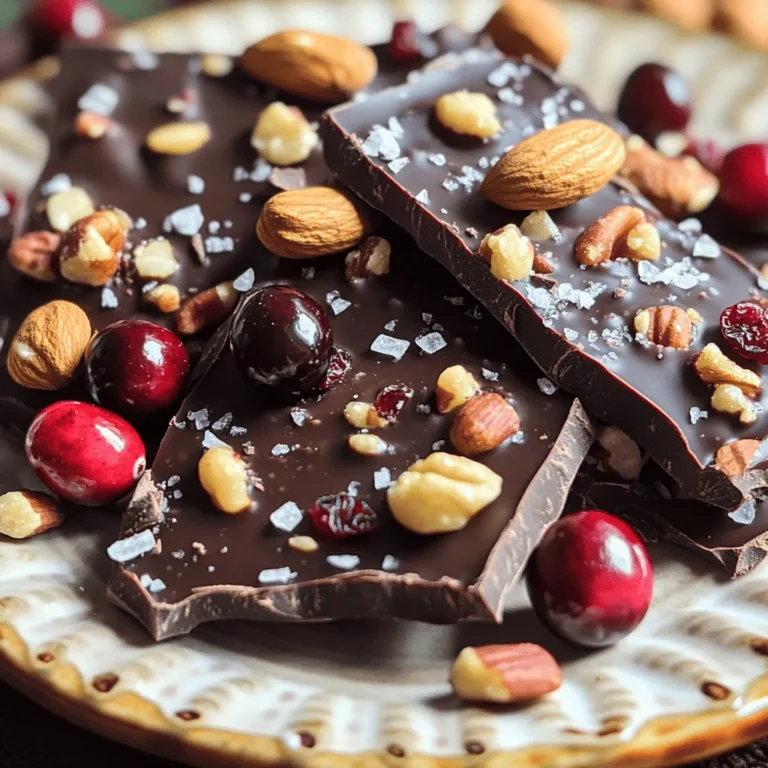 - 8 ounces dark chocolate (70% cocoa or higher) - 1 cup mixed nuts (almonds, pistachios, walnuts) - 1/2 cup dried cranberries or cherries - 1 tablespoon coconut oil - Flaky sea salt, to taste Dark chocolate is the star of this bark. Choose a brand with 70% cocoa or more for rich flavor. The mixed nuts add crunch and protein. I love using almonds, pistachios, and walnuts together. Dried cranberries or cherries work well for a sweet touch. You can also swap them for your favorite dried fruit. Coconut oil is great if you want a smoother bark. It helps the chocolate melt nicely. Flaky sea salt adds a perfect touch of flavor. You can adjust the amount based on your taste. With these ingredients, you can make a treat that is both simple and tasty! Start by lining your baking sheet with parchment paper. This paper helps the bark not stick. Make sure you cover the edges well. This step keeps everything neat and easy to pull off later. Next, melt the dark chocolate. You can use a double boiler or a microwave. If you use the microwave, heat it in 20-second bursts. Stir the chocolate each time until it’s smooth. You can add coconut oil for a creamier texture. This will make the bark extra nice. Once the chocolate is melted, let it cool a bit. Then, stir in your mixed nuts and dried cranberries. Make sure they are well coated. Pour this mix onto the lined baking sheet. Use a spatula to spread it out evenly. Aim for about a quarter-inch thickness. Now it’s time to add the sea salt. While the chocolate is still warm, sprinkle the salt on top. Be generous but taste as you go. If you like more salt, add a bit more. Put the baking sheet in the fridge for 1-2 hours. You want the chocolate to harden completely. Once it’s set, take it out and peel it off the parchment. Break the bark into pieces of your choice. Enjoy your tasty treat! To make your dark chocolate sea salt bark extra smooth, consider using coconut oil. Just add one tablespoon of coconut oil to the bowl with the chocolate before melting. This will help the chocolate melt evenly and give your bark a nice, glossy finish. When melting chocolate, avoid burning it! Use a double boiler or the microwave. If you use the microwave, melt the chocolate in short bursts of 20 seconds. Always stir after each burst. This method helps you keep the heat low and prevents burning. For a beautiful presentation, arrange the bark pieces on a nice plate. You can add whole nuts and dried cranberries around the edges to make it pop. This makes it look festive and appealing! If you want to gift your bark, use a pretty tin or box. Wrap it with a ribbon to make it special. This will show your loved ones how much you care. Feel free to swap out the mixed nuts or dried fruits with your favorites. You can use cashews, hazelnuts, or even sunflower seeds. For the dried fruits, raisins or apricots work well too. You can also adjust the saltiness and sweetness of the bark. If you like it sweeter, add more dried fruit or sprinkle a little more sea salt. Taste as you go to find your perfect balance! {{image_2}} You can easily make this treat even better! Adding spices can give your bark a unique twist. Try adding a dash of cinnamon for warmth or a pinch of cayenne for heat. Both spices add great flavor without overpowering the chocolate. You can also play with different types of chocolate. For a sweeter bark, use milk chocolate. If you want something richer, go for extra dark chocolate with a higher cocoa percentage. Each choice gives a new taste experience. If you want a vegan version, pick dark chocolate labeled as dairy-free. Brands like Enjoy Life or Lily's often work well. You can also swap out nuts for seeds. Pumpkin seeds or sunflower seeds make great alternatives. They add crunch and flavor while keeping it healthy. Seasonal changes give you a chance to mix things up. In fall, add pumpkin spice or crushed pecans. For the winter holidays, think about including peppermint extract or crushed candy canes. You can even use fresh fruits during spring and summer. Dried strawberries or raspberries can add a fruity twist to your bark. Make it festive for celebrations like birthdays, holidays, or just a fun night in! To keep your dark chocolate sea salt bark fresh, store it in an airtight container. This helps prevent moisture and air from ruining the bark. You can also use a tin for a cute touch. Just make sure it closes tightly. - Airtight Containers: Keep flavors intact and prevent moisture. - Tins: Stylish option, but ensure a tight seal. At room temperature, your bark lasts about two weeks. It should stay cool and dry. If you need to keep it longer, you can freeze it. Wrap each piece in plastic wrap or foil. Then place it in a freezer-safe bag. - Room Temperature: Enjoy within two weeks. - Freezing: Keep for up to three months. For this recipe, I recommend using dark chocolate with at least 70% cocoa. Brands like Ghirardelli, Lindt, and Guittard work well. This cocoa percentage gives a rich taste and balances the sweetness of the nuts and fruit. Higher cocoa content brings bold flavors and more health benefits. Yes, you can mix and match nuts and fruits! Try cashews, hazelnuts, or macadamia nuts. For fruits, raisins, or dried apricots add nice flavors too. Each nut or fruit brings its own taste and texture, making your bark unique and fun. To keep your chocolate smooth, avoid letting water get in. Use a dry bowl and tools. Melt it slowly, either in a double boiler or in the microwave, stirring often. If the chocolate gets too thick, adding a little coconut oil can help keep it silky. Yes, dark chocolate has health benefits! It is full of antioxidants. Nuts add protein and healthy fats. This bark can be a tasty treat that satisfies sweet cravings while offering some nutrition. Enjoy it in moderation for the best balance! Dark chocolate sea salt bark is simple to make. You need dark chocolate, nuts, and dried fruit. The process includes melting chocolate and mixing in your favorite extras. You can change the recipe to suit your taste. Add spices, switch nuts, or try different chocolates. Store it well for freshness. In the end, enjoy this tasty treat. It’s a fun way to snack smart and share with others. Your homemade bark can impress friends and family. Now, you can confidently create your own delicious dark chocolate sea salt bark!