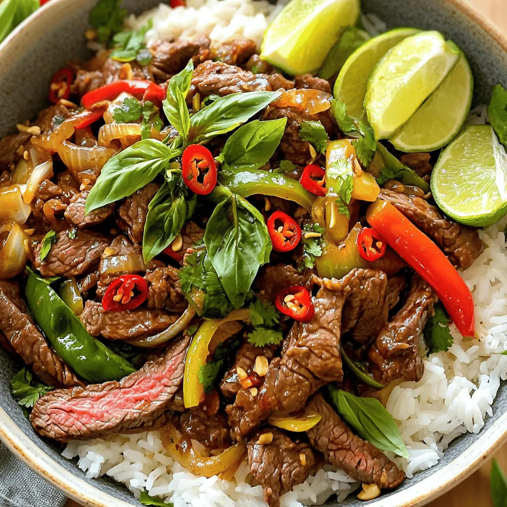 - 1 lb (450g) beef sirloin, thinly sliced - 2 tablespoons vegetable oil - 4 cloves garlic, minced - 2 fresh red chilies, sliced (adjust to taste) - 1 bell pepper (red or green), sliced - 1 medium onion, sliced - 2 cups fresh Thai basil leaves - 3 tablespoons soy sauce - 1 tablespoon oyster sauce - 1 tablespoon fish sauce - 1 tablespoon brown sugar When you make Thai Basil Beef Stir-Fry, fresh ingredients shine. The beef sirloin is tender and flavorful. I love using vegetable oil for its high smoke point. Garlic brings a nice aroma, and the chilies add heat. You can slice the bell pepper and onion to add crunch and color. Thai basil leaves are key. They add an amazing, fragrant touch. - Additional vegetables - Different proteins (chicken, tofu) You can customize this dish! Add more veggies like carrots or snap peas. If you want a different protein, chicken or tofu works great. These swaps keep the dish fun and fresh. - Wok or large skillet - Sharp knife and cutting board - Mixing bowl for marinating Using a wok or large skillet helps with even cooking. A sharp knife makes slicing easier and safer. A mixing bowl is perfect for marinating the beef, letting it soak up all those tasty flavors. - Marinate the beef: Start by slicing 1 lb of beef sirloin thinly. In a bowl, mix the beef with 1 tablespoon of soy sauce, 1 tablespoon of oyster sauce, and 1 tablespoon of fish sauce. Let it sit for 15 minutes. This helps the beef soak up the flavors. - Prepare vegetables: While the beef marinates, slice 1 bell pepper and 1 medium onion. Also, mince 4 cloves of garlic and slice 2 fresh red chilies. Get your 2 cups of fresh Thai basil leaves ready. - Sauté garlic and chilies: Heat 2 tablespoons of vegetable oil in a large wok or skillet over medium-high heat. Add the minced garlic and sliced chilies. Sauté for about 30 seconds until they smell amazing. - Add vegetables to stir-fry: Toss in the sliced onion and bell pepper. Stir-fry for about 3-4 minutes. You want the veggies to be soft but still crisp. - Cook the beef and combine flavors: Turn the heat up to high and add the marinated beef to the wok. Stir-fry for 3-5 minutes until the beef is browned and fully cooked. - Incorporate Thai basil and serve: Add 1 tablespoon of brown sugar and the remaining soy sauce. Mix well. Finally, add the fresh Thai basil leaves. Stir until the basil wilts, which should take about 1 minute. Serve hot over jasmine rice. - Ideal heat settings: Use medium-high heat to start. This keeps the garlic from burning. Once you add the beef, crank up the heat to high. This gives a nice sear on the meat. - Importance of prepped ingredients: Have all your ingredients ready before you cook. Stir-frying happens fast. If you prep ahead, you’ll cook faster and avoid burning. - Alternative proteins and veggies: You can swap beef for chicken or tofu. Both work well and taste great. For veggies, try snap peas or carrots for a crunch. - Gluten-free soy sauce options: Use tamari instead of regular soy sauce if you need it gluten-free. It gives a similar taste without the gluten. - Serving suggestions for aesthetic appeal: Serve the stir-fry in a large bowl or on a plate. This makes for a great family-style meal. - Garnishing ideas: Top your dish with extra Thai basil leaves and a few sliced chilies for color. Lime wedges add a zesty touch and brighten the dish. {{image_2}} You can make Thai basil beef stir-fry your own by adding nuts or seeds. Peanuts or cashews give a nice crunch. You could also change up the spice level. If you like it hot, add more chilies. If you prefer mild, reduce the chilies or use sweet bell peppers instead. Instead of rice, try serving the stir-fry with noodles. Rice noodles or egg noodles pair well with this dish. You can also make a fun wrap with lettuce leaves. Just spoon the stir-fry into a leaf, roll it up, and enjoy a fresh bite. Thai stir-fries can change by the herbs and flavors used. For instance, in some regions, they use cilantro or mint. You might also find different sauces, like tamarind paste, for a tangy twist. Some recipes may use a sweeter sauce with more sugar, giving it a unique taste. To keep your Thai Basil Beef Stir-Fry fresh, store it in the fridge. Use airtight containers to prevent moisture loss. Make sure to cool the stir-fry to room temperature before sealing it. This helps keep flavors intact. When it's time to enjoy your leftovers, reheat gently. Use a skillet over medium heat for the best results. Add a splash of water to prevent it from drying out. Stir often to avoid sogginess. You can also use a microwave. Heat in short bursts, stirring in between, until warm. If you want to freeze your stir-fry, let it cool first. Place it in a freezer-safe container. Leave some space at the top for expansion. It will stay fresh for up to three months. To thaw, transfer it to the fridge overnight. For a quicker method, place the container in cold water for an hour. The best cut of beef for stir-fry is beef sirloin. It is tender and cooks fast. You can also use flank steak or ribeye, but sirloin is my top choice. Slice the beef thin for quick cooking and maximum flavor. Yes, you can make this dish vegetarian. Swap the beef for tofu or tempeh. Use the same sauces to keep the flavor strong. You can also add more veggies, like mushrooms or zucchini, for more texture. This dish can be spicy, depending on the chilies you use. For less heat, use fewer chilies or remove the seeds. If you like it spicy, add more chilies. Taste as you go to find the heat that suits you. Jasmine rice is the best choice for this dish. It has a nice aroma and fluffy texture. You can also use brown rice for a healthier option. Both pair well with the flavors of the stir-fry. Leftovers of Thai Basil Beef Stir-Fry will last about three to four days in the fridge. Store them in an airtight container. Reheat well in a skillet or microwave for a quick meal. This blog shared all you need for a great Thai Basil Beef Stir-Fry. You learned about essential ingredients and how to customize your dish. The step-by-step instructions guide you from marinating beef to serving a flavorful meal. Remember the helpful tips for cooking and storing leftovers. In cooking, simplify and enjoy the process. Experiment with variations for your taste. Have fun creating delicious meals for yourself and others. Happy cooking!