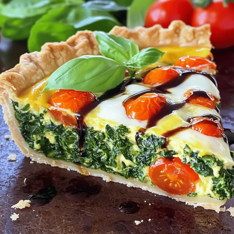 This spinach tomato quiche is easy to make and packed with flavor. It serves six people and takes about 50 minutes to prepare and bake. The mix of eggs, cream, and cheese gives it a rich taste, while the spinach and tomatoes add freshness. You can enjoy it for breakfast, lunch, or dinner. - 1 pre-made pie crust - 2 cups fresh spinach, chopped - 1 cup cherry tomatoes, halved - 1 small onion, finely chopped - 3 large eggs - 1 cup heavy cream - 1 cup shredded mozzarella cheese - 1/2 teaspoon garlic powder - 1/2 teaspoon salt - 1/4 teaspoon black pepper - 1/4 teaspoon nutmeg - 1 tablespoon olive oil You can mix things up with these options: - Use feta cheese instead of mozzarella for a tangy taste. - Try adding cooked bacon or ham for extra protein. - Include bell peppers or mushrooms for more vegetables. - Swap heavy cream for milk for a lighter version. - Add fresh herbs like basil or thyme for more flavor. These options let you tailor the quiche to your taste and make it your own! First, set your oven to 375°F (190°C). This temperature helps the quiche cook evenly. Next, gather all your ingredients. You will need a pre-made pie crust, fresh spinach, cherry tomatoes, onion, eggs, heavy cream, mozzarella cheese, and spices. Make sure to chop the spinach and halve the tomatoes. This step ensures everything cooks well and looks nice. Now, take a skillet and add one tablespoon of olive oil over medium heat. When the oil is hot, add the finely chopped onion. Cook the onion for about 3-4 minutes until it becomes soft and clear. Next, add the chopped spinach. Stir and cook until the spinach wilts, which takes about 2 minutes. Once done, remove the skillet from the heat and let the mix cool for a bit. This cooling helps to avoid cooking the eggs later. In a mixing bowl, crack three large eggs. Then, pour in one cup of heavy cream. Add in half a teaspoon of garlic powder, half a teaspoon of salt, black pepper, and a sprinkle of nutmeg. Whisk this mixture well until it’s smooth and combined. Next, stir in one cup of shredded mozzarella cheese. Then, fold in the cooled spinach and onion mixture. Finally, add the halved cherry tomatoes and mix gently. Pour this filling into your pre-made pie crust, spreading it evenly. Now, you are ready to bake! To get the right texture, use fresh spinach. Fresh spinach wilts well and keeps its shape. Cook the spinach until just wilted. Overcooking can make it mushy. When mixing the filling, whisk the eggs and cream until smooth. This blend gives your quiche a creamy, custardy texture. Avoid mixing too much after adding the vegetables. This keeps your filling light and fluffy. For a flavor boost, add garlic powder and nutmeg. These spices add depth without overwhelming the dish. Consider adding fresh herbs like thyme or basil. They brighten the quiche and add freshness. If you like a kick, sprinkle a bit of red pepper flakes. The cherry tomatoes also add a sweet, tangy taste that balances the richness of the cheese and cream. Presentation matters, especially for a dish like quiche. Serve slices on a colorful plate to make it pop. Garnish with fresh basil leaves for color and flavor. A drizzle of balsamic glaze adds a sweet touch. For a fun twist, pair the quiche with a mixed greens salad. This adds crunch and freshness to your meal. Enjoy your quiche warm for the best flavor and texture! {{image_2}} You can make this quiche meat-free easily. Simply skip any meat and use plant-based ingredients. For a vegan twist, swap eggs and cream for tofu and almond milk. Blend firm tofu with a bit of nutritional yeast for a cheesy flavor. This keeps the quiche creamy and rich while staying plant-based. You have many cheese choices for your quiche. While mozzarella adds a great stretch, you can try other cheeses. Feta cheese adds a salty bite, perfect with spinach. Cheddar gives a sharp flavor, making your quiche bold and tasty. For a twist, mix different cheeses for a layered taste. Feel free to add more veggies to your quiche. Bell peppers, mushrooms, or zucchini work well. They add color and flavor, making the dish more vibrant. You can also include proteins like cooked bacon or sausage for a heartier meal. This way, you can customize your quiche based on what you love! To store leftovers, first let the quiche cool down. Once it cools, cut it into slices. Place the slices in an airtight container. Make sure to cover them well. You can keep the quiche in the fridge for up to 3 days. This will help keep it fresh and tasty. When you are ready to enjoy your quiche again, preheat your oven to 350°F (175°C). Place a slice of quiche on a baking sheet. Heat it in the oven for 10-15 minutes. This will warm it through and keep the crust crisp. You can also use a microwave for quick reheating. Just heat it for 1-2 minutes. The texture might be softer but still delicious. If you want to freeze your quiche, wrap it tightly in plastic wrap. Then, place it in a freezer-safe bag. This helps prevent freezer burn. You can freeze quiche for up to 2 months. To thaw, move it to the fridge for 8 hours or overnight. Once thawed, reheat it as mentioned above. Enjoy your tasty dish even later! Yes, you can use frozen spinach. Just thaw it and squeeze out the water. This keeps your quiche from becoming soggy. Frozen spinach works well, but fresh gives a better taste and texture. If you want a quick fix, frozen is a good choice. Spinach tomato quiche can last about 3 to 4 days in the fridge. Make sure to store it in an airtight container. This keeps it fresh and tasty. If you notice any off smells or signs of spoilage, it’s best to toss it out. Absolutely! You can prepare the quiche a day before. Just bake it, then let it cool. Cover it well and place it in the fridge. You can also freeze it before baking. Just let it thaw in the fridge overnight before you bake it. This makes meal prep easier! This blog covered the ingredients, steps, tips, and variations for a great quiche. You learned how to prep and cook the filling. I shared tricks for flavor and texture, plus serving ideas. You also saw options for vegetarian and vegan choices. Keep these methods in mind and explore your own twists. Enjoy making this dish again and again!