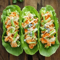 - 2 cups cooked chicken, shredded - 1/3 cup buffalo sauce (adjust to taste) - 1/4 cup cream cheese, softened - 1/4 cup ranch dressing - 1 cup celery, finely chopped - 1/4 cup green onions, sliced - Salt and pepper, to taste - 1 head of romaine or butter lettuce, leaves separated - Crumbled blue cheese (optional, for garnish) Using cooked chicken gives you protein. It adds flavor and keeps you full. Buffalo sauce brings heat and a rich taste. It can boost your mood too. Cream cheese makes the mix creamy. It helps balance the spice. Ranch dressing adds a cool taste. It pairs well with the heat. Celery gives a nice crunch. It also adds fiber and vitamins. Green onions provide freshness. They enhance the overall flavor. Lettuce leaves are low in calories. They serve as a healthy wrap. Blue cheese adds a tangy twist. You can skip it if you don't like it. For dairy-free options, you can try vegan cream cheese. It keeps the creaminess. Use a dairy-free ranch dressing for a full swap. It still tastes good. If you're avoiding gluten, check buffalo sauce labels. Some sauces may have gluten. For chicken, you can use shredded tofu for a plant-based version. It works well too. If you dislike blue cheese, try feta or skip it entirely. The dish will still shine. To make Buffalo Chicken Lettuce Wraps, start by gathering your ingredients. You will need cooked chicken, buffalo sauce, cream cheese, ranch dressing, celery, green onions, and lettuce. 1. In a mixing bowl, combine 2 cups of shredded chicken with 1/3 cup of buffalo sauce. Mix well to coat the chicken evenly. 2. Next, add 1/4 cup of softened cream cheese. Mix until creamy and smooth. 3. Stir in 1/4 cup of ranch dressing, 1 cup of finely chopped celery, and 1/4 cup of sliced green onions. 4. Season the mixture with salt and pepper to taste. Now it’s time to assemble your wraps. 1. Take a lettuce leaf from the head of romaine or butter lettuce. 2. Spoon a generous amount of the buffalo chicken mixture onto the leaf. 3. If you like blue cheese, sprinkle some crumbled blue cheese on top for extra flavor. 4. Fold the lettuce leaf around the filling and enjoy your wrap! When cooking chicken, use skinless chicken breasts for the best results. They are lean and cook quickly. - Cook the chicken until it reaches an internal temperature of 165°F. - Shred the chicken while it is warm for easier handling. - If you want more flavor, marinate the chicken in buffalo sauce before cooking. These steps will help you create tasty Buffalo Chicken Lettuce Wraps that are both fresh and flavorful. Enjoy your cooking! You can easily make these wraps your own. Try adding diced tomatoes for sweetness. Avocado adds creaminess and healthy fats. Want more crunch? Add some sliced bell peppers. You can swap the chicken for turkey or tofu. Each option brings a unique flavor. Mix and match ingredients based on what you love. Buffalo chicken loves bold flavors. Ranch dressing is a classic choice. It cools down the heat from the buffalo sauce. Blue cheese dressing also pairs well for a tangy twist. You can make a spicy yogurt sauce for a creamy kick. Try a drizzle of honey for a sweet contrast. Cooking in bulk saves time and effort. Make a larger batch of buffalo chicken. Store it in the fridge for up to four days. You can easily reheat it for quick meals. Use lettuce wraps for lunch or easy dinners. You can also prep the chicken mixture ahead. Just assemble the wraps when you’re ready to eat. This way, you enjoy fresh meals all week long. {{image_2}} You can make a tasty vegetarian version of Buffalo chicken lettuce wraps. Start with chickpeas or shredded jackfruit. Mix them with buffalo sauce to get that spicy kick. Add cream cheese and ranch dressing to keep it creamy. Toss in chopped celery and green onions for crunch. Use romaine or butter lettuce to wrap it all up. This option is just as fun and full of flavor! For a twist, try Asian-inspired Buffalo chicken wraps. Use the same shredded chicken but add soy sauce and ginger. Swap ranch dressing for a sesame dressing. Add shredded carrots and chopped cilantro for a fresh touch. You still wrap it all in lettuce leaves. This mix gives you a sweet and spicy flavor that is really exciting! If you need a low-carb or keto-friendly option, stick to the basic recipe. Use more chicken and less sauce. Skip the cream cheese if you want fewer carbs. Add more crunchy veggies like cucumbers or bell peppers. These wraps stay satisfying and full of protein. You can still enjoy the bold flavors without the extra carbs! To store leftovers, place the buffalo chicken mixture in an airtight container. Keep it in the fridge for up to three days. I recommend separating the chicken from the lettuce to keep the leaves crisp. Wrap the lettuce in a damp paper towel and store it in a zip-top bag. This helps maintain freshness. You can freeze the buffalo chicken mixture for later use. Place it in a sturdy freezer bag or a safe container. Make sure to remove as much air as possible to prevent freezer burn. You can freeze it for up to three months. When ready to use, thaw it in the fridge overnight. To reheat, warm the buffalo chicken mixture in a skillet over medium heat. Stir occasionally until hot. You can also use the microwave. Heat in short bursts of 30 seconds, stirring in between. Avoid overheating, as this can dry out the chicken. Once heated, serve it with fresh lettuce leaves and enjoy! Romaine and butter lettuce are the best choices for wraps. They are sturdy and crisp. Romaine has a nice crunch and holds its shape well. Butter lettuce is soft and tender, making it easy to fold. Both types work well with the buffalo chicken mixture. No, you should not use raw chicken. The recipe calls for cooked chicken. Using cooked chicken makes it safe to eat right away. You can use rotisserie chicken or boil your chicken beforehand. This saves time and ensures safety. To make it spicier, add more buffalo sauce. You can also mix in diced jalapeños or hot sauce. For extra heat, sprinkle cayenne pepper on top. Adjust the spice level to fit your taste. Enjoy the kick! This blog post covered important topics about making delicious buffalo chicken lettuce wraps. We discussed key ingredients, their benefits, and substitutions for allergens. I provided step-by-step instructions, tips for customizing, and variations for different diets. You learned how to store leftovers and answered common questions. In closing, these wraps are not only tasty but also adaptable. You can enjoy them your way. Now, you have the tools to create a meal that fits your needs perfectly. Enjoy the cooking adventure!