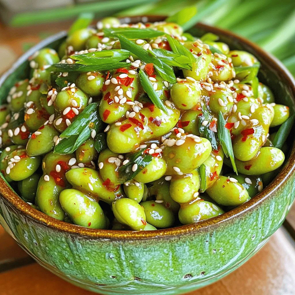 - 2 cups shelled edamame (fresh or frozen) - 4 cloves garlic, minced - 2 tablespoons soy sauce - 1 tablespoon sesame oil - 1 teaspoon red pepper flakes (adjust to taste) - 1 tablespoon honey or agave syrup - 2 green onions, finely chopped - Sesame seeds for garnish - Salt to taste If you don't have certain ingredients, you can swap them easily. Use olive oil instead of sesame oil for a lighter flavor. You can also try tamari instead of soy sauce for a gluten-free option. Instead of honey, maple syrup works well for a vegan choice. If you lack red pepper flakes, use fresh chili or hot sauce for heat. Green onions can be replaced with chives or shallots. This recipe serves four people. Each serving of spicy garlic edamame has about 150 calories. It packs protein, fiber, and healthy fats. Edamame is a great source of plant protein. Garlic adds flavor and health benefits. The dish is low in carbs and has no cholesterol. For those mindful of sodium, adjust the soy sauce to control salt levels. Gather all your ingredients first. This makes the cooking process easier. If you use frozen edamame, cook it as directed on the package. This usually takes about 5-7 minutes. Drain the edamame and set it aside for later. In a large skillet, heat two tablespoons of sesame oil over medium heat. Add four minced garlic cloves to the pan. Sauté the garlic for about one minute. You want it fragrant but not browned. Then, sprinkle in one teaspoon of red pepper flakes. Stir for another 30 seconds to let the flavor come out. Next, pour in two tablespoons of soy sauce and one tablespoon of honey or agave syrup. Mix them well and let it cook for 1-2 minutes. Now, add the cooked edamame to the skillet. Toss it so all the edamame gets coated in the spicy garlic sauce. Cook for an additional 2-3 minutes until everything is hot. Once heated through, season with salt to taste. Remove the pan from heat. Toss in two finely chopped green onions, mixing well. Now, transfer the spicy garlic edamame to a serving bowl. For the final touch, sprinkle sesame seeds on top for garnish. Enjoy your flavorful dish! You can easily change the spice in your spicy garlic edamame. If you like it hot, add more red pepper flakes. Start with one teaspoon and work your way up. For a milder flavor, use less. You can even skip the flakes if you prefer no heat. Cooking in batches can help you serve more people. If you have a big group, double the recipe. Just increase the pan size or use two pans. This way, every bite stays warm and tasty. Cook the edamame until they are tender, then mix with the sauce. Garnishing adds fun to your dish. A sprinkle of sesame seeds gives a nice crunch. Chopped green onions add freshness and color. You can also try a squeeze of lime for a zesty twist. Serve it in a colorful bowl to make it pop on your table. {{image_2}} You can play with the flavors of your spicy garlic edamame. Try different sauces or spices. For a tangy twist, add lime juice. If you like it sweeter, use extra honey. You could also swap soy sauce for tamari for a gluten-free option. Each change gives a new taste. Explore and find your favorite combo! Want to make this dish even better? Add other vegetables! Sliced bell peppers or snap peas work well. You can also toss in some carrots for crunch. Simply sauté them with the garlic. This adds color and nutrition, making your dish more fun and healthy. Serve your spicy garlic edamame as a snack or appetizer. Pair it with rice or noodles for a meal. You can also use it as a topping for salads. The spicy flavor lifts any dish. Don’t forget to sprinkle sesame seeds on top for a nice finish! To keep your spicy garlic edamame fresh, place it in an airtight container. Make sure to cool it to room temperature first. Store the container in the fridge. The edamame will stay good for about 3 days. If you want to enjoy it later, follow the next steps for reheating. Reheat your edamame in a skillet. Add a splash of water to keep it moist. Heat it over medium-low until warm. You can also microwave it. Place the edamame in a bowl, cover it, and heat for about 1-2 minutes. Stir halfway through to ensure even heating. You can freeze leftover spicy garlic edamame for later use. Place it in a freezer-safe bag or container. Squeeze out as much air as possible. It will keep well for up to 3 months. When you are ready to eat, thaw it in the fridge overnight before reheating. Enjoy the flavors all over again! Yes, you can use frozen edamame. Just cook them as the package says, usually for 5-7 minutes. After cooking, drain them well. This method keeps them tender and fresh. The spice level depends on how much red pepper flakes you add. The recipe calls for 1 teaspoon. You can increase or decrease this amount to suit your taste. If you like heat, add more! Edamame is a great snack. It is packed with protein, fiber, and vitamins. Here are some key benefits: - High in Protein: Edamame has all nine essential amino acids. - Rich in Fiber: This helps with digestion and keeps you full. - Source of Antioxidants: They protect your body from free radicals. - Low in Calories: A healthy choice for snacking. - Heart Health: They can help lower cholesterol levels. Enjoying spicy garlic edamame gives you taste and nutrition in every bite! In this blog post, we explored essential ingredients for your dish, how to prepare and cook it, and helpful tips to enhance your meal. We also covered variations to try, how to store leftovers, and answered common questions about edamame. Understanding these elements makes cooking easier and more enjoyable. Remember to be creative with flavors and spices. Your cooking journey can be fun and satisfying. Enjoy your cooking and the tasty results!