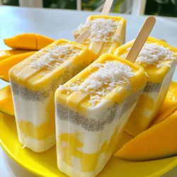 - 2 ripe mangoes - 1 cup coconut milk - 1/2 cup chia seeds - 1/4 cup honey or maple syrup - 1 teaspoon vanilla extract - 1/2 teaspoon sea salt The main ingredients in this recipe create a creamy and fruity treat. The mangoes provide natural sweetness and flavor. Coconut milk adds richness and a tropical vibe. Chia seeds give the pops their unique texture and a boost of nutrients. Honey or maple syrup sweetens the mix, while vanilla and sea salt enhance all the flavors. - Shredded coconut Shredded coconut makes a fun and tasty garnish. When you roll the pops in it, they look extra special. This step adds a nice touch and enhances the coconut flavor. - Alternatives for honey or maple syrup If you want a different sweetener, try agave syrup or stevia. Both options work well and keep the pops sweet. - Dairy-free coconut milk options You can use any coconut milk you like. Full-fat canned coconut milk gives a creamier texture. For a lighter option, choose carton coconut milk. Both are delicious and fit the recipe perfectly. - Start by peeling the mangoes. Use a sharp knife to cut away the skin. - Dice the mangoes into small pieces. Aim for even cubes for a smooth blend. - Measure out 1 cup of coconut milk. You can use canned or carton coconut milk. - Get 1/2 cup of chia seeds ready. This will give your pops a fun texture. - Measure 1/4 cup of honey or maple syrup for sweetness. You can adjust this later. - Gather 1 teaspoon of vanilla extract and 1/2 teaspoon of sea salt. - In a blender, add the diced mangoes and coconut milk. - Pour in the honey or maple syrup, vanilla extract, and sea salt. - Blend until the mixture is smooth and creamy. You want no lumps here! - Taste the mixture. If you want it sweeter, add more honey or syrup. - Blend again if you add anything. This keeps it nice and smooth. - In a medium bowl, combine the chia seeds with the blended mango mixture. - Stir well to make sure there are no clumps of chia seeds. You want them evenly spread. - Let the mixture sit for about 10-15 minutes. This allows it to thicken. - Stir again after a few minutes. This helps distribute the chia seeds. - Once thickened, pour the mixture into popsicle molds. - Leave a little space at the top of each mold. This allows for expansion when freezing. - Insert popsicle sticks into the molds. Make sure they are centered. - Freeze for at least 4-6 hours. You want them completely solid. - When ready, run warm water over the outside of the molds. - This helps loosen the pops from the molds. - Hold the mold under warm water for a few seconds. It should help release them easily. - Gently pull the pops out. Enjoy your refreshing treat! To get the best texture for your chia pops, follow these tips: - Use fresh, ripe mangoes. They add natural sweetness and creaminess. - Let the chia seeds soak well. They should sit in the mixture for 10-15 minutes. This helps them absorb liquid and thicken. - Stir the mixture a few times while it sits. This keeps the chia seeds evenly distributed. You can boost the flavor of your Mango Coconut Chia Pops with these ideas: - Add other fruits like pineapple or strawberries for a fruity twist. - Try adding a pinch of cinnamon or nutmeg for warmth. - Balance flavors by adjusting sweetness. Taste the mix and add more honey or syrup if needed. Serving is key to making these pops stand out. Here are some fun ideas: - Roll the pops in shredded coconut for a fun texture. - Serve them on a bright platter with fresh mango slices around them. - Use colorful molds to add flair while freezing. You can even layer the colors for a striking look! {{image_2}} You can add other fruits to enhance your Mango Coconut Chia Pops. Fruits like pineapple or banana work great. Simply blend them with the mangoes. This adds more flavor and a fun twist. You can also layer pops with different fruits. Try adding pureed layers of pineapple for a tropical look. Want a chocolatey treat? Add cocoa powder or dark chocolate to the mix. Start with 2 tablespoons of cocoa powder when blending. Blend until smooth. You can also fold in small chocolate chips after mixing in the chia seeds. This gives a rich flavor and fun texture to your pops. You can make these pops lower in calories. Use less honey or maple syrup. Try starting with just 2 tablespoons of sweetener. You can also use unsweetened coconut milk. This keeps the flavor while cutting calories. Adding more mango will also boost natural sweetness. This way, you can enjoy this refreshing treat guilt-free! To keep your Mango Coconut Chia Pops fresh, store them in an airtight container. You can also wrap each pop in plastic wrap before placing them in the container. This helps prevent freezer burn and keeps them tasty. Mango Coconut Chia Pops can last up to three months in the freezer. After that, they may lose flavor and texture. For the best taste, try to enjoy them within the first month. When you're ready to eat, you can thaw the pops safely. The best way is to leave them in the fridge for about 30 minutes. If you're in a hurry, run warm water over the molds for a quick thaw. Just be careful not to let them sit in warm water too long! Yes, you can make these pops dairy-free. Use canned coconut milk or any plant-based milk. Almond, soy, or oat milk all work well. Just make sure they are unsweetened to keep the flavor right. These pops need about 4 to 6 hours to freeze solid. For best results, let them freeze overnight. This ensures they are firm and easy to remove from the molds. Yes, frozen mangoes can be used. Just thaw them first before blending. This helps create a smooth mixture. You may need to blend longer if they are still icy. Yes, they are a healthy treat. They contain mangoes, which are high in vitamins. Chia seeds add fiber and healthy fats. Each pop is about 100 calories, making them a guilt-free snack. Making Mango Coconut Chia Pops is simple and fun. We covered the key ingredients, important steps, and handy tips. You'll enjoy the blend of mango and coconut while benefiting from chia seeds' nutrition. Explore variations, like adding chocolate or other tropical fruits, to keep it exciting. Remember to store your pops right for the best taste. This treat can fit any occasion, bringing joy and health together in a cool snack. Dive into this recipe, and enjoy every bite!