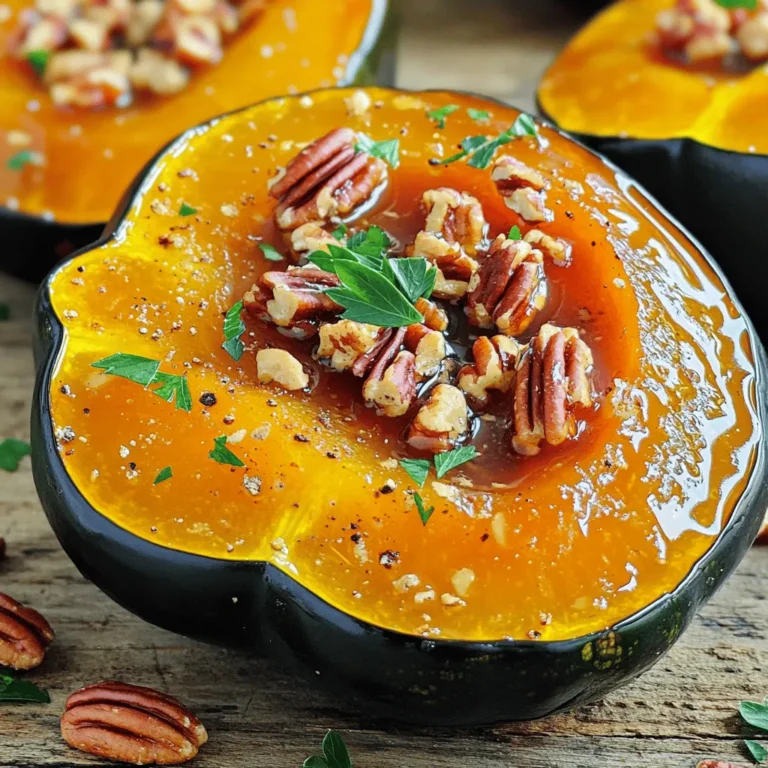 - 2 medium acorn squashes - 1/4 cup pure maple syrup - 2 tablespoons olive oil - 1 teaspoon ground cinnamon - 1/2 teaspoon nutmeg - Salt and pepper to taste - 1/4 cup chopped pecans (optional) - Fresh parsley for garnish For this dish, you need just a few simple items. The star is the acorn squash, which has a sweet and nutty flavor. The maple syrup adds a rich sweetness that pairs perfectly with the squash. The olive oil helps it roast well and adds a nice touch. To enhance the flavor, we use ground cinnamon and nutmeg. These spices add warmth and depth. You can also season with salt and pepper to taste. If you want a crunch, sprinkle chopped pecans inside the squash. They add texture and more flavor. Finally, fresh parsley gives a pop of color and a fresh taste when you serve the dish. When you gather these ingredients, think about the joy of cooking with fresh items. Each bite will be a delightful mix of sweet and savory. Enjoy this simple yet tasty recipe! 1. Preheat your oven to 400°F (200°C). This heat will help the squash roast evenly. 2. Take your medium acorn squashes. Slice them in half from stem to tip. Use a spoon to scoop out the seeds and stringy bits. This step makes room for the tasty glaze. 3. In a small bowl, whisk together these ingredients: - 1/4 cup pure maple syrup - 2 tablespoons olive oil - 1 teaspoon ground cinnamon - 1/2 teaspoon nutmeg - Salt and pepper to taste 4. Place your squash halves cut-side up on a baking sheet. Use parchment paper for easy cleanup. 5. Brush the maple glaze mixture generously over the cut sides of the squashes. Make sure they are well coated for full flavor. 6. If you want, sprinkle chopped pecans inside each squash half. This adds crunch and flavor. 7. Roast the squash in the preheated oven for about 35-40 minutes. You know they are ready when you can easily pierce them with a fork. 8. Halfway through roasting, brush a little more glaze over the squashes. This will give them an extra burst of flavor. 9. Once they are done, remove the squash from the oven. Let them cool for a few minutes. This helps with handling. 10. Garnish with fresh parsley before serving. It adds a nice pop of color and freshness. By following these steps, you'll create a savory delight that warms the soul. Enjoy your Maple Glazed Roasted Acorn Squash! To get even cooking, make sure your squash halves are the same size. If they are not, the larger pieces will take longer to cook. Roast them for about 35-40 minutes at 400°F. If your squashes are small, check them at 30 minutes. Adjust your time based on their size. When applying the glaze, brush it on generously. Make sure every cut side is well coated. For extra flavor, glaze them again halfway through cooking. You can also try other sweeteners like honey or agave syrup. These can add a different twist to the dish. Try adding spices like ginger or cloves for more depth. A dash of cayenne can bring heat to the sweet. For a sweet and savory mix, consider adding a pinch of garlic powder. You can also mix in herbs like rosemary for a fresh taste. {{image_2}} You can switch up the squashes to try new flavors. Butternut and spaghetti squash work well too. Each squash brings a unique taste and texture. If you're low on maple syrup, you can use honey or agave syrup. Both options add sweetness and a hint of flavor. If you want a vegan dish, swap the maple syrup for agave syrup. This keeps it plant-based and tasty. For gluten-free needs, this recipe is naturally gluten-free. Just be sure to check your label on any glaze ingredients. Pair maple glazed roasted acorn squash with protein like chicken or fish. It makes a great side that adds color and flavor. You can also chop it up for salads or grain bowls. It gives a sweet touch to dishes, making them more filling and fun. To keep your Maple Glazed Roasted Acorn Squash fresh, use airtight containers. Glass or plastic containers work well. Let the squash cool before storing. This helps avoid condensation. Place it in the fridge within two hours of cooking. It should stay fresh for up to four days. For the best texture, reheat the squash in the oven. Preheat your oven to 350°F (175°C). Place the squash on a baking sheet and cover it with foil. Heat for about 15-20 minutes until warm. You can also use the microwave. Heat in short bursts to avoid drying it out. If you want to freeze it, wrap each piece tightly in plastic wrap and then foil. It should keep for up to three months. When stored properly, the roasted squash lasts about four days in the fridge. If you freeze it, it can last up to three months. Signs of spoilage include a sour smell, discoloration, or a mushy texture. Always check before eating! To cut acorn squash safely, follow these steps: - Use a sharp knife: A sharp knife works best for clean cuts. - Stabilize the squash: Place the squash on a cutting board. Use a damp cloth under the board to prevent slipping. - Slice carefully: Cut the squash in half from the stem to the tip. Make sure to apply even pressure. Tools to use include: - A large chef's knife for cutting. - A spoon to scoop out the seeds and stringy flesh. Yes, you can prep this dish in advance. Here are some tips: - Cut and glaze: Cut the squash and apply the maple glaze. Store the halved squashes in the fridge for up to a day. - Roasting: Roast them right before serving for the best taste. Reheating tips for leftovers include: - Microwave: Heat in 30-second intervals until warm. - Oven: Reheat at 350°F (175°C) for about 10-15 minutes. For great side dishes, consider: - Quinoa salad: It adds a nice texture and flavor contrast. - Roasted Brussels sprouts: They pair well with the sweetness of the squash. Complete meal ideas include: - Serve with grilled chicken or turkey for a balanced meal. - Pair with a warm grain bowl for a hearty vegetarian option. You can make a delicious maple glazed acorn squash with just a few ingredients. Start with the squashes and glaze, followed by roasting and garnishing steps. Remember to consider tips for even cooking and flavor. You also learned about fun variations and storage advice. This dish is flexible and great for any meal. Enjoy your tasty creation, and get creative with how you serve it!